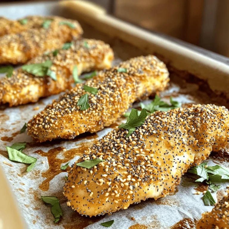 - 1 pound chicken tenders - 1 cup buttermilk - 1 cup all-purpose flour - 1/2 cup breadcrumbs - 1/4 cup sesame seeds - 1/4 cup poppy seeds - 2 tablespoons garlic powder - 2 tablespoons onion powder - 2 teaspoons dried dill - 2 teaspoons salt - 1 teaspoon black pepper - 1 teaspoon smoked paprika - Olive oil spray Everything Bagel Chicken Tenders start with two main ingredients: chicken tenders and buttermilk. The chicken gives you juicy bites. Buttermilk adds flavor and makes the chicken tender. Next, we have the coating components. This mix includes flour, breadcrumbs, sesame seeds, and poppy seeds. The flour gives crunch. The seeds add texture and that classic bagel taste. Then, we need seasonings. Garlic powder and onion powder boost flavor. Dried dill adds a fresh taste. Salt and pepper enhance every bite. Smoked paprika gives a nice, smoky touch. Finally, olive oil spray helps the tenders brown perfectly in the oven. Each ingredient plays a role in making your tenders flavorful and crunchy. Get ready to enjoy a tasty dish! First, you need to make the marinade. In a medium bowl, mix 1 cup of buttermilk with garlic powder, onion powder, salt, black pepper, and smoked paprika. Stir until it is smooth. Now, add 1 pound of chicken tenders to the bowl. Make sure each piece is coated well. Cover the bowl and refrigerate for at least 30 minutes. If you have time, let it marinate for up to 2 hours. This step makes the chicken tender and adds flavor. For the coating, get a large dish. In this dish, mix 1 cup of all-purpose flour, 1/2 cup of breadcrumbs, 1/4 cup of sesame seeds, and 1/4 cup of poppy seeds. Also, add dried dill and a pinch of salt. Use a fork to mix it well. This coating will give the tenders their crunch and flavor. While the chicken is marinating, you can get the oven ready. Set it to preheat at 400°F (200°C). Then, line a baking sheet with parchment paper. This helps with clean-up and keeps the chicken from sticking. Lightly spray the parchment with olive oil to help with browning. After marinating, take the chicken out of the fridge. Let excess marinade drip off each tender. Now, dredge each tender in the everything bagel coating. Press the mixture into the chicken to make sure it sticks well. Place each coated tender on the baking sheet, leaving space between them for even cooking. Once all the tenders are coated, spray the tops lightly with olive oil. This helps them brown nicely. Now, put the baking sheet in the oven. Bake for 20–25 minutes. Check that the chicken is golden brown and reaches an internal temperature of 165°F (75°C). After baking, let the tenders cool for a few minutes before serving. You can enjoy them plain, or try them with dipping sauces. Ranch and honey mustard work great for extra taste. To get that amazing crunch, press the coating onto the chicken. This helps it stick better. When you coat the chicken tenders, make sure to use your fingers. Press down firmly to help the mixture cling. This step is key for a great texture. Olive oil plays a big role too. A light spray on top of the coated tenders helps them brown. It also adds a nice flavor. Don't skip this step if you want a crisp finish. For the best taste, marinate your chicken tenders for at least 30 minutes. This time helps the chicken soak up all the yummy flavors. You can marinate them for up to 2 hours for even better results. Just remember, the longer you marinate, the more flavor you get. If you want extra flavor, add some herbs or spices to the buttermilk. A pinch of cayenne or a sprig of fresh dill can boost the taste. Cooking time can change based on the size of your chicken tenders. Thin tenders cook faster than thick ones. Check on them around 20 minutes to see how they are doing. If they look golden brown, it’s time to check the inside. Also, keep your oven's accuracy in mind. Some ovens can run hot or cool. Use an oven thermometer to ensure you get the right temperature for even cooking. This way, your chicken tenders will turn out perfectly every time. {{image_4}} You can spice up your tenders with cayenne or chili powder. Just add a teaspoon to the coating mix for heat. If you want fresh flavors, try using herbs like thyme or rosemary. Just chop them finely and mix them into the coating. This gives your tenders a unique twist and can change the taste completely. If you prefer using an air fryer, it's simple. Preheat your air fryer to 400°F (200°C). Place the coated tenders in a single layer and cook for 10-12 minutes. Flip halfway through to ensure even cooking. For a pan-fried version, heat oil in a skillet over medium heat. Cook the tenders for about 4-5 minutes on each side until golden and crispy. These chicken tenders pair well with many side dishes. Try serving them with crispy fries or a simple vegetable medley. For lighter options, consider a fresh salad. A mixed greens salad with a tangy vinaigrette balances the rich flavors of the tenders nicely. You can also add sliced cucumbers or tomatoes for extra crunch. To store leftovers, place the chicken tenders in an airtight container. This keeps them fresh. You can also wrap them tightly in plastic wrap. They will last in the fridge for about 3 to 4 days. After that, their taste and texture may change. You can freeze these tenders before or after baking. If you freeze them before cooking, just coat them and put them in a single layer on a baking sheet. Once frozen, transfer them to a freezer bag. If you freeze them after baking, let them cool first. They will stay good for up to 3 months. When you are ready to eat them, you can reheat them right from the freezer. To reheat, the oven works best. Preheat it to 350°F (175°C). Place the tenders on a baking sheet and warm them for about 10 to 15 minutes. This method helps keep them crispy. If you use a microwave, the tenders can get soggy. If you must use a microwave, heat them in short bursts. This way, they will not lose too much of their crunch. To marinate chicken tenders well, you need a good mix. Start with buttermilk. It makes the chicken tender and juicy. I like to add garlic powder, onion powder, salt, black pepper, and smoked paprika. These spices give flavor. Mix everything in a bowl and coat the chicken. Cover the bowl and chill it in the fridge for at least 30 minutes. For more flavor, you can marinate for up to 2 hours. This extra time allows the chicken to soak up all the tasty goodness. Yes, you can adapt this recipe for gluten-free needs. Instead of all-purpose flour, use a gluten-free flour blend. For the breadcrumbs, choose gluten-free options, or crush gluten-free crackers as a substitute. Make sure to check the labels on all your ingredients. This way, you avoid hidden gluten. With these swaps, you can enjoy the same crunch and flavor without worry. To ensure chicken tenders are cooked through, check their internal temperature. Use a meat thermometer for the best accuracy. The safe temperature for chicken is 165°F (75°C). Insert the thermometer into the thickest part of the tender. If it reads 165°F or higher, your chicken is done. If not, return it to the oven and check again in a few minutes. Dipping sauces can elevate your chicken tenders. I recommend ranch dressing for a classic taste. Honey mustard adds a sweet twist. Barbecue sauce brings a smoky flavor. You could also try buffalo sauce for heat. Each sauce brings its own fun to the meal. Experiment to find your favorite! This blog post covered how to make Everything Bagel Chicken Tenders, from ingredients to serving. You learned about marinating, coating, and baking for a tasty crunch. In summary, enjoy customizing flavors and experimenting with cooking methods. Keep these tips in mind for the best results. Happy cooking!