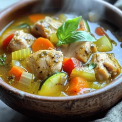 - 1 lb boneless, skinless chicken thighs - 1 medium onion, diced - 2 cloves garlic, minced - 2 medium carrots, sliced - 2 celery stalks, chopped - 1 bell pepper, diced - 1 zucchini, chopped - 1 can (14 oz) diced tomatoes - 4 cups chicken broth - 1 tablespoon olive oil - 1 teaspoon dried oregano - 1 teaspoon dried basil - Salt and black pepper to taste - 1 cup cooked orzo pasta (optional) - Fresh basil leaves for garnish - Additional spices like red pepper flakes - A splash of white wine for depth - Other vegetables like green beans or peas The ingredients for Sicilian Chicken Soup are simple yet flavorful. The main star is the chicken. I recommend using boneless, skinless chicken thighs. They add great flavor and tenderness. Diced onion and minced garlic bring a fragrant base to the soup. Then, we add sliced carrots, chopped celery, and diced bell pepper for sweetness and crunch. Zucchini adds a lovely texture. The canned diced tomatoes bring acidity and color. The chicken broth is essential for a rich, comforting base. Olive oil helps sauté the veggies. Dried oregano and basil add classic Italian flavor. Finally, salt and black pepper bring everything together. You can make the soup heartier by adding cooked orzo pasta. For extra flavor, consider adding a splash of white wine or red pepper flakes. You can also throw in other veggies like green beans or peas. These optional add-ins allow you to make the soup your own. Each choice enhances the overall taste and makes it truly special. How to properly chop vegetables Chopping vegetables is key for even cooking. Start with a sharp knife. Cut the ends off the carrots and peel them. Then slice them into thin rounds. For celery, cut off the tops and bottoms, then chop them into small pieces. The onion should be diced finely. To do this, cut it in half, peel it, and slice it into small squares. For bell peppers, remove the seeds and cut them into bite-sized pieces. Finally, chop the zucchini into small cubes. Best practices for cooking chicken For the chicken, I prefer using boneless, skinless thighs. They stay juicy and tender. Cut the chicken into small, even pieces. This helps them cook faster. Make sure to pat the chicken dry with a paper towel. This step helps achieve a nice sear when you cook them. Heat olive oil in a large pot Start by heating one tablespoon of olive oil in a large pot over medium heat. Wait until the oil shimmers, which means it’s ready. Sauté onions and garlic until fragrant Add the diced onion to the pot. Cook for about 3-4 minutes until the onion is soft and clear. Then, add the minced garlic. Stir it for one more minute until it smells great. Add vegetables and chicken, followed by tomatoes and broth Next, toss in the sliced carrots, chopped celery, and diced bell pepper. Cook these for about 5-6 minutes. The veggies should start to soften. Now, add the chicken pieces and cook for 5-7 minutes. Stir often so they brown nicely. Once the chicken is browned, pour in the can of diced tomatoes with juice, the chicken broth, and chopped zucchini. Add the dried oregano and basil. Stir everything well and bring it to a boil. Tips on simmering for optimal flavor After it boils, lower the heat to a gentle simmer. Cover the pot and let it cook for 20-25 minutes. This allows the flavors to mix and the chicken to become tender. When to add pasta (orzo) If you want to add orzo, do it during the last 10 minutes of cooking. Stir it in carefully to prevent sticking. If you don’t want orzo, just skip this step. Seasoning the soup to taste Before serving, taste the soup. Add salt and black pepper according to your preference. This step is crucial for bringing out the flavors. Serve the soup with fresh basil leaves on top for a bright finish. Seasoning is key to great soup. Start with salt and pepper when cooking the veggies. This brings out their natural flavors. When you add the chicken, season it again. This helps every bite taste good. Finally, taste the soup before serving. Adjust the salt and pepper as needed. For the right consistency, make sure to simmer your soup. This allows flavors to blend. If it's too thick, add more broth. If it’s too thin, let it cook a bit longer. You want a nice, hearty texture. Herbs and spices make your soup shine. Use dried oregano and basil for classic Sicilian taste. You can also add red pepper flakes for some heat. Fresh herbs, like parsley or thyme, can boost the flavor too. For garnishing, fresh basil leaves add color and a nice aroma. Consider serving with a wedge of lemon on the side. It brightens the soup and adds a fresh twist. One common mistake is overcooking the chicken. Chicken should be tender, not dry. Cook it just until it is no longer pink. Another mistake is skipping the sautéing steps. Sautéing the onions and garlic builds a flavor base. Don't rush this part. It makes the soup rich and warm. Following these tips will help you create a perfect bowl of Sicilian Chicken Soup. {{image_4}} You can change Sicilian chicken soup to fit your taste. Adding capers or olives gives it a salty kick. These ingredients add depth and make the soup more exciting. Some people use different broth bases, like vegetable broth. This change makes the soup lighter and still tasty. If you need gluten-free options, you can swap orzo for rice or quinoa. This keeps the soup hearty without the gluten. For a vegetarian version, use chickpeas and vegetable stock. This option is rich in protein and still filling. Using fresh, seasonal vegetables can enhance the flavor. In summer, add zucchini and tomatoes for brightness. In winter, root vegetables like parsnips and turnips work well. Adapt the recipe based on what's fresh in your area. This keeps the soup tasty all year long. To store your leftover Sicilian chicken soup, let it cool first. Transfer it to an airtight container. This keeps it fresh and tasty. The recommended duration for best freshness is about 3 to 4 days in the fridge. Always check for any off smells before reheating. Freezing is a great option if you want to save some soup for later. First, let the soup cool completely. Then, pour it into freezer-safe containers. Leave some space at the top for expansion. This soup can last in the freezer for about 2 to 3 months. When you’re ready to eat, thaw it overnight in the fridge. Reheat it on the stove over medium heat, stirring often. You can also use a microwave but stir it occasionally to ensure even heating. Pair your Sicilian chicken soup with crusty bread or a fresh salad. The bread is perfect for soaking up the broth. A simple side of roasted vegetables also works well. For drinks, consider a light white wine or sparkling water with lemon. These drinks complement the soup's flavors nicely. Can I make Sicilian Chicken Soup in a slow cooker? Yes, you can! Just brown the chicken and sauté the veggies first. Then, transfer everything to the slow cooker with the broth and tomatoes. Cook on low for 6-8 hours or on high for 4 hours. This method lets the flavors develop slowly. What is the best type of chicken to use for flavor? Boneless, skinless chicken thighs work best. They stay juicy and tender during cooking. You could use chicken breasts, but they may dry out. Thighs add depth to the soup and soak up the rich broth. What can I use instead of orzo pasta? If you want to skip orzo, try small rice or quinoa. Both will add heartiness. You can also use other small pasta shapes like ditalini or acini di pepe for a fun twist. How to substitute fresh herbs for dried herbs in the recipe? Use three times more fresh herbs than dried ones. For example, if the recipe calls for 1 teaspoon of dried oregano, use 3 teaspoons of fresh oregano. Fresh herbs brighten the soup and add a lovely aroma. How many calories are in Sicilian Chicken Soup? A serving of this soup has about 250 calories. This may vary based on added ingredients. If you include orzo, the calorie count will increase slightly. It’s still a healthy, filling meal. Is this soup suitable for meal prep? Yes, it is perfect for meal prep! The soup keeps well in the fridge for up to 3 days. You can also freeze it for up to 3 months. Just leave out the orzo if you plan to freeze it, then add it fresh when you reheat. What is the origin of Sicilian Chicken Soup? This soup comes from Sicily, an Italian island known for its rich food culture. It blends flavors from the sea and land. The use of fresh herbs and local veggies makes it special. How does Sicilian Chicken Soup differ from other chicken soups? Sicilian Chicken Soup has a unique twist with its use of local ingredients. The addition of tomatoes, zucchini, and olives gives it a Mediterranean flair. Other chicken soups might be simpler and less colorful. This blog covered everything you need for a great Sicilian Chicken Soup. We listed ingredients, gave step-by-step instructions, and shared helpful tips. Now you can create your own delicious version. Remember to play with flavors and add your twist. Whether it's seasonal veggies or a splash of wine, make it your own. Enjoy your cooking journey and share your soup with others! You’ll impress everyone with this warm and hearty meal.
