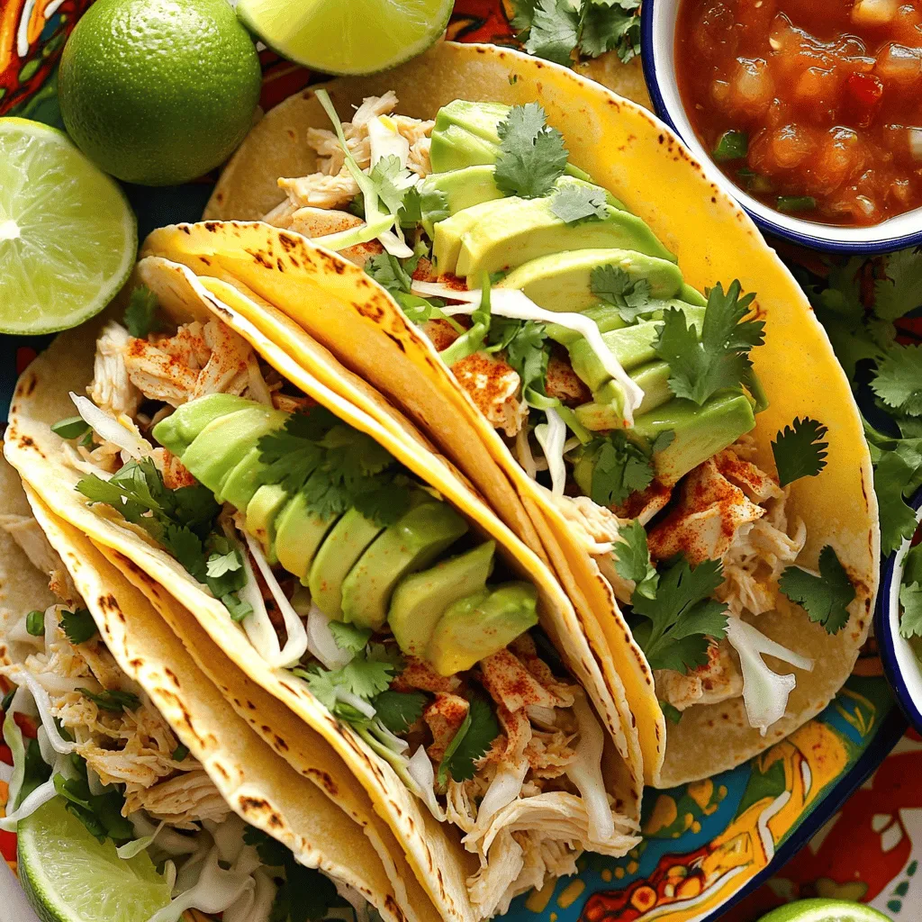 To make these tasty street style chicken tacos, gather the following main ingredients: - 2 large chicken breasts, diced into bite-sized pieces - 1 tablespoon high-quality olive oil - 1 teaspoon chili powder - 1 teaspoon ground cumin - 1 teaspoon garlic powder - 1 teaspoon onion powder - Salt and freshly ground black pepper to taste - 8 small, soft corn tortillas These ingredients create a flavorful base for your tacos. The spices add warmth and depth to the chicken, making each bite special. Now, let’s talk about the toppings. These add freshness and crunch: - 1 cup finely shredded cabbage (green or purple for color) - 1 ripe avocado, sliced into thin wedges - 1/2 cup fresh cilantro, roughly chopped - 1 lime, cut into wedges for serving - 1/2 cup salsa (choose your favorite store-bought brand or homemade) These toppings bring a burst of color and flavor. The creamy avocado and zesty lime juice brighten every taco. If you want to boost the flavor even more, consider these optional ingredients: - Diced jalapeños for a spicy kick - Crumbled queso fresco for a creamy touch - Pickled red onions for tanginess Feel free to mix and match these ingredients. Customize your tacos to suit your taste! Start by cutting the chicken breasts into bite-sized pieces. In a medium bowl, mix the chicken with olive oil, chili powder, ground cumin, garlic powder, onion powder, salt, and black pepper. Make sure every piece gets a good coat of the spices. This marinade adds great flavor and makes the chicken juicy. Heat a skillet on medium-high heat. Once hot, add the marinated chicken. Cook it for about 8 to 10 minutes. Stir the chicken occasionally to cook it evenly. You want it to be fully done and no longer pink inside. Once cooked, take it off the heat and set it aside. Now it's time to put together your tacos. First, warm the corn tortillas. You can use a skillet or a microwave. If using a skillet, heat them for about 30 seconds on each side. If using a microwave, heat them for 15 to 20 seconds. Once warm, take a tortilla and add a scoop of the cooked chicken in the center. Top it with shredded cabbage, a few avocado slices, and chopped cilantro. Add some salsa on top and a squeeze of lime juice for extra flavor. Repeat this with the rest of your ingredients until all tacos are ready. Enjoy the burst of flavors in every bite! To get real street food flavors, use fresh ingredients. Choose high-quality chicken and spices. The chili powder and cumin bring warmth and depth. Don't skip the lime; it adds brightness. A sprinkle of fresh cilantro gives a burst of flavor. Use soft corn tortillas for that classic taste. For more authenticity, grill the chicken instead of pan-frying it. Warming tortillas is key for soft, tasty tacos. You can use a skillet or microwave. For the skillet, heat it over medium. Place each tortilla for about 30 seconds on each side. This makes them warm and pliable. If you use the microwave, wrap a few in a damp paper towel. Heat them for 15-20 seconds. This keeps them soft and moist. Presentation makes a dish more inviting. Arrange tacos on a colorful platter. Add lime wedges around the edge for zest. Serve a bowl of salsa on the side for dipping. You can also sprinkle extra chopped cilantro on top. This adds color and freshness. These small touches make your tacos look and taste amazing. Enjoy! {{image_4}} You can change up the protein in your tacos. Try using beef, pork, or shrimp. Each meat offers a unique flavor and texture. For a lighter option, use grilled chicken thighs. You can also switch to shredded rotisserie chicken for a quick meal. Don’t forget about the spices; adjust them to match your chosen protein. Salsa is key for great tacos. You can make classic tomato salsa, but don't stop there! Try mango salsa for sweetness. Pineapple salsa adds a tropical twist. If you like heat, try a spicy tomatillo salsa. You can even blend avocados and garlic for a creamy sauce. Each salsa brings new tastes and fun to your tacos. You can make tasty tacos without meat! Try using black beans or lentils for protein. Grilled veggies like bell peppers and zucchini add flavor and crunch. For a heartier option, use jackfruit cooked in spices for a pulled "pork" feel. You can top these with all the same fresh toppings, too. These options show that tacos can be fun for everyone! Store your leftover chicken tacos in an airtight container. This keeps them fresh. Place the tacos in the fridge if you plan to eat them within three days. If you have chicken and toppings separate, they will last longer. To reheat, use a skillet over low heat. This warms the tacos evenly without drying them out. You can also microwave them. Heat in short bursts of 15 seconds. Check often to avoid overcooking. For longer storage, freeze your cooked chicken separately from the tortillas. Place the chicken in a freezer-safe bag. Remove as much air as possible before sealing. You can freeze the tortillas too, but wrap them tightly. Defrost in the fridge overnight before using. Street-style chicken tacos come from Mexico. Vendors sell them on busy streets. They use simple, fresh ingredients. This style of taco is known for its bold flavors. The cooking method is quick and easy, making it popular. People love the mix of spices and toppings. You get a taste of Mexican culture with every bite. Yes, you can use other meats. Beef, pork, or shrimp work great too. Just change the cooking time if needed. For beef, cook until it is brown. Pork should reach a safe internal temperature. Shrimp cooks faster, so watch them closely. Feel free to mix and match for fun flavors! Making homemade salsa is easy and fun. Here’s a quick recipe you can try: - 2 ripe tomatoes, diced - 1 small onion, chopped - 1 jalapeño, minced (remove seeds for less heat) - 1/4 cup fresh cilantro, chopped - Juice of 1 lime - Salt to taste Mix all ingredients in a bowl. Let it sit for about 10 minutes. This helps the flavors blend. You can adjust the heat level by adding more jalapeño or even some garlic. Enjoy your fresh salsa on those tasty tacos! You now have all the key steps to make delicious street-style chicken tacos. We covered the main ingredients, cooking techniques, and tasty toppings. Remember to explore variations for more flavor and fun. Don’t forget to store leftovers properly for later meals. Enjoy the unique tastes of street food in your kitchen. With practice, your tacos will impress friends and family. Dive in and enjoy the process of making these tasty treats!