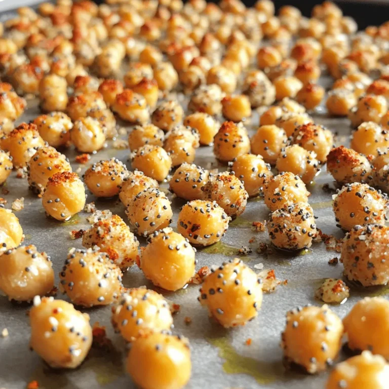 - 1 can (15 oz) chickpeas, thoroughly drained and rinsed - 2 tablespoons extra virgin olive oil - 2 tablespoons everything bagel seasoning - 1 teaspoon garlic powder - ½ teaspoon onion powder - Salt and freshly cracked black pepper to taste - Baking sheet - Parchment paper - Mixing bowl - Kitchen towels or paper towels To make crispy everything bagel roasted chickpeas, gather these ingredients first. The chickpeas serve as the base. Draining and rinsing them is key. This step removes extra salt and improves flavor. Next, you need the olive oil. It helps the spices stick and enhances crispiness. Everything bagel seasoning brings that classic flavor. Garlic and onion powders add depth. Finally, use salt and pepper to taste. For tools, start with a baking sheet. Lining it with parchment paper saves cleanup time. A mixing bowl helps combine your ingredients easily. Kitchen towels or paper towels will help dry the chickpeas. By preparing these items, you set yourself up for success in making this tasty snack. - Step 1: Preheat the Oven First, set your oven to 400°F (200°C). This heat will help the chickpeas get nice and crispy. Line a baking sheet with parchment paper to make cleanup easy and prevent sticking. - Step 2: Prepare the Chickpeas Take your can of chickpeas and drain them well. Rinse them under cold water. Spread the rinsed chickpeas on a clean towel. Gently pat them dry. This step is very important. If the chickpeas are wet, they won’t crisp up. - Step 3: Coat the Chickpeas In a large mixing bowl, add the dried chickpeas. Pour in two tablespoons of extra virgin olive oil. Toss the chickpeas gently until they are fully coated in oil. This helps the seasoning stick. - Step 4: Add Seasoning Now, sprinkle the everything bagel seasoning, garlic powder, onion powder, and a pinch of salt and pepper over the chickpeas. Mix well using your hands or a spatula. Make sure each chickpea gets a good amount of seasoning. - Step 5: Arrange for Roasting Transfer the seasoned chickpeas to the lined baking sheet. Spread them out in a single layer. Avoid crowding them; otherwise, they will steam and not roast. - Step 6: Roast Place the baking sheet in your preheated oven. Roast the chickpeas for about 25-30 minutes. Halfway through, give the pan a gentle shake. This helps them brown evenly. - Step 7: Cool and Enhance Crispiness When the chickpeas are golden brown and crispy, take them out of the oven. Let them cool on the baking sheet for a few minutes. They will get crunchier as they cool down. - Step 8: Serve and Enjoy Now it’s time to dig in! You can eat these crispy chickpeas as a snack or use them as a topping for salads or soups. They add a great crunch and flavor. Enjoy your delicious creation! To get the best crunch from your chickpeas, you need to dry them well. After rinsing, spread them on a towel. Pat them gently until no water remains. This step is key for crispiness. Next, set your oven to 400°F (200°C). This temperature helps the chickpeas roast perfectly. You can customize your everything bagel blend to suit your taste. Try adding more garlic or onion powder. You can also mix in spices like cayenne or paprika for some heat. This adds a nice kick and makes your chickpeas extra tasty. These crispy chickpeas pair well with salads and soups. Sprinkle them on top for added crunch. You can also enjoy them as a snack on their own. Serve them in a bowl or on a bed of greens for a pretty touch. They make every meal more fun and flavorful! {{image_4}} You can spice up your chickpeas in many ways. For a kick, use chili powder or cayenne. These spices add heat and flavor. If you love herbs, try oregano or thyme. These herbs bring a fresh taste. Feel free to mix and match. Find a blend that you love! If you are gluten-free, check your seasoning. Most everything bagel seasonings are safe. Just read the label. For vegan diets, this recipe is already vegan. The chickpeas and seasonings are plant-based. Enjoy these snacks without worry! Want to try something new? Swap chickpeas for other legumes like black beans or lentils. They will roast well too. You can also change the oil. Use avocado oil or coconut oil instead of olive oil. Each oil brings its own flavor. Experiment to find what you like best! Store your crispy chickpeas in an airtight container. This keeps them fresh for longer. I recommend using a glass jar or a plastic container with a tight lid. Proper storage helps maintain their crunch. The roasted chickpeas last about 3 to 5 days at room temperature. After that, they may lose their crispiness. To bring back the crunch, reheat your chickpeas in the oven. Preheat your oven to 350°F (175°C). Spread the chickpeas on a baking sheet and heat for about 10 minutes. This method ensures they regain their texture. You can also use a microwave, but this may make them softer. If you choose the microwave, heat them for just a minute or two. Yes, you can freeze roasted chickpeas! Place them in a freezer-safe bag. Make sure to remove as much air as possible before sealing. They can last up to 3 months in the freezer. To thaw, take the bag out and let it sit at room temperature for a few hours. For best results, reheat them in the oven after thawing. This keeps them crispy and tasty. Roasted chickpeas can last for about 1 week when stored correctly. Keep them in an airtight container at room temperature. They may lose some crispiness but will still taste great. If you want to keep them fresh longer, consider refrigerating them. This can extend their life to about 2 weeks. Yes, you can use fresh chickpeas. However, they must be cooked first. Fresh chickpeas need to be soaked overnight and boiled until tender. This process takes more time than using canned chickpeas, which are ready to go. You should use canned chickpeas for this recipe. They are pre-cooked, making the process quick and easy. Look for chickpeas that are low in sodium for a healthier option. If you prefer, you can use dried chickpeas after cooking them. Yes, crispy roasted chickpeas are a healthy snack. They are high in protein and fiber, which helps keep you full. The healthy fats from olive oil add flavor without too many calories. Plus, they are a great alternative to chips or other snacks. Yes, you can use an air fryer! Set it to 400°F (200°C) and cook for about 15-20 minutes. Shake the basket halfway through to ensure even cooking. The air fryer gives a great crispy texture and is faster than the oven. You can make your own blend if you don’t have everything bagel seasoning. Combine equal parts sesame seeds, poppy seeds, garlic powder, and onion powder. Add a pinch of salt for flavor. You can also try other spices like smoked paprika or chili powder for a different kick. Roasting chickpeas is easy and fun. You start with simple ingredients and tools. Preheat the oven and prepare your chickpeas. Coat them with olive oil and seasonings. Roast until crispy and enjoy them as a snack or topping. Remember, crispiness relies on drying the chickpeas well. You can customize the flavors to suit your taste. Try different seasonings or beans for variety. Whether serving them fresh or storing them, roasted chickpeas are a healthy choice. Explore these tips and enjoy your crunchy creations!