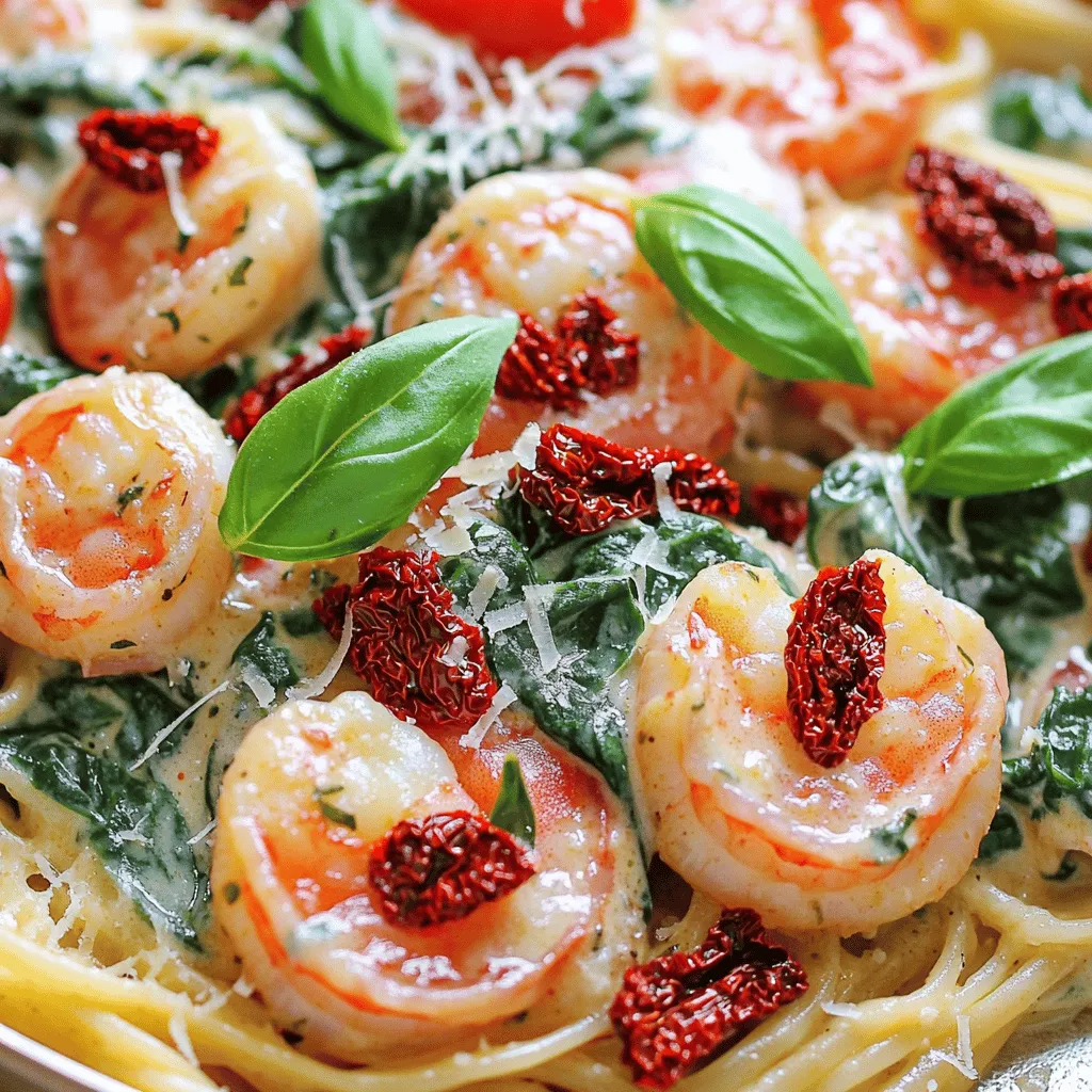 - Shrimp: 1 pound large, peeled and deveined - Olive Oil: 2 tablespoons - Garlic: 3 cloves, finely minced - Cherry Tomatoes: 1 cup, halved - Sun-Dried Tomatoes: 1/2 cup, chopped - Heavy Cream: 1 cup - Chicken Broth: 1/2 cup, low-sodium - Spinach: 1 cup, chopped - Red Pepper Flakes: 1/2 teaspoon (optional) - Salt and Black Pepper: to taste - Parmesan Cheese: 1/2 cup, freshly grated - Fresh Basil: for garnish To make creamy Tuscan shrimp, you need fresh ingredients. Start with large shrimp. They should be peeled and deveined. This saves time and makes eating easier. Olive oil adds flavor and helps cook the shrimp. Garlic brings a rich aroma. Use fresh garlic, finely minced for the best taste. Cherry tomatoes add sweetness and color. Sun-dried tomatoes give a unique flavor. Heavy cream creates a rich sauce. Chicken broth adds depth to the dish. Fresh spinach adds color and nutrients. Red pepper flakes can give a little heat. Salt and black pepper enhance all the flavors. Finally, use freshly grated Parmesan cheese. It melts beautifully and adds creaminess. Garnish with fresh basil to brighten the dish. These ingredients come together to create a flavorful meal. You can adjust the amounts based on your taste. Enjoy cooking! - Step 1: Heat 2 tablespoons of olive oil in a skillet over medium heat. - Step 2: Add 1 pound of shrimp, seasoned with salt and black pepper. Cook shrimp for 2-3 minutes on each side. The shrimp should turn pink and opaque. Once done, remove the shrimp and place them on a plate. - Step 3: In the same skillet, sauté 3 cloves of finely minced garlic for about 30 seconds. You want it fragrant but not brown. - Step 4: Add 1 cup of halved cherry tomatoes and 1/2 cup of chopped sun-dried tomatoes. Cook for 3-4 minutes to soften them. - Step 5: Pour in 1/2 cup of low-sodium chicken broth. Raise the heat slightly and let it simmer for 2 minutes. - Step 6: Lower the heat and stir in 1 cup of heavy cream and 1/2 cup of freshly grated Parmesan cheese. Mix until the sauce is creamy and smooth. - Step 7: Toss in 1 cup of roughly chopped spinach and 1/2 teaspoon of red pepper flakes, if you like a bit of heat. Cook for another 2-3 minutes until the spinach wilts. - Step 8: Add the cooked shrimp back to the skillet. Toss gently to coat with the creamy sauce. Heat everything for 1-2 minutes until warmed through. - Step 9: Taste the dish and adjust the seasoning with more salt and pepper if needed. To avoid overcooking shrimp, cook them just until they turn pink. This takes about 2-3 minutes per side. If you see them start to curl, they are done. Overcooked shrimp become tough and rubbery, which no one wants. Seasoning at each step is key. Start with salt and pepper when cooking shrimp. This adds flavor right from the start. When you add garlic and tomatoes, season again. The more layers of flavor, the better your dish will taste! For extra flavor, consider adding spices like oregano or thyme. These herbs pair well with the creamy sauce. You can also try a pinch of smoked paprika for a smoky touch. If you want to mix up the cheese, try using goat cheese or feta. These cheeses add a different taste and texture. They can make your creamy Tuscan shrimp even more exciting! For side dishes, serve creamy Tuscan shrimp over al dente pasta or fluffy rice. The creamy sauce clings to these well, making every bite delicious. You can also serve it with crusty bread to soak up the sauce. When it comes to wine, a crisp white wine like Sauvignon Blanc works best. Its bright acidity balances the richness of the dish. A light Pinot Grigio also pairs nicely and enhances the meal experience. {{image_4}} If you want gluten-free options, serve the creamy Tuscan shrimp over zucchini noodles or rice. Both choices keep the dish light and tasty. For a dairy-free creamy sauce, use coconut milk instead of heavy cream. It adds a different twist and still tastes delicious. You can swap shrimp for scallops or even white fish. Both options give the dish a new flavor. For a fresh touch, add seasonal veggies like asparagus or bell peppers. These not only add color but also boost the nutrition. To enhance the taste, add lemon zest before serving. It brightens up the dish and adds a lovely zing. You can also try fresh herbs like oregano or thyme. These add depth and make your creamy Tuscan shrimp even more delightful. To keep your creamy Tuscan shrimp fresh, refrigerate leftovers right away. Use airtight containers to prevent air from spoiling your dish. Glass containers work best, but any sealable plastic container is fine. Make sure the shrimp cool down a bit before sealing the container. This helps keep the shrimp juicy and prevents condensation inside. If you want to save your creamy Tuscan shrimp for later, freezing is a great option. First, let the dish cool completely. Then, place it in a freezer-safe container. Be sure to leave some space at the top for expansion. To reheat, let it thaw in the fridge overnight. When ready, warm it gently on low heat. Stir often to keep the sauce creamy. Avoid using high heat, as it can make the dish grainy. In the fridge, your creamy Tuscan shrimp lasts about 3-4 days. For the freezer, it can stay good for up to 2 months. Check for signs of spoilage before eating. If you see any off-smells, discoloration, or changes in texture, it’s best to toss it. Remember, when in doubt, throw it out! Can I make creamy Tuscan shrimp ahead of time? Yes, you can make creamy Tuscan shrimp ahead. Cook the shrimp and sauce, then store them in the fridge. When ready to serve, reheat gently on the stove. This helps keep the shrimp tender and the sauce creamy. What can I substitute for heavy cream? If you need a substitute for heavy cream, use half-and-half or coconut milk. You can also blend silken tofu with a bit of milk. These options still create a rich sauce. How do I achieve the best texture for shrimp? To get the best texture for shrimp, avoid overcooking. Cook shrimp just until they turn pink and opaque, about 2-3 minutes per side. This keeps them juicy and tender. What thickness should the creamy sauce be? Aim for a sauce that is thick enough to coat the back of a spoon. If it is too thin, let it simmer longer to reduce. If it is too thick, add a splash of chicken broth or milk to reach the desired consistency. What can I serve with creamy Tuscan shrimp? Creamy Tuscan shrimp pairs well with pasta, rice, or crusty bread. You can also serve it over zucchini noodles for a lighter option. Add a fresh green salad on the side for balance. Can I make this dish spicy? Absolutely! To make it spicy, add red pepper flakes. You can also use fresh diced jalapeños or a dash of hot sauce. Adjust the spice level to your taste. This creamy Tuscan shrimp recipe combines fresh ingredients and simple steps. You learned how to cook shrimp perfectly and prepare a flavorful sauce. Tips and variations help you make this dish your own. Store leftovers properly to enjoy another day. I hope you try this recipe soon and delight in every bite. Simple, tasty meals like this make cooking fun and easy. Enjoy your culinary adventure!
