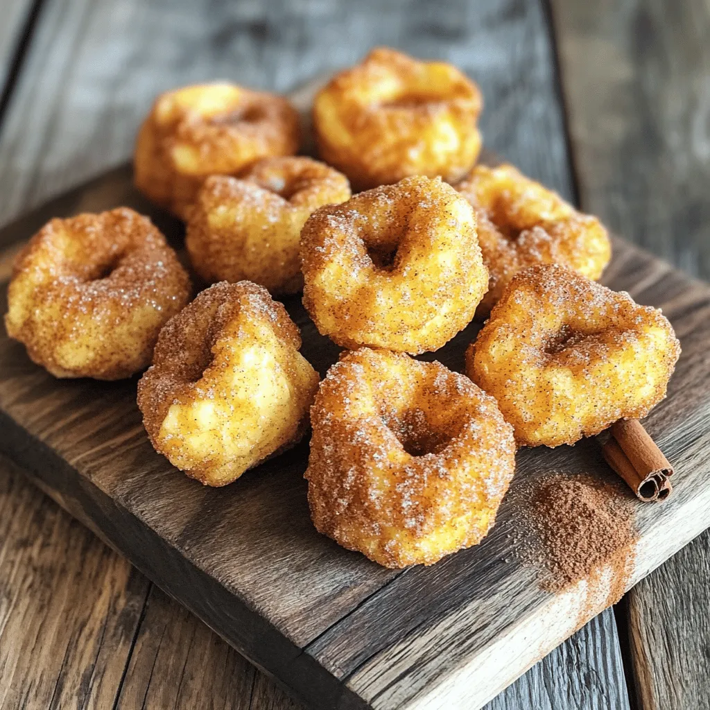 To make air fryer churro bites, you need the following ingredients: - 1 cup all-purpose flour - 1/2 cup water - 2 tablespoons granulated sugar - 1/2 teaspoon salt - 1 tablespoon vegetable oil - 1/2 teaspoon ground cinnamon - 2 teaspoons baking powder - 1/4 cup melted butter (for coating) - Additional sugar and cinnamon for dusting You can swap some ingredients if needed: - Use whole wheat flour instead of all-purpose flour for a healthier option. - Replace the vegetable oil with coconut oil for added flavor. - If you want a sugar-free version, try using a sugar substitute in place of granulated sugar. You will need a few tools to make these tasty bites: - Medium saucepan - Wooden spoon - Piping bag with a star tip - Air fryer - Parchment paper - Bowl for mixing sugar and cinnamon These ingredients and tools will help you create delicious churro bites with ease. You’ll love how simple and fun this recipe is! To start, grab a medium saucepan. In it, mix 1/2 cup water, 2 tablespoons sugar, 1/2 teaspoon salt, and 1 tablespoon vegetable oil. Heat this over medium heat until it boils. When it reaches a rolling boil, take it off the heat. Now, stir in 1 cup all-purpose flour and 2 teaspoons baking powder. Use a wooden spoon to mix until a dough forms. Let it cool for about 5 minutes. Once the dough is cool enough to touch, it’s time to pipe. Get a piping bag and fit it with a star-shaped tip. Scoop the dough into the bag. Preheat your air fryer to 350°F (175°C). Line the air fryer basket with parchment paper. This helps the churros not stick. Now, pipe bite-sized pieces of dough into the basket. Make sure to space them out. Cook the churro bites in the air fryer for about 8-10 minutes. Look for them to puff up and turn golden brown. Keep a close eye on them. You don’t want to overbake. While they cook, mix equal parts of sugar and cinnamon in a bowl for the dusting. When they’re done, take them out and toss them in melted butter. Then, roll each bite in the cinnamon sugar mix. Enjoy your tasty treats! To get churro bites that are fluffy inside and crispy outside, follow these tips: - Use the right amount of water. Too much can make the dough runny. - Make sure your air fryer is properly preheated. This helps the dough puff up nicely. - Keep the dough cool before piping. Warm dough can spread too much. - Pipe small, even bites. This ensures they cook evenly. Common mistakes can lead to churros that are not quite right. Here’s how to avoid them: - Don’t skip the parchment paper. It helps prevent sticking and makes cleanup easy. - Watch the cooking time. Overbaking can make churros dry. Stay close and check often. - Don’t overcrowd the basket. Give each churro bite room to puff and brown. Serving churro bites can be fun and creative. Here are some ideas: - Serve warm on a decorative plate. Dust them with extra cinnamon sugar for flair. - Pair with a small bowl of chocolate ganache. This adds a rich, sweet dip. - Try dulce de leche for a creamy contrast. It complements the cinnamon flavor well. - You can even add a scoop of vanilla ice cream for a delightful dessert twist. {{image_4}} You can change the flavor of your churro bites with different coatings. Instead of the classic cinnamon sugar, try adding cocoa powder for a chocolate twist. Or mix in some nutmeg for a warm, spicy kick. For a fun twist, use crushed nuts like almonds or pecans. They add a nice crunch. You can even coat the churro bites in toasted coconut for a tropical vibe. Flavored churro bites are a great way to mix things up. Add vanilla extract or almond extract to the dough for a deeper flavor. You can also fold in chocolate chips or even caramel bits for a sweet surprise. If you love citrus, try adding some lemon or orange zest. This adds a fresh taste that brightens the churro bites. Serving your churro bites can be just as fun as making them. Try serving them on a colorful plate for an eye-catching look. A small bowl of chocolate ganache or dulce de leche makes a great dip. You can also serve them with whipped cream or a scoop of ice cream. For a healthier option, consider fresh fruit like strawberries or apple slices. A drizzle of honey or maple syrup adds a sweet touch too. I recommend placing leftover churro bites in an airtight container. This keeps them fresh. You can store them at room temperature for up to two days. If you want them to last longer, put them in the fridge. They will stay good for about a week when chilled. To reheat churro bites, preheat your air fryer to 350°F (175°C). Place the bites in the basket for about 3-5 minutes. This will help them regain their crispiness. You can also use a microwave, but they may not be as crunchy. Microwave them for about 10-15 seconds at a time until warmed. If you have many churro bites, freezing is a great option. First, let them cool completely. Next, place them in a single layer on a baking sheet. Freeze them for about an hour. After they are frozen, transfer them to a freezer-safe bag. They can be kept in the freezer for up to three months. When ready to eat, reheat directly from frozen in your air fryer. Yes, you can make churro bites without an air fryer. You can use a deep fryer or bake them in the oven. If you choose to deep fry, heat oil in a pot to 350°F (175°C). Carefully drop in the dough pieces and fry until golden brown. If baking, preheat your oven to 375°F (190°C) and place the dough on a lined baking sheet. Bake for about 12-15 minutes or until they are golden brown. Churro bites are done when they puff up and turn golden brown. In an air fryer, this usually takes about 8-10 minutes. Keep an eye on them as they cook. If they are still pale after 10 minutes, give them a few more minutes. You can also check by inserting a toothpick. If it comes out clean, they are done. You can store leftover churro dough in the fridge for a day or two. Wrap it tightly in plastic wrap and place it in an airtight container. If you want to keep it longer, freeze it. Just shape it into small balls, then freeze. When you are ready to use it, thaw in the fridge overnight, then pipe and fry or bake as usual. You learned how to make churro bites from scratch. We covered everything from ingredients to cooking tips. Remember, using the right tools makes a big difference. Don't forget to experiment with flavors and coatings for fun twists. Store any leftovers properly to enjoy later. Churro bites are versatile, so get creative with dips and serving ideas. You can even make them without an air fryer! Enjoy your delicious churro bites and share them with friends!