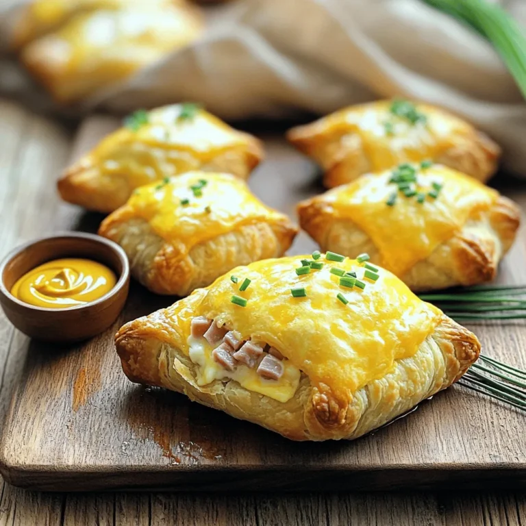- 1 sheet of puff pastry, thawed - 1 cup deli ham, diced - 1 cup shredded cheese (cheddar or Gruyère) - 1 tablespoon Dijon mustard - 1 egg, beaten (egg wash) - Salt and black pepper to taste - Fresh chives for garnish - Baking sheet - Parchment paper - Mixing bowl - Pastry brush To start, gather your ingredients. You need just a few simple items to create these tasty ham and cheese puffs. Make sure your puff pastry is thawed before you begin. It should feel soft and pliable, making it easy to work with. Next, for the filling, choose your cheese. Cheddar gives a sharp taste, while Gruyère adds a rich, nutty flavor. Deli ham adds a savory touch; diced pieces mix well with cheese and mustard. The mustard not only adds flavor but also helps bind the filling. You will need a few tools as well. A baking sheet lined with parchment paper keeps your puffs from sticking. A mixing bowl is essential for combining your filling ingredients. A pastry brush helps spread the egg wash for that golden finish. With your ingredients and tools ready, you are set to create a delicious snack. First, preheat your oven to 400°F (200°C). This step is key for getting the perfect puff. Next, line a baking sheet with parchment paper. This helps the puffs not stick. On a lightly floured surface, roll out the thawed puff pastry. This will create a smooth texture. Use a knife or pizza cutter to cut the pastry into 4 equal squares. In a mixing bowl, combine 1 cup of diced deli ham, 1 cup of shredded cheese, and 1 tablespoon of Dijon mustard. Mix these ingredients well for a balanced flavor. Season the mixture with salt and black pepper to taste. This enhances the overall taste and brings out the flavors. Take each pastry square and place about a tablespoon of the filling in the center. Be careful not to overfill, as this can lead to a mess. Fold each corner of the pastry square towards the center. This creates a pocket that holds the filling. Press the edges firmly to seal, making sure no filling escapes during baking. Using a pastry brush, coat the tops of the filled puffs with the beaten egg. This gives them a lovely golden color. Place the sealed pastries on the prepared baking sheet, leaving space between them. Bake in the preheated oven for about 15 to 20 minutes. Keep an eye on them until they are puffed and golden brown. After baking, let them cool for a few minutes before serving. Optionally, sprinkle with finely chopped chives for a fresh touch. - How to avoid overfilling: When you add the filling, use only a tablespoon. Too much filling makes sealing hard. Ensure the edges are clear so they can stick well. This keeps the filling inside while baking. - Tips for achieving golden color: Use the beaten egg wash on top of each puff. This gives a shiny, golden look. Bake them until they are puffed and brown. Keep an eye on them in the oven to catch the perfect color. - Best ways to present Ham & Cheese Puffs: Place your puffs on a lovely platter. A wooden board adds charm. You can sprinkle chives on top for color. This makes your dish look fresh and inviting. - Recommended dips and sides: Serve with a small bowl of Dijon mustard for dipping. It adds a kick to each bite. Pair with a light salad or fresh veggies for a balanced meal. Enjoy the mix of flavors! {{image_4}} You can switch up the cheese in your puff pastry. Instead of cheddar or Gruyère, try these: - Mozzarella: This cheese melts well and adds a nice stretch. - Fontina: A creamy choice that brings a rich flavor. - Goat Cheese: Adds a tangy taste and creamy texture. Each of these cheeses brings a unique twist, making your dish even more delightful. Enhance your ham and cheese puffs with extra flavors. Here are some fun ideas: - Spinach: Fresh or sautéed spinach adds color and nutrition. - Mushrooms: Use cooked mushrooms for an earthy taste. - Red Peppers: Chopped roasted red peppers give a sweet flavor. - Fresh Herbs: Basil or parsley can brighten your dish. These add-ins elevate your puffs and make them even more enjoyable. If you need a gluten-free option, there are great substitutes for puff pastry. Consider using: - Gluten-free phyllo dough: This option has a similar flaky texture. - Almond flour pastry: A nutty flavor that is gluten-free and tasty. - Store-bought gluten-free puff pastry: Many brands offer a ready-to-use option. These alternatives let everyone enjoy this savory delight without worry. To keep your Ham & Cheese Puff Pastry fresh, place the leftovers in an airtight container. This helps prevent them from drying out. If you don’t have a container, you can wrap each puff tightly in plastic wrap. Store them in the fridge for up to three days. Avoid stacking them to keep their shape intact. When you want to enjoy your leftovers, you can reheat them easily. The best way is to use an oven. Preheat your oven to 350°F (175°C). Place the puffs on a baking sheet. Heat them for about 10-15 minutes or until they feel warm and crispy again. You can also use an air fryer at 350°F for a quick reheat. This keeps the puff pastry nice and flaky. Avoid using a microwave, as it can make them soggy. Yes, you can prepare these puffs in advance. Here are some tips: - Prepare the filling: You can mix the ham, cheese, and mustard a day ahead. - Assemble: Fill and fold the pastries, but don’t bake them yet. - Store: Keep them in the fridge, covered with plastic wrap. - Bake later: When ready, bake them straight from the fridge. Just add a few minutes to the baking time. For the best flavor, use good quality deli ham. Here are some options: - Honey ham: Adds a sweet touch. - Black forest ham: Gives a rich, smoky flavor. - Smoked ham: Offers a deep, savory taste. Choose the one you love most for your puff pastry! Yes, you can freeze these tasty puffs! Follow these steps for best results: - Unbaked puffs: Assemble them, then freeze before baking. - Wrap well: Use plastic wrap or a freezer bag to prevent freezer burn. - Bake from frozen: When ready, bake them without thawing. Just add a few extra minutes to the baking time. This way, you’ll have a quick snack ready whenever you want! You learned how to make Ham & Cheese Puffs from simple ingredients. Using puff pastry, ham, and cheese, you can create tasty snacks. Remember to follow the steps for preparing, filling, and baking. Tips for perfecting your puffs and storage info will help you succeed. Feel free to get creative with cheese or add veggies. Whether serving them at a party or enjoying a snack, these puffs are sure to impress. Happy cooking!