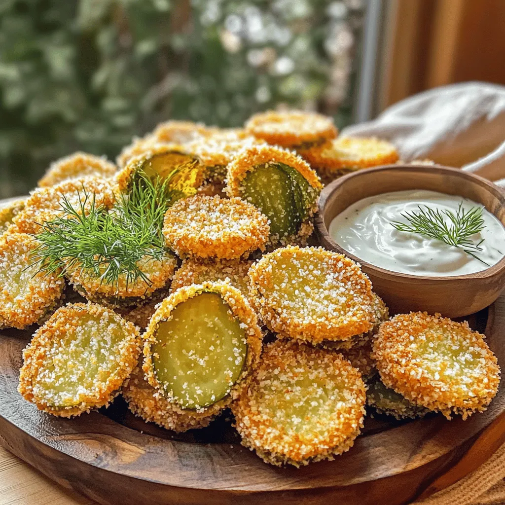 - 1 jar dill pickles (approximately 16 oz), drained and sliced - 1 cup all-purpose flour - 2 large eggs - 1 cup breadcrumbs (panko is preferred for an extra crunchy texture) - 1 tablespoon garlic powder - 1 tablespoon onion powder - 1 teaspoon smoked paprika - 1/2 teaspoon cayenne pepper (adjust according to your spice preference) - 1/2 teaspoon salt - Cooking spray Each ingredient plays a role in creating that perfect crunch. The flour gives a base layer, while the eggs help the crumbs stick. The panko adds that extra crunch we love. For spices, garlic and onion powder add flavor, while smoked paprika adds depth. The cayenne brings heat, and salt balances everything. If you're out of dill pickles, you can use bread and butter pickles for a sweeter taste. Instead of panko, regular breadcrumbs work, but they won't be as crunchy. If you need a gluten-free option, use almond flour or a gluten-free breadcrumb. For eggs, a flaxseed mixture can work as a vegan alternative. Just remember, substitutions can change the flavor and texture slightly. To start, grab your jar of dill pickles. Drain the jar well and slice the pickles into rounds. This helps them cook evenly. Then, place the slices on a paper towel. Pat them dry gently to remove extra moisture. This step is key for crispiness later. Next, let’s make the coating. In a shallow bowl, mix 1 cup of all-purpose flour with garlic powder, onion powder, smoked paprika, cayenne pepper, and salt. This seasoned flour adds flavor. In another bowl, crack two large eggs and whisk them well. This will be your egg wash. Then, pour panko breadcrumbs into a third bowl. Now, take a pickle slice and dip it in the seasoned flour first. Shake off any excess flour. This helps the egg stick. Next, dip the floured pickle into the egg wash, covering it fully. Let any extra egg drip off. Finally, roll the pickle slice in the breadcrumbs. Press down gently to make sure the crumbs stick well. Preheat your air fryer to 400°F (200°C) for about 5 minutes. This ensures a nice cooking environment. While it heats up, spray the air fryer basket lightly with cooking spray. This helps the pickles not stick. Place the breaded pickles in a single layer. Don’t overcrowd them; this makes them cook unevenly. You may need to fry in batches. Lightly spray the tops of the pickles again with cooking spray. Cook the pickles for 8-10 minutes. Flip them halfway through. This ensures they turn golden brown and crispy all over. When done, carefully take them out and let them cool slightly before serving. To get your fried pickles crispy, follow these steps. First, make sure to pat the pickles dry. This removes extra moisture. Next, use panko breadcrumbs. They add extra crunch. When coating, shake off excess flour and egg. This ensures the layers stick well. Lastly, spray the breaded pickles lightly with cooking spray before air frying. This will help them crisp up beautifully. Avoid these common mistakes for perfect pickles. Don’t skip drying the pickles; moisture ruins crispiness. Also, don’t overcrowd the air fryer basket. If you pile them in, they steam instead of fry. Flip the pickles halfway through cooking for even browning. Lastly, don’t skip the cooking spray. It’s key for that golden crust! For the best results, preheat your air fryer to 400°F (200°C) for 5 minutes. Cook the pickles for 8-10 minutes. Flip them halfway for even crispness. Keep an eye on them toward the end. Once they are golden brown, they are ready to eat! If you're cooking in batches, keep the first ones warm in the oven. This way, all your fried pickles are hot and ready to enjoy at once. {{image_4}} You can change the breading for your crispy fried pickles. Instead of plain breadcrumbs, try using crushed cornflakes. This gives them a fun crunch. You can also use seasoned breadcrumbs for extra flavor. If you want a lighter option, try using almond flour or chickpea flour. Each option gives a unique taste and texture. Seasoning is key for great flavor. You can add more spices to the flour mix. Try adding Italian seasoning for a herb twist. For a zesty kick, mix in lemon zest. You can also use curry powder for a bold flavor. Feel free to experiment and find your favorite blend. Dipping sauces can change the whole experience. Ranch dressing is a classic choice. For a spicy option, mix sriracha with mayo. You can also try a sweet and sour sauce for balance. If you love heat, a spicy mustard is great. Test different sauces to find what you love best! To store leftover fried pickles, let them cool completely. Place them in an airtight container. Keep them in the fridge for up to three days. To keep them crispy, avoid stacking them too high. For the best results when reheating, use your air fryer. Preheat it to 375°F (190°C). Lay the pickles in a single layer. Heat for about 4-5 minutes. This method keeps them crispy and tasty. You can also use the oven. Set it to 400°F (200°C) and bake for 5-7 minutes. To freeze fried pickles, let them cool fully. Place them in a single layer on a baking sheet. Freeze for about an hour until solid. Then, transfer them to a freezer bag or container. They can last up to three months in the freezer. When ready to eat, thaw them in the fridge overnight and reheat in the air fryer. You can add more cayenne pepper to the flour mix. Start with one teaspoon. If you want a real kick, try adding some hot sauce to the egg wash. This gives your fried pickles extra heat and flavor. You can also sprinkle some chili powder on top after cooking for an extra punch. Yes, you can use sweet pickles if you prefer a sweeter taste. Sweet pickles will change the flavor profile. They will not be as tangy, but they can still be delicious. Enjoy them with a creamy dip to balance the sweetness. I love serving fried pickles with ranch dressing or spicy dipping sauce. You can also add a sprinkle of fresh dill on top for flavor and garnish. Pair them with a cold drink for a perfect snack or appetizer. Fried pickles last about 3 to 4 days in the fridge. Place them in an airtight container to keep them fresh. However, they are best enjoyed right after cooking for maximum crispiness. You can find the full recipe in the earlier section of this article. It includes all the steps and ingredients to make crispy air fryer fried pickles at home. Enjoy cooking this tasty snack! This guide covered everything you need for tasty air fryer fried pickles. We discussed ingredients, how to prepare them, and tips for perfect results. Remember to try different breading and seasonings to make them your own. Store any leftovers properly to keep them fresh. Fried pickles are versatile and fun to make. With these steps, you can enjoy crispy, flavorful snacks anytime. Enjoy the process and taste the results!