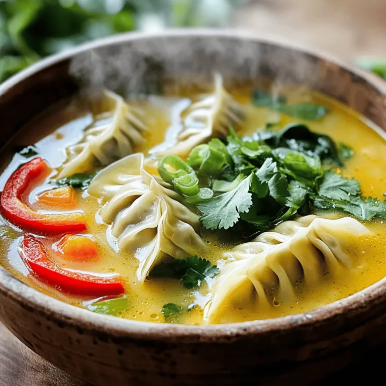 - 1 package (about 20) frozen potstickers (chicken or vegetable) - 4 cups chicken or vegetable broth - 1 medium onion, finely chopped - 2 cloves garlic, minced - 1 tablespoon ginger, grated - 1 red bell pepper, sliced - 1 cup baby spinach - 1 tablespoon soy sauce (or tamari for gluten-free) - 1 tablespoon fish sauce - 1 tablespoon lime juice - 1 teaspoon chili paste (adjust to spice preference) - Fresh cilantro for garnish - 2 green onions, sliced for garnish - Salt and pepper to taste Let’s dive into the key elements of this soup. First, you can use frozen potstickers for speed and ease. Choose chicken or vegetable potstickers based on your taste. The broth forms the heart of the soup. Use chicken or vegetable broth for a rich flavor. Next, we have the aromatics: onion, garlic, and ginger. Chop the onion finely for a sweet taste. Mince the garlic for a strong kick. Grate the ginger to add warmth and depth. The soup gets color and crunch from red bell pepper and baby spinach. Slice the bell pepper thinly, so it cooks evenly. Add the baby spinach at the end for a fresh touch. For seasoning, soy sauce and fish sauce add umami. Lime juice brightens the flavor, while chili paste gives it a kick. Finally, don’t forget the garnishes. Fresh cilantro and green onions bring a burst of freshness. These ingredients create a soup that is vibrant and comforting. 1. Cooking the aromatics: onion, garlic, and ginger Heat a splash of oil in a large pot over medium heat. Once hot, add the finely chopped onion. Sauté for about 3 minutes until the onion is soft and clear. Then, add the minced garlic and grated ginger. Stir for 1 minute, letting the garlic and ginger fill your kitchen with their lovely smell. 2. Simmering the broth and adding vegetables Next, pour in 4 cups of chicken or vegetable broth. Bring this mixture to a gentle simmer. This broth forms the tasty base of your soup. Add the sliced red bell pepper next. Let it simmer for 5 minutes. This gives the pepper time to soften and add flavor to the broth. 3. Cooking the potstickers in the broth Carefully add the frozen potstickers to the pot. Make sure they are fully covered by the broth. Cook for about 5 to 7 minutes. They should be warm and tender when done. 4. Final seasoning and serving instructions Stir in the baby spinach, soy sauce, fish sauce, lime juice, and chili paste. Let the soup cook for another 2 to 3 minutes. This wilts the spinach and blends all the flavors. Taste the soup and add salt and pepper to your liking. Serve it hot in bowls. Garnish with fresh cilantro and sliced green onions for an extra burst of color and taste. - Choosing the right potstickers: You can use frozen or homemade potstickers. Frozen ones save time. They also cook well in the broth. Homemade potstickers add a personal touch. Use your favorite filling, like chicken or veggies. - Adjusting spice levels with chili paste: The soup can be mild or spicy. Start with one teaspoon of chili paste. Taste the soup, then add more if you want it hotter. Remember, you can always add more spice, but you can’t take it out! - Ensuring vegetables are perfectly cooked: Cut your veggies small for even cooking. Sauté the onion, garlic, and ginger first. Then, add the red bell pepper. It softens in the broth, adding great flavor. The baby spinach cooks quickly, so add it last. - Best garnishes for visual appeal: Fresh cilantro and sliced green onions make great toppings. They add color and flavor. Sprinkle them just before serving for the best look. - Serving suggestions for a complete meal: Serve the soup in deep bowls. Pair it with rice or a fresh salad. This makes it a full meal that everyone will love. {{image_4}} You can easily switch up the proteins in this soup. If you want a plant-based option, use tofu. It absorbs flavors well and adds a nice texture. Shrimp works great too. It cooks quickly and adds a sweet, briny taste. As for vegetables, feel free to mix it up. Try adding mushrooms for earthiness or bok choy for a crunch. Carrots can also add a nice sweetness. Experiment with what you have at home. If you need a gluten-free version, opt for tamari instead of soy sauce. Also, choose a gluten-free broth. This way, everyone can enjoy the soup without worry. You can take your soup to the next level with herbs and spices. Fresh basil or mint can add a bright note. You might even consider adding a touch of lemongrass for that classic Thai flavor. For some heat, include fresh chilies or a dash of hot sauce. Adjust the spice level to your liking. This will make each bowl feel warm and inviting. These tweaks help you create a soup that feels unique and personal. Let your taste buds guide you! To store your Thai potsticker soup, let it cool first. Once cool, pour it into an airtight container. This helps keep the soup fresh. You can refrigerate it for up to three days. If you want to keep it longer, freeze it. Just make sure to use freezer-safe containers. When reheating, do it on low heat. Stir gently to avoid breaking the potstickers. Add a little broth or water if it seems thick. In the fridge, your soup will stay fresh for about three days. If you freeze it, it can last for up to three months. Just remember, the longer it sits, the more the flavors may change. For the best taste, try to eat it sooner rather than later. Can I use homemade potstickers? Yes, you can use homemade potstickers. They add a fresh touch and unique flavor to your soup. Just make sure they are cooked before adding them to the broth. This helps keep the soup warm and tasty. What if I don't have soy sauce? If you don't have soy sauce, you can use tamari for a gluten-free option. Other alternatives include coconut aminos or even a bit of salt. Just adjust to your taste. These options give your soup a nice depth without missing soy sauce. Is this soup suitable for meal prep? Absolutely! This soup is great for meal prep. You can make a big batch and store it in the fridge for up to four days. Just keep the potstickers separate until you're ready to eat to keep them from getting soggy. Can I make it vegetarian or vegan? Yes, you can easily make this soup vegetarian or vegan. Use vegetable broth and replace potstickers with vegetable ones. Check the fish sauce, as it is not vegan. You can use a vegan fish sauce or skip it entirely for a lighter flavor. This blog post explored how to make a tasty Thai potsticker soup. We covered the key ingredients like frozen potstickers, broth, and fresh veggies. You learned step-by-step instructions for cooking and tips for perfecting your soup. Consider ingredient substitutions to customize flavors. In conclusion, this soup is easy to make and fun to share. Enjoy cooking and let your creativity shine!