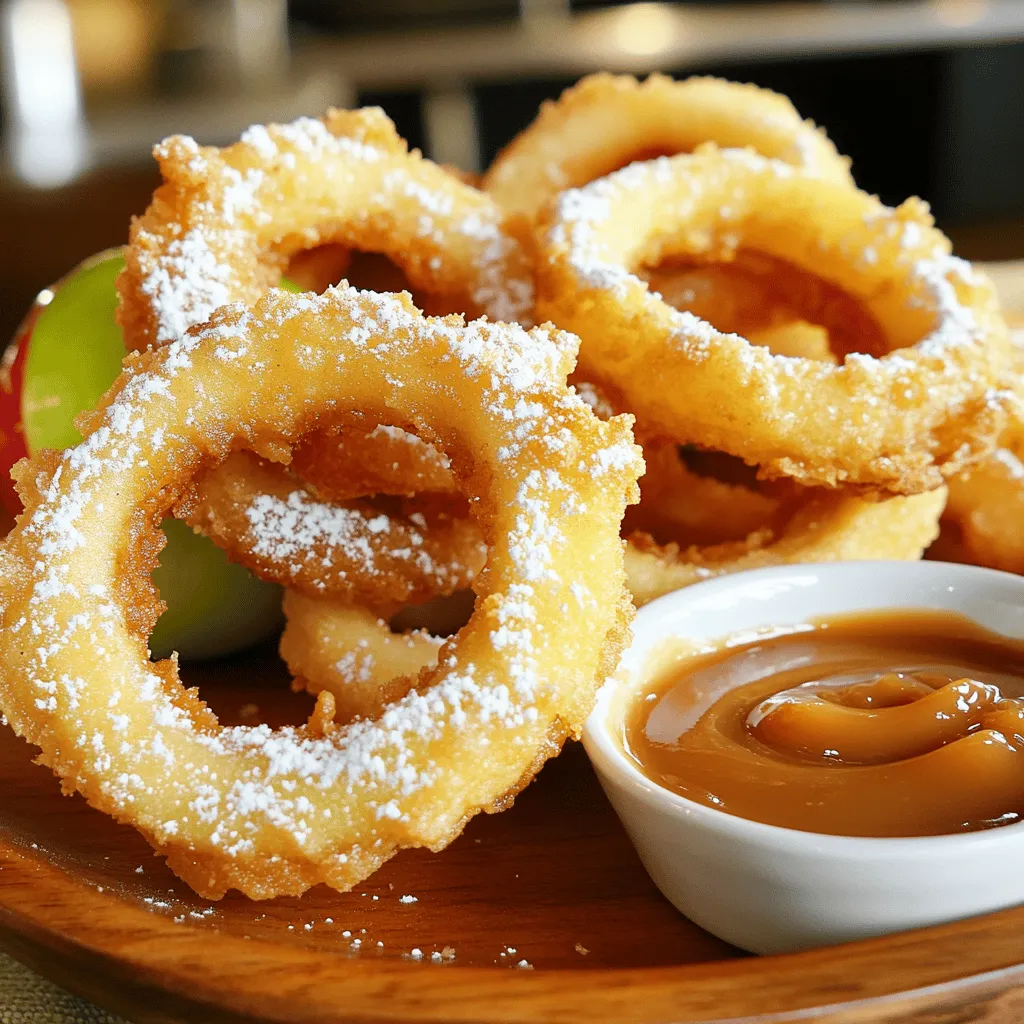 - 2 large apples (preferably Granny Smith or Honeycrisp), cored and sliced into ½-inch rings - 1 cup all-purpose flour - 1 teaspoon baking powder - ½ teaspoon ground cinnamon - ¼ teaspoon ground nutmeg - 1 tablespoon granulated sugar - 1 cup cold sparkling water - ½ cup breadcrumbs (use panko for an extra crispy texture) - Oil, for frying - Powdered sugar, for dusting (optional) - Caramel sauce, for dipping (optional) When making crispy fried apple rings, the choice of apples matters. I love using Granny Smith or Honeycrisp. They provide a nice balance of sweet and tart. The crunch of the apple contrasts well with the crispy coating. For the batter, I mix flour, baking powder, cinnamon, nutmeg, and sugar. This blend gives the rings flavor and some sweetness. The addition of cold sparkling water makes the batter light and airy. It’s key for that perfect crunch. Using panko breadcrumbs is a game-changer. They create a thicker, crunchier layer on the outside. You can also dust the finished rings with powdered sugar for a sweet touch. A side of caramel sauce makes for a delightful dip. Gather these ingredients and prepare to fry up a delicious treat! - First, core the apples. This means removing the center where the seeds are. - Next, slice the apples into rings that are about ½-inch thick. - After slicing, pat the apple rings dry with a towel. This step is key for crispiness. - In a large bowl, whisk together the dry ingredients. This includes flour, baking powder, cinnamon, nutmeg, and sugar. - Gradually mix in the cold sparkling water. Stir gently until it is smooth, but don’t worry about lumps. - Heat oil in a skillet or fryer to 350°F (175°C). Use a thermometer for accuracy. - Take each apple ring and dip it into the batter. Let excess batter drip off. - Roll the coated apple ring in breadcrumbs until fully covered. - Carefully place the rings in the hot oil. Fry in batches, so they don’t overcrowd. - Cook for 2-3 minutes on each side, until they are golden brown and crispy. - Once done, move them to a plate with paper towels. This will soak up excess oil. Dust with powdered sugar before serving. Enjoy these crispy fried apple rings right away! To get that perfect crispy bite, you must dry your apple rings. After slicing the apples, pat them with a kitchen towel. This step removes extra moisture. Water will make them soggy, not crispy. Next, focus on the frying temperature. Heat your oil to 350°F (175°C). Use a kitchen thermometer to check. If the oil is too cool, the apple rings will absorb oil and become greasy. If too hot, they may burn. You can boost flavor by adding spices. Try a pinch of cayenne for heat or extra cinnamon for warmth. Don’t be afraid to experiment! Different apple varieties can also change the taste. Granny Smith offers a tart flavor, while Honeycrisp gives sweetness. Mix and match to find what you like best. Dips make everything better! Pair your apple rings with caramel or chocolate sauce. The sweetness complements the crispy texture. For a fun presentation, stack the rings on a plate. Dust them with powdered sugar for a touch of elegance. You can even serve them on a wooden board for a rustic feel. Enjoy your treats! {{image_4}} You can choose many types of apples for your fried apple rings. Granny Smith apples bring a tart taste, while Honeycrisp apples add sweetness. Other good options are Fuji and Gala apples. Each apple type gives a unique flavor. Mixing these varieties can create a fun taste experience. If you want a lighter option, try baking instead of frying. Baked apple rings can still be tasty and crispy. Just coat them lightly with oil and bake at 400°F (200°C) for about 15 minutes. You can also swap out the all-purpose flour for almond or coconut flour for a gluten-free option. This change can help with dietary needs, too. You can make your apple rings even more fun. Try mixing in nuts or chocolate chips into the batter. Chopped walnuts or pecans add crunch and flavor. For a sweet twist, add vanilla extract to the batter. These small changes can create exciting new flavors and textures. To keep your leftover apple rings fresh, follow these steps. First, let the rings cool completely at room temperature. Then, place them in an airtight container. Store the container in the fridge. This method helps maintain flavor and texture. They will stay good for about three days. When you want to reheat them, use an oven or air fryer. Set the oven to 350°F (175°C). Place the apple rings in a single layer on a baking sheet. Heat them for around 5-10 minutes. This method helps restore their crispness. Avoid using a microwave, as it can make the rings soggy. If you want to keep apple rings longer, freezing is a great option. Start by preparing the apple rings as usual. After frying, let them cool completely. Then, place them in a single layer on a baking sheet. Freeze them for about 1-2 hours until solid. Once frozen, transfer them to a freezer bag or container. Be sure to remove as much air as possible. This process keeps them fresh for up to three months. When you're ready to eat, thaw the apple rings in the fridge overnight. To reheat, use the oven or air fryer at 350°F (175°C) for 5-10 minutes. This keeps them crispy and delicious. To keep your apple rings crispy, follow these tips. First, dry the apple rings well after slicing. Moisture makes them soggy. Next, heat the oil to 350°F (175°C) before frying. This high heat helps create a crunchy shell. Fry in small batches. Overcrowding lowers the oil temperature, which leads to less crispy rings. After frying, place them on paper towels to absorb extra oil. Dust with powdered sugar right before serving for a nice touch. Yes, you can prepare the batter ahead of time. Mix the dry ingredients and store them in a bowl. Add the cold sparkling water just before frying. This keeps the batter fresh and bubbly. If you let the batter sit too long, it can lose its light texture. Make it right before you fry for the best results. You can enjoy crispy fried apple rings with various dips. Caramel sauce is a classic choice. You can also try chocolate sauce for a sweet twist. For a tangy kick, serve them with yogurt or cream cheese dip. Even a sprinkle of cinnamon sugar can be a fun topping! Choose a dip that fits your taste. Absolutely! You can use gluten-free flour in place of all-purpose flour. Look for a gluten-free all-purpose blend that includes xanthan gum. This helps mimic the texture of regular flour. The batter will still turn out tasty and crispy. Enjoy your apple rings without worry! To make crispy fried apple rings, you need some simple ingredients. Here’s what you will need: - 2 large apples (preferably Granny Smith or Honeycrisp), cored and sliced into ½-inch rings - 1 cup all-purpose flour - 1 teaspoon baking powder - ½ teaspoon ground cinnamon - ¼ teaspoon ground nutmeg - 1 tablespoon granulated sugar - 1 cup cold sparkling water - ½ cup breadcrumbs (use panko for an extra crispy texture) - Oil, for frying - Powdered sugar, for dusting (optional) - Caramel sauce, for dipping (optional) Preparing the Apples Start by coring and slicing the apples. Aim for rings about ½-inch thick. After slicing, pat the rings dry with a kitchen towel. This step is key to getting them crispy. Making the Batter In a large bowl, whisk together the flour, baking powder, cinnamon, nutmeg, and sugar. Mix well until combined. Gradually pour in the cold sparkling water. Stir gently until you have a smooth batter. Don’t worry about lumps; they add texture. Frying the Apple Rings Next, heat about 1-2 inches of oil in a large skillet or deep fryer. Use a kitchen thermometer to check the oil temperature. Aim for 350°F (175°C). This heat ensures crispy results. Coat each apple ring in the batter, letting any extra drip off. Then roll the rings in breadcrumbs. Make sure they are fully coated. Carefully lower the rings into the hot oil with a slotted spoon. Fry in small batches to keep the oil hot. Cook for 2-3 minutes on each side until golden brown. Once cooked, remove the rings and place them on a plate lined with paper towels to drain excess oil. You can dust them with powdered sugar for a sweet touch before serving. If you like, serve with caramel sauce for dipping. Now you have delicious, crispy fried apple rings ready to enjoy! Crispy fried apple rings are simple and fun to make at home. You learned the essential ingredients and step-by-step instructions. Remember to dry your apple rings for the best crunch. Experiment with spices and dipping sauces for extra flavor. These rings are great as snacks or desserts. You can also explore healthier options like baking. Enjoy making these tasty treats, and share them with family and friends. Happy frying!