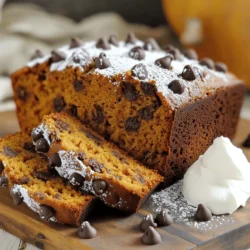 - 1 cup pure pumpkin puree - 1/2 cup unsweetened applesauce - 1/2 cup packed brown sugar - 1/4 cup granulated sugar - 2 large eggs - 1 teaspoon pure vanilla extract - 1 1/2 cups all-purpose flour - 1 teaspoon baking powder - 1/2 teaspoon baking soda - 1 teaspoon ground cinnamon - 1/2 teaspoon ground nutmeg - 1/4 teaspoon ground ginger - 1/4 teaspoon salt - 1 cup semi-sweet chocolate chips - Optional: 1/2 cup chopped walnuts To make gooey chocolate chip pumpkin bread, gather these ingredients first. The pumpkin puree gives this bread its rich flavor and moisture. Applesauce adds sweetness and helps keep it soft. Brown sugar and granulated sugar balance the sweetness nicely. For the dry mix, I use all-purpose flour for the best texture. Baking powder and baking soda help the bread rise. Cinnamon, nutmeg, and ginger add warm spices that make this treat feel cozy. A pinch of salt enhances all the flavors. Finally, the chocolate chips are a must. They melt into gooey pockets of goodness. If you like, toss in some walnuts for crunch. This combination of ingredients makes a delicious pumpkin bread that everyone will love. - Preheat the oven to 350°F (175°C). - Prepare a 9x5 inch loaf pan. Grease it well or line it with parchment paper. This step helps with easy removal later. - In a large bowl, combine 1 cup of pumpkin puree, 1/2 cup of unsweetened applesauce, 1/2 cup of packed brown sugar, 1/4 cup of granulated sugar, 2 large eggs, and 1 teaspoon of pure vanilla extract. - Whisk until smooth. This mixture adds moisture and flavor to your bread. - In another bowl, sift together 1 1/2 cups of all-purpose flour, 1 teaspoon of baking powder, 1/2 teaspoon of baking soda, 1 teaspoon of ground cinnamon, 1/2 teaspoon of ground nutmeg, 1/4 teaspoon of ground ginger, and 1/4 teaspoon of salt. - Sifting ensures there are no clumps and helps the bread rise nicely. - Gradually mix the dry ingredients into the wet mixture. Stir gently until they just combine. Do not overmix; it's okay to have a few lumps. - Fold in 1 cup of semi-sweet chocolate chips and, if you like, 1/2 cup of chopped walnuts for extra texture. - Pour the batter into the prepared loaf pan. Smooth the top with a spatula for even baking. - Place the loaf pan in your preheated oven and bake for 55-60 minutes. To check if it's done, insert a toothpick in the center. It should come out clean, but a few melted chocolate bits are fine. - Let the bread cool in the pan for about 10 minutes before transferring it to a wire rack. This cooling helps maintain its shape. - Avoid overmixing the batter: This keeps your bread soft and light. Stir just until you see no dry flour. A few lumps are fine; they add character. - Use room temperature eggs: Room temp eggs mix better and help the batter blend more smoothly. If your eggs are cold, place them in warm water for a few minutes. - Position the loaf pan in the center of the oven: This helps the bread bake evenly. If the pan is too close to the heat, the edges may cook too fast. - Check doneness with a toothpick: Insert a toothpick into the center of the loaf. If it comes out clean, your bread is ready! A few melted chocolate chips are okay. - Drizzle with melted chocolate: This adds a fun touch and makes your bread look fancy. Melt some chocolate and pour it over the top for a treat. - Serve with whipped cream: A dollop of whipped cream adds creaminess and balances the sweetness. It’s a perfect match for your gooey bread. {{image_4}} If you need a gluten-free choice, swap the all-purpose flour with gluten-free all-purpose flour. This simple change keeps the bread moist and delicious. Just make sure your flour blend has xanthan gum for the best texture. Want to mix things up? You can add dried cranberries or pecans for a fun twist. Both add texture and flavor. If you prefer dark chocolate, use dark chocolate chips instead of semi-sweet. They give a rich, deep taste that pairs well with pumpkin. For an extra burst of flavor, try adding a teaspoon of vanilla or almond extract. This small change will elevate your bread. If you like citrus, include some orange zest. It adds a fresh twist that brightens the taste. To keep your gooey chocolate chip pumpkin bread fresh, store it at room temperature. Wrap it tightly in plastic wrap or aluminum foil. This helps to keep moisture in and prevents it from drying out. You can also place it in an airtight container. If you prefer, you can store it in the fridge. However, this may dry it out a bit. If you choose to refrigerate, wrap it well to maintain freshness. To freeze pumpkin bread, let it cool completely first. Wrap each loaf tightly in plastic wrap. You can also use aluminum foil for extra protection. Place the wrapped bread in a freezer bag or an airtight container. This keeps out air and moisture. When you want to enjoy it, remove the bread from the freezer. Let it thaw in the fridge overnight or at room temperature for a few hours. For best taste, eat within three months of freezing. Gooey chocolate chip pumpkin bread tastes best within the first few days. If stored at room temperature, it stays fresh for about four to five days. In the fridge, it may last up to a week. If frozen, it keeps its taste for about three months. For the best flavor, try to eat it sooner rather than later. Yes, you can use fresh pumpkin! First, choose a small sugar pumpkin. Cut it in half and remove the seeds. Roast each half in the oven at 350°F (175°C) for about 45 minutes. Let it cool, then scoop out the flesh. Blend it until smooth. You need 1 cup of this puree for your bread. To check if your pumpkin bread is done, insert a toothpick into the center. If it comes out clean or with a few melted chocolate chips, the bread is ready. Look for a golden-brown color on top. The sides should slightly pull away from the pan. If you want to replace eggs, try these options: - 1/4 cup unsweetened applesauce for each egg - 1/4 cup mashed banana - 1 tablespoon ground flaxseed mixed with 2.5 tablespoons water (let it sit for 5 minutes) These will help keep your bread moist and tasty! You learned how to make delicious gooey chocolate chip pumpkin bread. With simple steps, you'll mix wet and dry ingredients and bake them to perfection. Always remember to check for doneness and avoid overmixing. You can also try different flavors and add-ins for variety. Enjoy your warm, sweet bread fresh or store it for later. This recipe is easy and fun for everyone. Get baking and share it with friends and family!