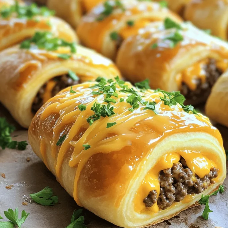 - 1 pound ground beef - 1 tablespoon Worcestershire sauce - 1 teaspoon garlic powder - 1 teaspoon onion powder The main ingredients for Garlic Butter Cheeseburger Rollups create a tasty filling. Ground beef is the star of this dish. I use one pound for good flavor and texture. Worcestershire sauce adds depth to the beef. Garlic powder and onion powder boost the taste. A pinch of salt and pepper is key. These flavors work together to make a savory mix. - 1 cup shredded sharp cheddar cheese - 1 package (8 oz) refrigerated crescent roll dough - 4 tablespoons unsalted butter, melted - 3 cloves garlic, minced Next, we have the additional ingredients that enhance the rollups. Shredded sharp cheddar cheese melts beautifully inside. It adds creaminess and a rich taste. Refrigerated crescent roll dough makes life easy. It saves time and gives a flaky texture. I melt unsalted butter and mix it with minced garlic for topping. This garlic butter adds flavor and moisture to the rollups. - Fresh parsley, finely chopped (for garnish) Finally, fresh parsley is perfect for garnish. It adds a pop of color and freshness. Just sprinkle it on top before serving. It makes the rollups look even more inviting. These ingredients come together to create a fun and tasty treat for any meal or snack. Preheating the oven First, you need to preheat your oven to 375°F (190°C). This step helps the rollups cook evenly and get that nice golden color. Cooking the ground beef In a large skillet, heat over medium heat. Add 1 pound of ground beef. Use a spatula to break it apart as it cooks. Stir until the beef turns brown. This will take about 5 to 7 minutes. Once browned, drain any excess fat. Next, add 1 tablespoon of Worcestershire sauce, 1 teaspoon of garlic powder, 1 teaspoon of onion powder, and a pinch of salt and pepper. Mix everything well and remove it from the heat. Let it cool for a few minutes. Rolling out the crescent dough On a lightly floured surface, roll out the crescent dough. Pinch the seams together. This creates one solid sheet without gaps. This step is key for keeping the filling inside. Filling and rolling each piece Using a sharp knife or pizza cutter, cut the dough into rectangles. Each piece should be about 4 inches by 6 inches. On the wider end of each rectangle, place a generous spoonful of the cooled beef mixture. Top with a sprinkle of shredded cheddar cheese. Now, roll the dough tightly from the wider end, tucking in the filling as you go. Place each roll seam-side down on the baking sheet. Coating with garlic butter In a small bowl, mix the melted butter with 3 cloves of minced garlic. Use a pastry brush to coat the top of each rollup with this garlic butter. This adds flavor and keeps the rollups moist. Baking time and temperature Bake the rollups in your preheated oven for 12 to 15 minutes. Look for a beautiful golden brown color and melted cheese. Once done, take them out and let them cool for a few minutes. You can then sprinkle fresh parsley on top for extra flavor and color. To get perfect browning of beef, use medium heat. Stir the beef often. This helps it cook evenly. Drain any extra fat before you add spices. This keeps the filling from being too greasy. To prevent cheese overflow, use a small amount of cheese. Place it right on the beef before rolling. This way, it melts inside and stays put. For the best sauces, try ketchup or ranch dressing. They complement the rollups well. You can also serve them with a spicy dipping sauce for a kick. When presenting these rollups, arrange them on a nice platter. Garnish with fresh parsley for a pop of color. This adds a nice touch for gatherings. For preparation, you will need a large skillet and a spatula. A sharp knife or pizza cutter is great for cutting the dough. I recommend using a baking sheet lined with parchment paper. This makes cleanup easy and helps the rollups bake evenly. A pastry brush helps spread the garlic butter on top easily. {{image_4}} You can easily change the cheese in this recipe. Try mozzarella for a milder taste. Swiss cheese also works great if you like a nutty flavor. If you want to go lighter, swap ground beef for ground turkey or chicken. They still taste amazing and cut down on fat. Want some heat? Add diced jalapeños or a splash of hot sauce to the beef mix. This gives the rollups a nice kick! You can also add chopped veggies like bell peppers or mushrooms. This makes the filling more colorful and adds great texture. If you're gluten-free, look for gluten-free crescent roll dough. Many brands offer it now. You can also make a vegetarian version using plant-based ground meat. Just swap the beef for your favorite meat substitute, and you’ll still enjoy this tasty treat! To keep your Garlic Butter Cheeseburger Rollups fresh, let them cool. Place the rollups in an airtight container. Store them in the fridge. They will last about 3 to 4 days for best quality. If you want to keep them longer, consider freezing them. When reheating, I suggest using the oven. Preheat it to 350°F (175°C). Place the rollups on a baking sheet. Heat for about 10-12 minutes. This method helps keep the rollups crispy. You can also microwave them. Just be careful, as microwaving can make them soggy. For long-term storage, freeze them before baking. Wrap each rollup tightly in plastic wrap and then in foil. They can last for up to 2 months in the freezer. After storing, serve leftovers as a snack. Pair them with your favorite sauces like ketchup or ranch. You can also cut them into smaller pieces for party platters. If you want to transform them, chop the rollups and mix them into a salad. This adds a fun twist to your meal. To freeze these rollups, let them cool completely. Wrap each roll tightly in plastic wrap. Place the wrapped rollups in a freezer bag. Squeeze out all the air and seal. Label the bag with the date. They can stay in the freezer for up to three months. When you are ready to eat, thaw them in the fridge overnight. Then, reheat them in the oven at 350°F (175°C) until warm. Yes, you can make these rollups ahead of time. Prepare the filling and roll them up. Place them on a baking sheet, cover with plastic wrap, and refrigerate. They can sit in the fridge for up to 24 hours before baking. This saves time on busy days. Just remember to brush with garlic butter before baking. To add some heat, try these ideas. Mix in some diced jalapeños with the beef. You can also add a few dashes of hot sauce to the meat mixture. If you love spice, use pepper jack cheese instead of cheddar. These changes will give your rollups a nice kick. These rollups taste great with many dipping sauces. Classic ketchup is a favorite. Ranch dressing also works well for a creamy touch. For a tangy flavor, try barbecue sauce. You can even make a spicy mayo by mixing mayonnaise with sriracha. Each sauce adds a unique twist to the rollups. You can tell the rollups are done when they look golden brown. The cheese should be melted and bubbly. A food thermometer can help, too. Insert it into the center; it should read at least 165°F (74°C). Let them cool for a few minutes before serving. This way, the cheese won't burn your mouth! In this post, we explored how to make Garlic Butter Cheeseburger Rollups. First, we discussed key ingredients like ground beef and cheese. Next, I shared step-by-step instructions for preparation, assembly, and baking. Tips covered ways to enhance flavor and presentation. We also looked at variations, storage, and common questions. Finally, experiment with flavors and ingredients. Get creative, and enjoy this dish with family and friends. Your kitchen will be filled with tasty smells!