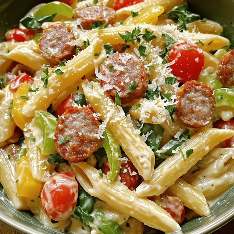 Here’s what you need for a tasty creamy Cajun sausage pasta: - 8 oz penne pasta - 1 lb smoked sausage (Andouille or kielbasa) - 1 tablespoon olive oil - 1 bell pepper (diced) - 1 small onion (finely chopped) - 3 cloves garlic (minced) - 1 cup heavy cream - 1 cup chicken broth - 2 tablespoons Cajun seasoning - 1 cup cherry tomatoes (halved) - 1 cup baby spinach - Salt and black pepper (to taste) - Freshly grated Parmesan cheese (for serving) - Fresh parsley (chopped, for garnish) This list brings together flavors that work in harmony. The penne pasta serves as a great base. Smoked sausage adds depth, while the veggies bring color and crunch. The heavy cream and chicken broth create a rich sauce. Cajun seasoning gives it that spicy kick. Don’t forget to garnish with cheese and parsley for a lovely finish. Each ingredient plays a role in making this dish truly special. - Cook penne pasta to al dente and reserve pasta water. - Heat olive oil in a skillet and brown the sliced sausage. To start, boil water in a large pot. Add salt once it boils. Then, cook the penne pasta according to the package. It should feel firm but not hard. Once done, drain it, but keep a cup of the pasta water. This will help later if the sauce is too thick. Next, take a large skillet and heat the olive oil over medium heat. Once hot, add the sliced sausage. Cook it for about 5 to 7 minutes. You want it to be nicely browned. Stir it often to cook all sides evenly. - Sauté diced vegetables and garlic until softened. - Stir in heavy cream, chicken broth, and Cajun seasoning, simmering gently. - Add cherry tomatoes and spinach, allowing spinach to wilt. After you brown the sausage, add the diced bell pepper, onion, and minced garlic to the skillet. Sauté for about 3 to 4 minutes. You want the veggies to soften and the onion to turn clear. Now, pour in the heavy cream and chicken broth. Stir well to mix everything. Sprinkle the Cajun seasoning into the skillet. Bring the mixture to a gentle simmer. Once it simmers, add the halved cherry tomatoes and baby spinach. Stir gently for about 2 minutes. Watch as the spinach wilts down and blends into the sauce. - Toss cooked penne pasta in the creamy sauce. - Adjust sauce thickness with reserved pasta water. - Season and serve, garnished with Parmesan and parsley. Now, add the cooked penne pasta to the skillet. Toss it well in the creamy sauce. If the sauce feels too thick, add some reserved pasta water. Keep tossing until everything is well combined. Finally, taste the dish and add salt and black pepper if needed. Serve the pasta warm, topping each bowl with freshly grated Parmesan and chopped parsley. This adds a nice touch and freshness to your creamy Cajun sausage pasta. How to achieve perfect al dente pasta To make al dente pasta, cook it for about 8-10 minutes. Check the package for exact times. Taste a piece before draining. It should be firm, not mushy. If you forget, no worries! Just make sure to watch it closely next time. Tips for evenly browning sausage When cooking sausage, use medium heat. This helps the sausage brown nicely. Slice the sausage evenly, so it cooks at the same rate. Stir it often while cooking. This way, every piece gets that golden color. How to adjust sauce thickness If your sauce is too thick, add a splash of reserved pasta water. This helps loosen it up without losing flavor. If it’s too thin, let it simmer a bit longer. This thickens the sauce as it cooks down. Flavor enhancement options You can boost flavor with extra spices. A pinch of cayenne pepper adds heat. Fresh herbs like thyme or basil brighten the dish. Taste the sauce as you go. Adjust the seasoning to match your taste. Serving suggestions for an appealing dish Serve the pasta in shallow bowls to show off the creamy sauce. This makes it look fancy and inviting. You can also layer the pasta and sauce for a nice effect. Garnishing ideas for extra visual appeal Top each bowl with freshly grated Parmesan cheese. Sprinkle chopped parsley for a fresh touch. A dash of extra Cajun seasoning adds a pop of color. Fresh spinach leaves make a lovely garnish, too. {{image_4}} You can switch the smoked sausage for other proteins. Chicken, shrimp, or tofu work great. For chicken, use diced breast or thighs. Cook them until they are no longer pink. For shrimp, add them in the last few minutes of cooking. They cook quickly and add nice flavor. If you want a vegetarian option, use mushrooms or lentils. Both add a hearty texture. If you want a lighter dish, swap heavy cream for coconut milk or almond milk. These options work well and keep the dish creamy. You can also use cashew cream for a rich texture. Adjust the Cajun seasoning based on your taste. If you like it spicier, add more seasoning. If you prefer a milder flavor, reduce the amount. Adding more vegetables boosts nutrition and flavor. Try zucchini, broccoli, or bell peppers. These veggies add color and crunch. You can also use seasonal vegetables like asparagus or peas. Just chop them small and sauté with the onions. This keeps the dish fresh and exciting. Customize the recipe based on what you have in your kitchen. To store creamy Cajun sausage pasta, let it cool first. Use an airtight container to keep the pasta fresh. It can stay in the fridge for up to three days. If you want to keep it longer, freezing is a great option. To freeze creamy Cajun sausage pasta, place it in a freezer-safe container. Make sure to leave some space at the top for expansion. It can last for up to three months in the freezer. When you’re ready to eat it, thaw it in the fridge overnight. Reheat it slowly on the stove or in the microwave. Add a splash of water or broth to bring back the creaminess. To keep the pasta's texture and flavor when reheating, use low heat. Stir it often to prevent sticking. If it looks too thick, add a little cream or broth. This will help keep it smooth and tasty. Enjoy your pasta just like when it was fresh! What is Cajun seasoning made of? Cajun seasoning is a mix of spices. It often includes paprika, cayenne, garlic powder, onion powder, thyme, and oregano. You can find it in stores or make your own. Adjust the spices to match your taste. Can I use other pasta types? Yes, you can use other pasta types. While penne works great, you can try rotini, fettuccine, or even spaghetti. Choose what you have on hand or prefer. How can I make this recipe spicier? To add more heat, increase the Cajun seasoning. You can also add crushed red pepper flakes or diced jalapeños. Start small and taste as you go. Is this dish suitable for meal prep? Absolutely! This dish holds up well in the fridge. Just store it in an airtight container. You can reheat it on the stove or in the microwave. What can I serve alongside creamy Cajun sausage pasta? Pair it with a fresh green salad or garlic bread. These sides balance the richness of the pasta. You can also serve it with steamed vegetables for added nutrition. How long does it take to cook penne pasta? It usually takes about 10-12 minutes to cook penne pasta. Follow the package instructions for best results. What is the total cooking time for this recipe? The total cooking time for this recipe is about 30 minutes. This includes prep and cooking time. What are ideal side dishes for this pasta dish? Good side dishes include a Caesar salad or roasted vegetables. Breadsticks are also a great choice for dipping in sauce. Can it be paired with wine? If so, what kind? Yes, this dish pairs well with white wine. A chilled Sauvignon Blanc or a light Pinot Grigio complements the flavors nicely. This blog post shared a tasty recipe for creamy Cajun sausage pasta. You learned about the key ingredients, cooking steps, and helpful tips. I also covered fun variations and storage advice to keep your dish fresh. Cooking pasta should be enjoyable, and with this recipe, it can be easy and fun. Don’t forget to try the suggested garnishes for a beautiful finish. Enjoy making this dish and impressing your friends!