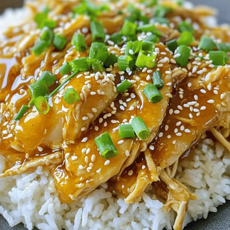 - 2 lbs boneless, skinless chicken thighs - 1/2 cup honey - 1/2 cup low-sodium soy sauce - 4 cloves garlic, finely minced - 1 tablespoon fresh ginger, freshly grated - 1 tablespoon sesame oil - 2 tablespoons rice vinegar - 1 teaspoon freshly ground black pepper - 1 tablespoon cornstarch (optional, for thickening the sauce) - 2 green onions, finely chopped (for garnishing) - Sesame seeds (for garnishing) - Alternatives for chicken: You can use chicken breast or tofu for a vegetarian option. - Healthier options for ingredients: Try using maple syrup instead of honey. Choose low-sodium soy sauce to cut back on salt. - Gluten-free alternatives: Use tamari instead of soy sauce for a gluten-free dish. How to whisk the sauce ingredients Start by taking a medium bowl. Add the honey, soy sauce, minced garlic, grated ginger, sesame oil, rice vinegar, and black pepper. Use a whisk to mix these ingredients. Make sure there are no lumps. You want a smooth sauce that blends well. Properly arranging chicken in the crockpot Next, grab your chicken thighs. Place them gently into the crockpot. Fit them snugly so they cook evenly. Once the chicken is in, pour the sauce over it. Make sure every piece is coated well. This will help the chicken soak up all the flavors. Low vs. high cooking settings Now it’s time to choose your cooking setting. You can set your crockpot to low for 6-8 hours or to high for 3-4 hours. Cooking on low gives a more tender chicken. On high, it cooks faster but may not be as soft. Pick the method that fits your schedule best. How to know when the chicken is done To check if the chicken is done, look for a few signs. The chicken should be fully cooked and should pull apart easily with a fork. If it looks dry or tough, it may need more time. Use a meat thermometer if you have one; the internal temperature should reach 165°F. How to make a thick sauce If you want a thicker sauce, this is simple. Mix cornstarch with cold water to create a slurry. Add this to the crockpot in the last 30 minutes. Stir it in well. This will help the sauce get nice and thick. Instructions for shredding chicken Once the chicken is done, carefully take it out. Use tongs to lift it out of the crockpot. Then, take two forks and shred the chicken into bite-sized pieces. Return the shredded chicken to the crockpot. Stir it well so every piece absorbs the yummy sauce. To boost the taste of your Crockpot honey garlic chicken, consider adding a pinch of red pepper flakes. This will give it a nice kick. You can also sprinkle in some dried herbs like thyme or oregano for depth. Marinating the chicken in the sauce for at least 30 minutes can make a big difference. It allows the flavors to soak in, making every bite burst with taste. Cooking time can change based on the size of your chicken thighs. For smaller pieces, 3 hours on high will work. Larger thighs may need up to 8 hours on low. Using a meat thermometer is smart. It ensures your chicken reaches 165°F, which is safe and perfect for shredding. Serve your honey garlic chicken over fluffy rice or noodles for a hearty meal. Steamed broccoli or a fresh green salad pairs well too. If you have leftovers, try making a wrap with the chicken and some veggies. You can also toss it into a stir-fry for a quick lunch. {{image_4}} You can easily add heat to your honey garlic chicken. Try adding red pepper flakes or sriracha for a spicy kick. If you want a different taste, swap the soy sauce for teriyaki or barbecue sauce. Each sauce brings its own twist. Feel free to use other proteins. Chicken breasts or turkey work well too. You can also try tofu or tempeh for a vegetarian option. Just ensure you adjust cooking times for different proteins. If you want to add more veggies, bell peppers, or broccoli make great additions. Toss them in the crockpot for extra flavor and nutrition. Serve your honey garlic chicken over rice or noodles for a filling meal. You can also use it in wraps or sandwiches for a fun twist. If you're prepping meals, portion the chicken into containers with veggies. This makes lunch easy and tasty for the week. Don't forget to garnish with green onions and sesame seeds for a lovely look! To store leftover honey garlic chicken, place it in an airtight container. It keeps best in the fridge. Make sure to cool it down first before sealing. This dish stays fresh for about 3 to 4 days. To enjoy it later, just reheat the chicken until it's hot throughout. You can freeze honey garlic chicken for up to 3 months. Use a freezer-safe container or a zip-top bag. Remove as much air as possible before sealing. For reheating, let it thaw overnight in the fridge. Then, heat it on the stove or in the microwave. Add a splash of water if it seems dry. This way, it stays tasty and juicy. Batch cooking is a great way to save time. Make a big batch of honey garlic chicken and store it properly. You can mix it with rice or noodles for easy meals. This dish works well in wraps or salads too. Plan to eat it within a week for the best flavor. How long does it take to cook on low vs. high? Cooking on low takes about 6-8 hours. Cooking on high takes around 3-4 hours. The longer cooking time helps the chicken stay tender and juicy. Can I cook this without a crockpot? Yes, you can use a stovetop or oven. Use a heavy pot with a lid, and cook on low heat. Make sure to stir often and check for doneness. What to do if the chicken is overcooked? If the chicken is overcooked, it may be dry. You can add more sauce to help moisten it. Shred the chicken and mix it back into the sauce for better flavor. How to fix a watery sauce? To fix a watery sauce, mix cornstarch with cold water. Add it to the sauce and cook for 30 minutes. This will thicken the sauce nicely. Best rice or noodle pairs Serve this dish over fluffy white rice or whole grain rice. Egg noodles also pair well, adding a nice texture to the meal. Can I prepare this recipe ahead of time? Yes, you can prep the sauce and chicken the day before. Store them in the fridge. Just cook it the next day when you’re ready for a tasty meal. This blog post covered a delicious honey garlic chicken recipe. We explored the key ingredients and shared useful tips for flavor and cooking times. You learned about different variations and storage methods. The recipe is easy to follow, and you can adapt it to suit your taste. I hope you find joy in creating this dish. With simple steps and tips, you can enjoy a tasty meal any night of the week. Happy cooking!