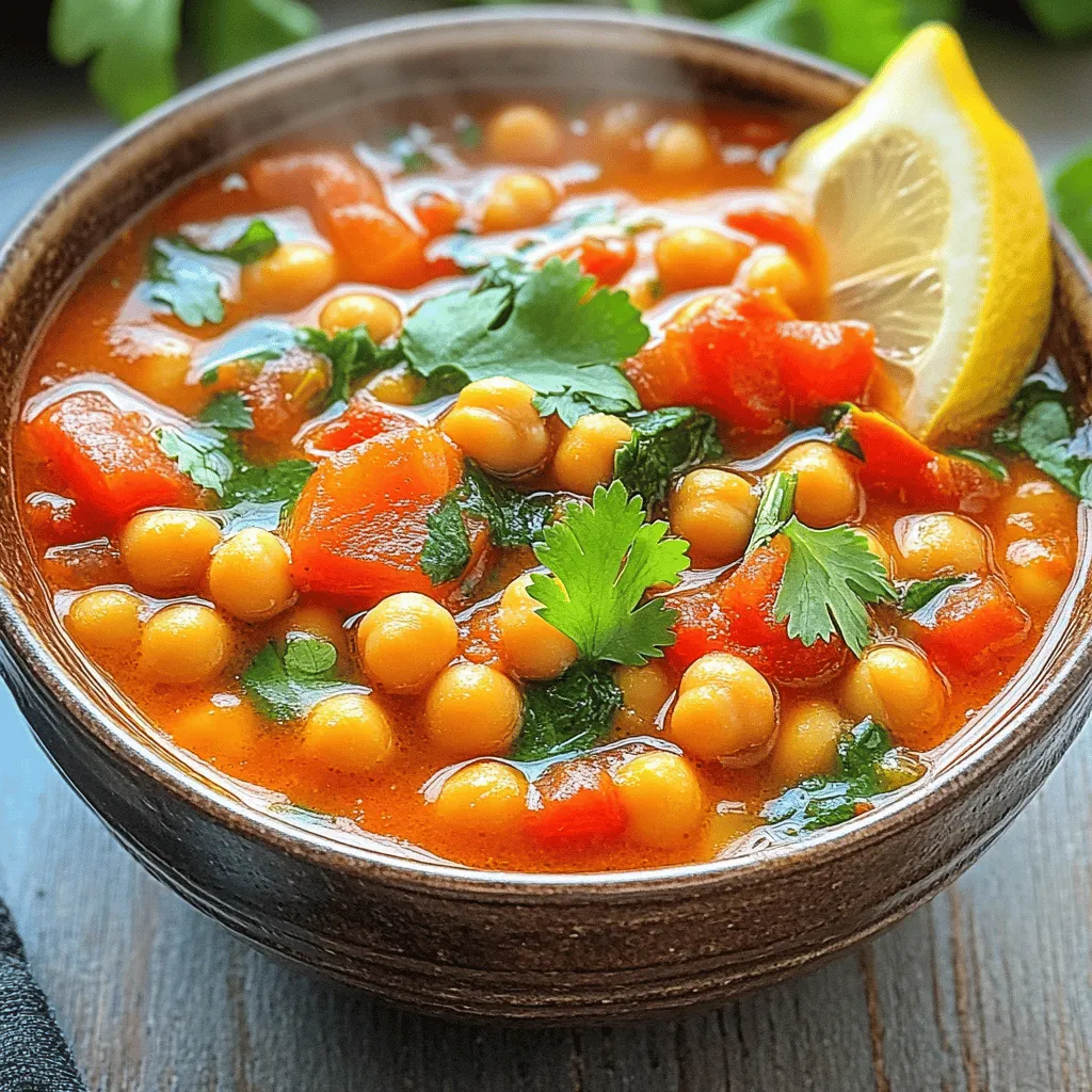 - 1 can (15 oz) chickpeas, drained and rinsed - 1 can (14 oz) diced tomatoes, with juices - 4 cups vegetable broth (low-sodium recommended) - 1 tablespoon extra virgin olive oil - 1 medium onion, finely diced - 2 cloves garlic, finely minced - 1 medium carrot, peeled and diced - 1 large red bell pepper, diced - 1 cup fresh spinach, roughly chopped - 1 teaspoon ground cumin - 1 teaspoon ground coriander - 1/2 teaspoon ground cinnamon - 1/2 teaspoon smoked paprika - 1/2 teaspoon cayenne pepper (adjust according to heat preference) - Salt and freshly ground black pepper, to taste Moroccan chickpea soup brings warmth and flavor to your table. The mix of spices creates a rich taste. You will need some pantry staples. Start with chickpeas, diced tomatoes, vegetable broth, and olive oil. These ingredients form the base of the soup. Next, gather fresh ingredients. You want a medium onion, garlic, a carrot, a red bell pepper, and fresh spinach. These veggies add color, texture, and nutrients. Now, let’s talk about spices. Ground cumin and coriander add depth. Ground cinnamon brings warmth. Smoked paprika gives a nice smoky touch. Cayenne pepper adds heat; adjust it to your taste. Finally, salt and pepper enhance all the flavors. With these ingredients, you will create a dish that warms the soul and delights the palate. Each bite offers layers of rich flavor and fresh goodness. Enjoy the process of making this delicious soup! To start, heat 1 tablespoon of extra virgin olive oil in a large pot over medium heat. You want the oil hot but not smoking. Next, add 1 medium onion, finely diced. Cook the onion for about 3-4 minutes. It should turn translucent and smell great. Now, it's time to add more flavor. Incorporate 2 cloves of finely minced garlic, 1 diced carrot, and 1 diced red bell pepper into the pot. Stir these ingredients well. Let them soften for about 5 minutes. Stir occasionally to avoid burning. Spices are key to Moroccan flavor. Sprinkle in 1 teaspoon ground cumin, 1 teaspoon ground coriander, 1/2 teaspoon ground cinnamon, 1/2 teaspoon smoked paprika, and 1/2 teaspoon cayenne pepper. Stir constantly for about a minute. This helps the spices bloom and fill your kitchen with amazing scents. Next, pour in 1 can of diced tomatoes along with their juices and 4 cups of vegetable broth. Raise the heat and bring this mixture to a rolling boil. Watch closely; a good boil is essential for the next step. Once boiling, reduce the heat to a gentle simmer. Add 1 can of rinsed chickpeas to the pot. Let the soup cook for 20 minutes. This time allows the flavors to develop nicely. After 20 minutes, stir in 1 cup of roughly chopped spinach. Cook for an additional 5 minutes. You want the spinach to wilt and brighten the soup's color and texture. Now, it's time to taste your soup. Add salt and freshly ground black pepper to fit your preferences. Don't be shy; seasoning is key! Ladle the hot soup into bowls. For a beautiful finish, garnish with fresh cilantro or parsley. Serve with lemon wedges on the side. The lemon adds a fresh zing to each bowl. Enjoy your Moroccan chickpea soup with family or friends! To boost the flavor of your Moroccan chickpea soup, consider adding a few extra spices. Besides the cumin and coriander, try adding: - 1 teaspoon ground turmeric - 1 teaspoon fennel seeds - A pinch of saffron for a special touch Use fresh herbs as you cook. Adding fresh thyme or mint can brighten your dish. When you sauté the onions, let them cook until they're golden. This adds depth. For a creamier soup, add coconut milk or heavy cream. - Stir in 1 cup of coconut milk near the end, right before serving. - If using cream, add it just before serving to keep the soup light. Both options bring a rich texture and flavor. They balance the spices well and make each spoonful a delight. This soup is naturally vegan and gluten-free. To keep it that way, ensure all ingredients are free from gluten. - Check your vegetable broth for gluten-free labels. - Use fresh vegetables and canned goods that have no added ingredients. These steps will help you enjoy a warm, comforting bowl without worry. {{image_4}} You can add chicken or tofu to this soup. For chicken, use cooked and shredded meat. Stir it in during the last five minutes of cooking. If you prefer tofu, use firm tofu. Cut it into cubes and sauté it with the veggies. This adds protein and makes it more filling. Feel free to mix in seasonal veggies. Zucchini, sweet potatoes, or green beans work well. You can also add kale or Swiss chard instead of spinach for variety. Just chop them into small pieces. Toss them in with the other veggies. This keeps the dish fresh and colorful. Adjust the heat based on your taste. Use less cayenne for a milder soup. Add more cayenne or a pinch of chili flakes for spice lovers. You can also serve hot sauce on the side. This way, everyone can customize their bowl to their liking. Store leftovers in airtight containers. Glass or plastic containers work well. Make sure to cool the soup before sealing. This helps keep the soup fresh. Place the container in the fridge. It will last up to five days this way. To freeze the soup, let it cool completely. Pour it into freezer-safe bags or containers. Leave some space for expansion. Label each bag with the date. The soup can stay in the freezer for up to three months. To reheat, use a pot on the stove. Heat over low to medium heat. Stir often to avoid sticking. You can also use the microwave. Place the soup in a microwave-safe bowl. Heat in short bursts, stirring in between. This helps keep the soup's texture and flavor intact. Moroccan Chickpea Soup is a warm, hearty dish. It features chickpeas, rich spices, and fresh vegetables. This dish has roots in North African cuisine. It offers a mix of flavors that are both unique and comforting. The soup is often enjoyed during colder months. It provides warmth and satisfaction with every spoonful. Yes, you can use dried chickpeas. You will need to soak them overnight. This helps them cook faster. After soaking, boil them for about 1 to 1.5 hours until tender. You may also use a pressure cooker. This can cut cooking time to just 15-20 minutes. Remember to drain and rinse them before adding to the soup. You can easily prepare this soup in advance. Cook the soup fully and let it cool. Store it in the fridge for up to three days. You can also freeze it for longer storage. When ready to eat, reheat on the stove or in the microwave. The flavors will deepen, making it even tastier. Pair this soup with crusty bread or pita. A fresh salad goes well too, adding a crunchy contrast. You could also serve it with couscous for a heartier meal. For drinks, consider mint tea or a light juice. These options balance the warm spices in the soup. Yes, this soup is perfect for meal prep. It stores well and reheats easily. Make a big batch to enjoy throughout the week. It’s packed with protein and fiber, making it a filling choice. Just remember to adjust seasoning before serving, as flavors can change when stored. In this blog post, we explored Moroccan Chickpea Soup, covering ingredients, instructions, and storage tips. We began with essential pantry staples like chickpeas and diced tomatoes. Fresh ingredients added flavor, while spices made it special. I shared steps for cooking, enhancing flavor, and serving. Lastly, we discussed variations and storage methods. This soup is not only tasty but also flexible for your needs. Prepare it your way, and enjoy a warm bowl of comfort!