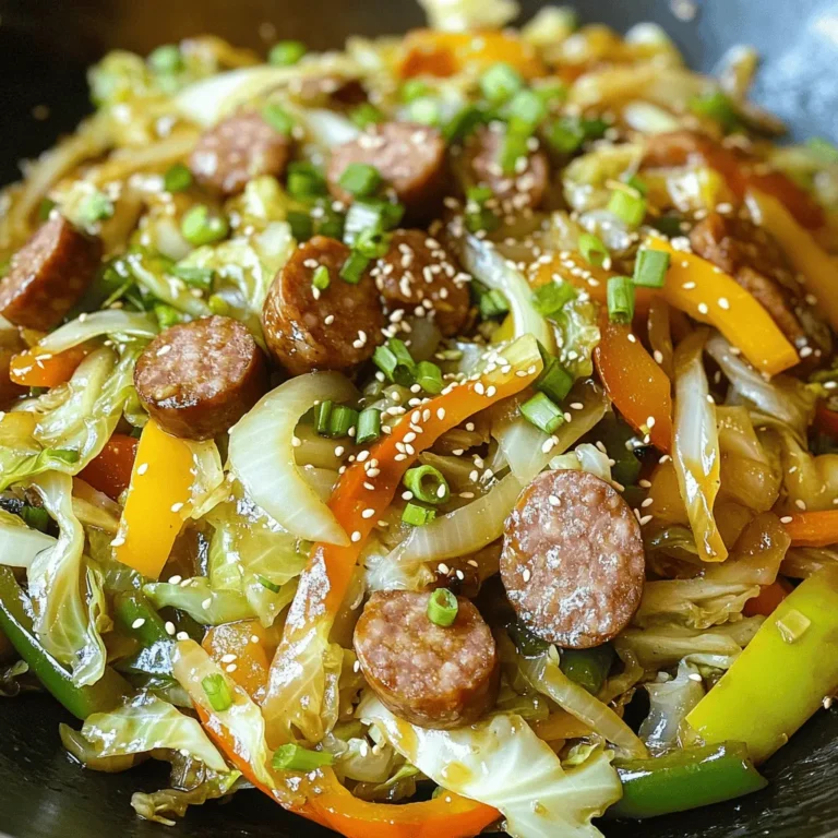 To make the Minute Sausage Cabbage Stir-Fry, you will need the following ingredients: - 2 tablespoons vegetable oil - 1 pound turkey or chicken sausage, sliced into rounds - 1 small head of green cabbage, chopped into bite-sized pieces - 1 bell pepper (red or yellow), sliced into strips - 1 medium onion, thinly sliced - 2 cloves garlic, minced - 1 inch piece of fresh ginger, grated - 1 tablespoon soy sauce - 1 tablespoon rice vinegar - 1 teaspoon sesame oil - Salt and pepper to taste - 2 green onions, finely chopped for garnish - Sesame seeds, for garnish You will need a few tools to prepare this dish easily: - A large wok or deep skillet - A sharp knife for chopping - A cutting board for safety - A spatula or wooden spoon for stirring - Measuring spoons for accurate amounts To make your stir-fry more appealing, consider these garnishes: - Finely chopped green onions for a fresh touch - Sesame seeds for added crunch and flavor - A light drizzle of sesame oil for richness Start by gathering all your ingredients. Chop the cabbage into bite-sized pieces. Slice the sausage into rounds. Thinly slice the onion and bell pepper. Mince the garlic and grate the ginger. This prep will make cooking easy and fast. Heat 2 tablespoons of vegetable oil in a large wok or skillet. Aim for medium-high heat. When the oil is hot, add the sliced sausage. Cook it for about 5 to 7 minutes. Turn the sausage often. Look for a nice brown color. Once cooked, take the sausage out of the pan and set it aside. In the same pan, add the sliced onion and bell pepper. Stir-fry these for 2 to 3 minutes. You want them to soften and smell good. Next, add the chopped cabbage, minced garlic, and grated ginger. Stir-fry everything for 5 to 7 more minutes. The cabbage should wilt but stay bright green. Put the cooked sausage back in the pan with the vegetables. Pour in 1 tablespoon of soy sauce, 1 tablespoon of rice vinegar, and 1 teaspoon of sesame oil. Toss all the ingredients together. Stir-fry for another 2 minutes. This helps the flavors mix well. Taste your dish and add salt and pepper if needed. When ready, serve it hot. Garnish with chopped green onions and sesame seeds for a nice touch. To save time, prep your ingredients first. Chop the cabbage, slice the sausage, and mince the garlic. You can do this the night before. Store them in the fridge. Use pre-sliced sausage if you want to skip a step. Add a splash of lime juice for a fresh twist. A pinch of red pepper flakes adds heat. You can also mix in chopped herbs like cilantro. These will brighten the dish and deepen the flavors. Always heat your pan before adding oil. This helps to sear the sausage better. Stir-fry quickly over high heat for a crisp texture. Tossing the ingredients often ensures even cooking. Don't overcrowd the pan; work in batches if needed. {{image_4}} You can use various meats in this stir-fry. Instead of turkey or chicken sausage, try pork or beef sausage for richer flavor. If you prefer a leaner option, opt for chicken breast cut into strips. This keeps cooking time similar. Just remember to adjust seasonings to match the meat you choose. Feel free to get creative with your veggies. Add carrots for sweetness or snap peas for crunch. You can also use broccoli or cauliflower for more texture. The key is to chop them small for even cooking. This way, all the flavors blend well. Plus, you'll boost the nutrition of your meal! For a plant-based version, swap the sausage for tofu or tempeh. You can marinate them in soy sauce or sesame oil for extra taste. Use your favorite veggies, like bell peppers and zucchini, to bring color and flavor. This way, you still get a hearty meal without meat. Enjoy every bite while sticking to your diet! To keep your Minute Sausage Cabbage Stir-Fry fresh, place it in an airtight container. Make sure it cools down to room temperature before sealing. Store it in the fridge for up to three days. This method helps maintain the flavors and texture of your stir-fry. When you're ready to enjoy leftovers, reheat the stir-fry in a skillet over medium heat. Stir it often to ensure even heating. You can also use the microwave. Heat it in 30-second intervals, stirring in between. This keeps your meal hot without overcooking it. You can freeze the stir-fry for longer storage. Allow it to cool, then transfer it to a freezer-safe container. It can last up to three months in the freezer. When ready to eat, thaw it in the fridge overnight. Reheat it in a skillet or microwave as mentioned above for best results. Minute Sausage Cabbage Stir-Fry lasts about 3 to 4 days in the fridge. Make sure to store it in an airtight container. This keeps the flavors fresh and the food safe. Yes, you can make this stir-fry ahead of time. It reheats well and saves time on busy nights. Just cook it, cool it, and store it in the fridge. You can serve this stir-fry with rice or noodles. It also pairs well with crusty bread. A simple side salad can add a nice crunch and freshness, too. Absolutely! This recipe is great for meal prep. You can divide it into portions for easy lunches or dinners. Just follow the storage tips to keep it tasty throughout the week. This blog post covered all you need to make a great Minute Sausage Cabbage Stir-Fry. We discussed your complete ingredient list, essential tools, and optional garnishes to elevate your dish. You learned step-by-step cooking instructions and tips to save time and boost flavor. I also shared variations for different diets and storage tips to maximize freshness. Now, it’s your turn to try this recipe. Enjoy cooking and tasting your creation!