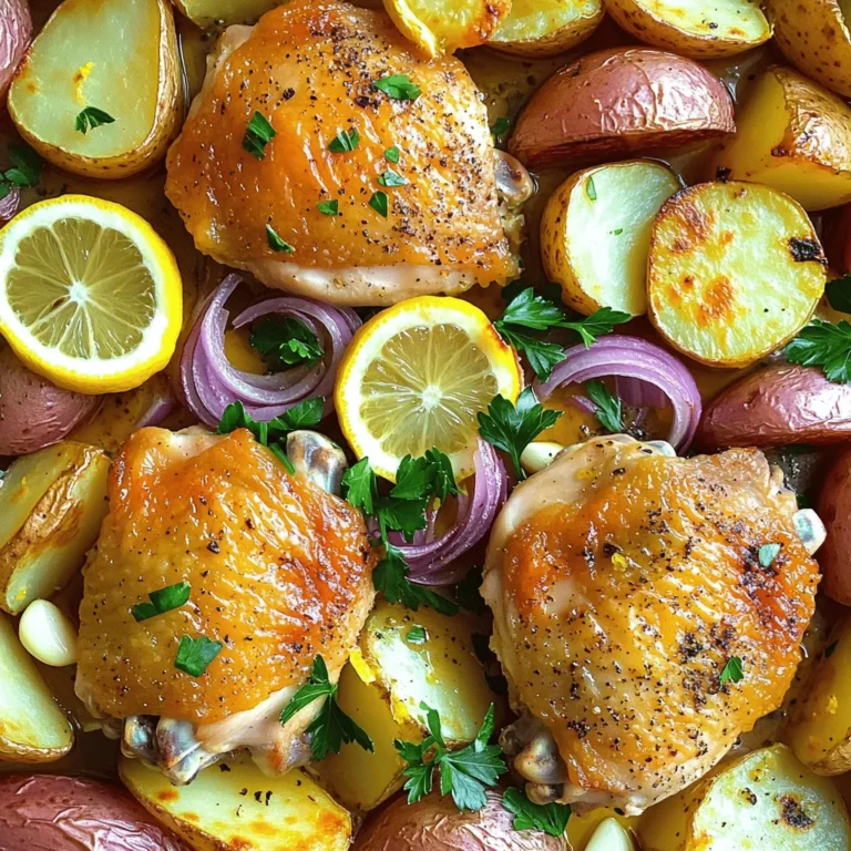 - 4 chicken thighs, skin-on and bone-in - 4 medium potatoes, cut into wedges - 1 large red onion, quartered - 4 cloves garlic, smashed - 2 lemons (1 for juice and 1 thinly sliced) - 1/4 cup extra virgin olive oil - 2 teaspoons dried oregano - 1 teaspoon smoked paprika - Salt and black pepper to taste - Fresh parsley, finely chopped Gathering the right ingredients sets the stage for your Greek Lemon Chicken & Potato Traybake. You need juicy chicken thighs, which give a great taste. Cut your potatoes into wedges for even cooking. A large red onion adds flavor and sweetness. Don't forget the garlic; it brings a lovely aroma. Use fresh lemons for zest and juice. Extra virgin olive oil is key for a rich flavor. Seasoning is just as important. Dried oregano gives a classic Greek taste. Smoked paprika adds depth, while salt and black pepper balance everything. Finally, fresh parsley will brighten your dish as a garnish. With these ingredients, you create a meal that’s both simple and full of flavor. - Preheat your oven to 400°F (200°C). This gets it nice and hot. - In a bowl, mix extra virgin olive oil, lemon juice, oregano, smoked paprika, salt, and pepper. This is your marinade. - Add chicken thighs to the marinade. Turn them to coat well. Let them sit for about 15 minutes. - In another bowl, toss potato wedges and quartered red onion with olive oil, salt, and pepper. Make sure they are well-coated. - Take a large baking tray. Lay the marinated chicken thighs skin-side up on it. Surround them with the seasoned potatoes and onions. - Scatter smashed garlic cloves across the dish for flavor. - Layer thin lemon slices on top of the chicken and potatoes. This adds a zesty kick. - Place the tray in the preheated oven. Bake for 40-45 minutes. Check that the chicken reaches 165°F (75°C). The potatoes should be golden brown. - Once cooked, take the tray out and let it rest for 5 minutes. This allows the flavors to settle before you serve. To get crispy skin on the chicken, always place it skin-side up. This lets the heat reach the skin, making it golden and crunchy. Use medium potatoes, like Yukon Gold, for the best texture. They crisp up nicely while staying fluffy inside. For the best flavor, marinate the chicken for at least 15 minutes. This short time lets the marinade soak in without making the chicken soggy. If you're short on time, even 5 minutes works. You can switch up the marinade by adding yogurt for creaminess or honey for sweetness. Serve the dish directly from the tray for a cozy look. Arrange the chicken and potatoes nicely on individual plates for a fancier touch. Pair it with a fresh salad or a glass of cold white wine to balance the meal. A slice of lemon on the side adds a bright splash of flavor. {{image_4}} You can change the protein in this dish. Try chicken breast or drumsticks. Both options work well. If you want more color, use seasonal veggies. Carrots or bell peppers add great taste and look nice too. To boost flavor, add fresh herbs like thyme or rosemary. These herbs pair well with lemon. You can also try using different citrus fruits. Orange or lime can add a unique twist to the dish. If you need gluten-free options, this recipe fits the bill. All ingredients are gluten-free. For a vegetarian version, swap chicken for chickpeas or tofu. Both options will soak up the delicious marinade. To keep your Greek Lemon Chicken and Potato Traybake fresh, store leftovers in an airtight container. This helps prevent drying out. You can place the dish in the fridge for up to three days. When it’s time to enjoy again, reheat it in the oven at 350°F (175°C). This keeps the chicken crispy and the potatoes warm. You can also microwave it if you’re short on time, but the oven is best for taste. Freezing is a great way to save portions for later. To freeze, let the traybake cool completely. Then, cut it into serving sizes. Wrap each piece tightly in plastic wrap and place them in a freezer bag or container. This helps avoid freezer burn. You can freeze it for up to three months. When you’re ready to eat, thaw it overnight in the fridge. If you’re in a rush, you can defrost it in the microwave, but slow thawing is best for flavor. For the best taste, enjoy your Greek Lemon Chicken and Potato Traybake within three days if refrigerated. In the freezer, it stays fresh for about three months. Always check for signs of spoilage, like off smells or changes in texture. Following these tips helps keep your meal tasty and safe to eat. Yes, you can use boneless chicken thighs. They cook faster and stay juicy. Just adjust the baking time. Aim for about 30-35 minutes in the oven. Check for doneness at 165°F (75°C). To check if the chicken is done, use a meat thermometer. It should read 165°F (75°C) in the thickest part. If you don’t have a thermometer, cut into the chicken. The meat should be white and juices clear. You can prepare it a few hours ahead. Marinate the chicken and cut the potatoes. Store them in the fridge until you are ready to bake. This saves time and boosts flavor. This dish pairs well with a fresh salad or steamed vegetables. You could also serve it with crusty bread to soak up the juices. Rice or quinoa adds a nice touch, too. Yes, you can use a slow cooker! First, brown the chicken thighs in a pan. Then, place them in the slow cooker with the potatoes, onions, and garlic. Cook on low for 6-8 hours or high for 3-4 hours. This method makes the chicken super tender and flavorful. This blog post detailed how to make a Greek Lemon Chicken & Potato Traybake. We covered key ingredients like chicken thighs, potatoes, and garlic, along with an easy marinade. I provided simple steps to prepare and cook the dish perfectly. You learned tips for crispiness, flavor swaps, and storage. In closing, this recipe is not just tasty but also flexible. You can adjust ingredients or flavors to suit your needs. Enjoy your cooking!