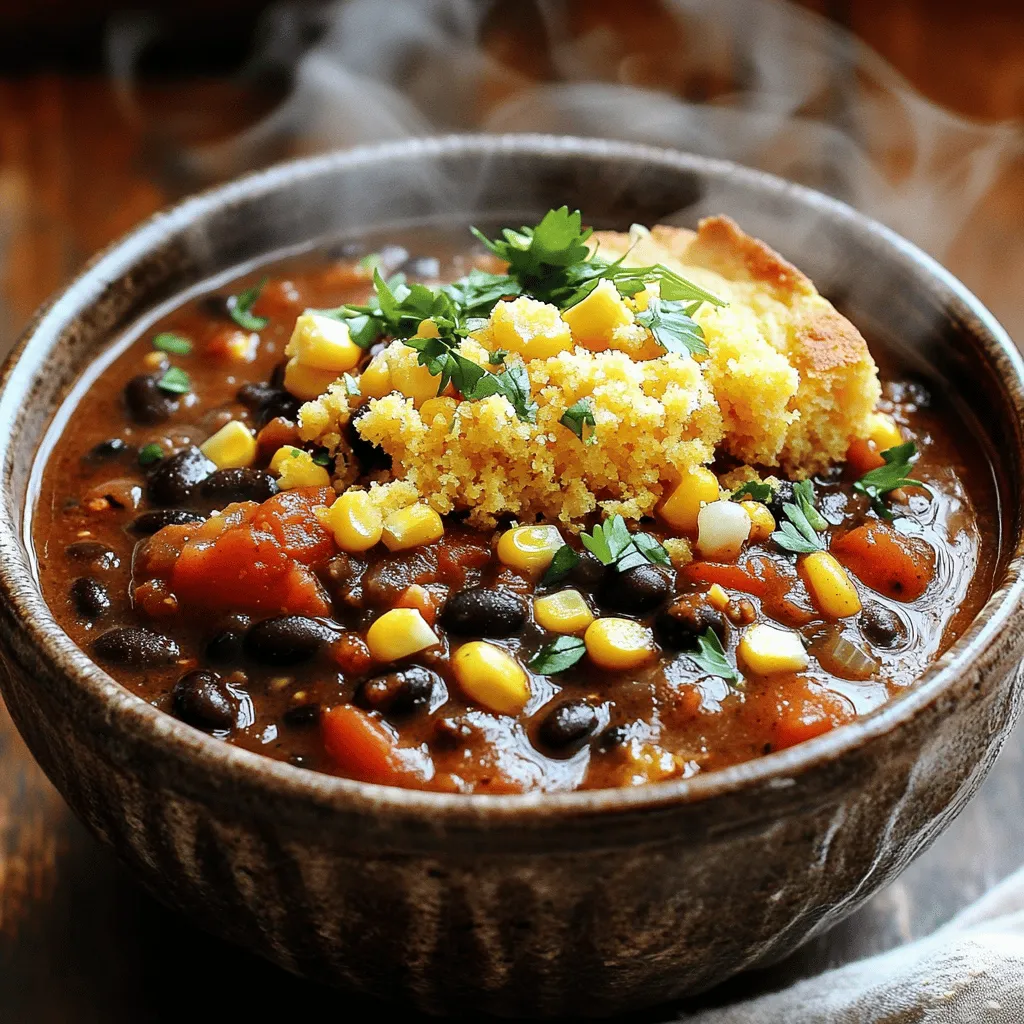 - 2 cans black beans, drained and rinsed - 1 can diced tomatoes (with juices) - 1 cup corn kernels (fresh or frozen) - 1 medium onion, diced - 3 cloves garlic, minced - 1 red bell pepper, diced - 2-3 chipotle peppers in adobo sauce, minced The base of this chili is rich and hearty. Black beans give it protein and fiber. Diced tomatoes add sweetness and acidity. Corn kernels bring texture and a bit of sweetness, too. Onion and garlic boost flavor. Red bell pepper adds color and crunch. Chipotle peppers give that perfect spicy kick. - 1 tablespoon ground cumin - 1 tablespoon chili powder - 1 teaspoon smoked paprika - Salt and pepper to taste The spices transform this dish. Ground cumin adds warmth. Chili powder brings heat and depth. Smoked paprika gives a lovely smoky flavor. Don’t forget salt and pepper to enhance all the tastes. - 1 cup cornmeal - 1 cup buttermilk (or substitute with milk and 1 tablespoon lemon juice) - 1 large egg - 1 teaspoon baking powder - 1 teaspoon sugar - 1/2 teaspoon salt This cornbread crumble is the best part. Cornmeal makes it hearty. Buttermilk keeps it moist and rich. The egg binds it, while baking powder helps it rise. Sugar adds a touch of sweetness, and salt balances all the flavors. - Sauté Onion and Red Bell Pepper: In a large pot, warm 1 tablespoon of olive oil over medium heat. Add 1 diced onion and 1 diced red bell pepper. Cook for about 5 minutes. The onion should look clear and soft. - Add Garlic and Spices: Next, stir in 3 minced garlic cloves, 1 tablespoon of ground cumin, 1 tablespoon of chili powder, and 1 teaspoon of smoked paprika. Add 2-3 minced chipotle peppers in adobo sauce. Stir for 1-2 minutes until you smell the spices. - Incorporate Beans, Tomatoes, Corn, and Broth: Add 2 cans of drained black beans, 1 can of diced tomatoes with juices, 1 cup of corn kernels, and 2 cups of vegetable broth to the pot. Season with salt and pepper to taste. - Bring to a Boil: Increase the heat to high until the mixture bubbles. - Cook Time and Stirring Instructions: Once boiling, reduce the heat to low. Let the chili simmer uncovered for about 30 minutes. Stir it every 5-10 minutes to stop it from sticking to the pot. Taste the chili and adjust seasoning if needed. - Preheat Oven and Mix Dry Ingredients: While the chili cooks, preheat your oven to 400°F (200°C). In a bowl, whisk together 1 cup of cornmeal, 1 teaspoon of baking powder, 1 teaspoon of sugar, and 1/2 teaspoon of salt. - Combine Wet Ingredients with Dry: In a separate bowl, mix 1 cup of buttermilk and 1 large egg until well blended. Slowly pour this into the dry mix, stirring gently. Don’t overmix; this keeps the cornbread light. - Transfer to Baking Dish and Bake: Pour the cornbread batter into a greased baking dish. Spread it evenly. Bake for 20-25 minutes until the top is golden and a toothpick comes out clean. Let it cool a bit, then crumble it into pieces. - Ladling Chili and Topping with Cornbread Crumble: Use a ladle to serve the chili into bowls. Top each bowl with a generous amount of the cornbread crumble for a crunchy finish. Enjoy your meal! To make your chili just right, you can adjust the spices. If you like heat, add more chipotle peppers. For less heat, use fewer peppers. Taste as you go, and you'll know what works best for you. Adding extra ingredients can also enhance flavor. Try adding bell peppers or fresh herbs. These boost the taste and add colorful flair. For a light and fluffy cornbread, don’t overmix the batter. Mix just until wet and dry ingredients blend, and let it rest a moment before baking. You can also use different toppings. Try adding cheese, jalapeños, or herbs for added flavor. Each brings a new twist to the cornbread. Garnishing your chili can make it look amazing. Consider fresh cilantro, a dollop of sour cream, or sliced jalapeños on top. Serve lime wedges on the side for a zesty kick. For sides, cornbread is a classic choice, but you can serve rice or tortilla chips too. These pair well and add texture to your meal. {{image_4}} You can make this chili vegan by swapping a few ingredients. Instead of using buttermilk, you can mix plant-based milk with lemon juice. Use a flax egg instead of a regular egg. Just mix one tablespoon of ground flaxseed with three tablespoons of water. Let it sit until it thickens. For broth, choose a vegetable stock that meets your needs. This keeps the chili tasty and vegan-friendly. Do you want a twist on your chili? Try adding different beans like pinto or kidney beans. You can also add veggies like zucchini or carrots for more color and crunch. Adjust the spice level to your liking. Add more chipotle peppers for heat or a squeeze of lime for brightness. Each change can make your chili unique. If you need a gluten-free option, look for gluten-free cornmeal. This works well in your cornbread crumble. You can also infuse flavors into your cornbread. Add cheese, jalapeños, or herbs to the batter. This adds a fun twist and can change the whole dish. Each variation lets you create something new and delicious. - Best Practices for Refrigeration: Let the chili cool down before storing. Place it in an airtight container. It will keep well in the fridge for up to five days. The flavors will deepen over time. - Freezing Chili and Cornbread Crumble: You can freeze the chili too. Use a freezer-safe container and leave some space for expansion. It will stay fresh for up to three months. For the cornbread crumble, store it separately. This keeps the texture nice. Wrap it tightly in plastic wrap or foil. - How to Reheat Chili Without Losing Flavor: To reheat the chili, place it in a pot on low heat. Stir it often to avoid sticking. Add a splash of water or broth if it looks thick. This keeps it moist and tasty. - Keeping Cornbread Crisp: For the cornbread crumble, heat it in the oven. Preheat to 350°F (175°C). Spread the crumble on a baking sheet. Bake for about 5-10 minutes until it's warm and crisp again. This will make every bite enjoyable. Chipotle Black Bean Chili lasts about 4 to 5 days in the fridge. Store it in an airtight container. This keeps it fresh and helps avoid spills. Yes, you can make this chili in a slow cooker. Just sauté the veggies first for more flavor. Then, add all the ingredients to the slow cooker. Cook on low for 6-8 hours or on high for 3-4 hours. You can serve this chili with rice, tortilla chips, or a side salad. For a fun twist, try pairing it with avocado slices or fresh cilantro. Yes, dried beans work too! Soak them overnight and cook them until soft. You may need to adjust the cooking time. Add them early in the chili process. To make the cornbread crumble dairy-free, use almond milk or oat milk instead of buttermilk. You can also add a splash of vinegar to mimic the tanginess of buttermilk. In this post, I shared how to make delicious Chipotle Black Bean Chili topped with cornbread crumble. You learned about the key ingredients, spices, and simple steps to prepare this dish. I also provided tips for perfecting the chili and cornbread, plus some tasty variations. Remember, cooking is about fun and creativity. Don't hesitate to try new flavors and enjoy the process. With these insights, your chili night will surely impress everyone at the table. Happy cooking!