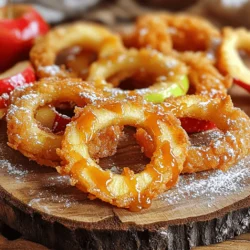 - 2 large apples (Granny Smith or Honeycrisp recommended) - 1 cup all-purpose flour - 1 teaspoon baking powder - 1/2 teaspoon ground cinnamon - 1/4 teaspoon ground nutmeg - 1/4 teaspoon fine salt - 1 cup cold sparkling water - 1 cup panko breadcrumbs - Vegetable oil for frying - Powdered sugar for dusting (optional) To make crispy fried apple rings, you need fresh ingredients. I recommend using Granny Smith or Honeycrisp apples. Their tartness adds a nice balance to the sweet batter. You will also need all-purpose flour, baking powder, ground cinnamon, ground nutmeg, and salt. These dry ingredients create a flavorful batter. The cold sparkling water is key. It makes the batter light and airy, which helps the rings fry up crispy. Panko breadcrumbs give the rings a nice crunch. Make sure to use them instead of regular breadcrumbs. Lastly, have vegetable oil on hand for frying. This oil should be hot but not smoking. If you want a sweet finish, powdered sugar is optional for dusting. Gather these ingredients before you start cooking. This way, you will have everything ready to make your delicious treat! - First, wash and dry the apples well. - Use a corer or a sharp knife to remove the cores. - Slice each apple into rings, about 1/4 inch thick. Set these aside for later. - In a bowl, combine the flour, baking powder, cinnamon, nutmeg, and salt. - Whisk the dry ingredients together until they mix well. - Gradually add cold sparkling water to the bowl. - Whisk until the batter is smooth and thick. It should coat the apple rings well. - Heat about 2 inches of vegetable oil in a deep pan. - Use a thermometer to check the oil temperature. Aim for 350°F (175°C). - Dip each apple ring into the batter, covering it fully. - Transfer the battered ring to a dish with panko breadcrumbs. Press to coat both sides. - Once the oil is ready, carefully add a few apple rings. - Fry them for about 2-3 minutes on each side. Look for a golden brown color. - Use a slotted spoon to lift the rings from the oil. - Place them on a plate lined with paper towels to drain excess oil. - If you like, sprinkle the warm rings with powdered sugar before serving. To make crispy fried apple rings, cold sparkling water is key. The bubbles in sparkling water help the batter get light and airy. This makes your apple rings extra crispy when fried. Frying temperature matters too. Heat the oil to 350°F (175°C) for the best results. If the oil is too cool, the batter will be soggy. If it is too hot, the outside burns before the inside cooks. Use a deep-fry thermometer for accuracy. Avoid overcrowding the pan. Fry just a few apple rings at a time. If you add too many, the oil temperature drops. This can lead to uneven cooking and less crispy rings. For a delightful touch, sprinkle powdered sugar on your fried apple rings. This adds sweetness and makes them look great. You can also drizzle caramel sauce over them for extra flavor. Pair your apple rings with ice cream. Vanilla or cinnamon ice cream works well. The cold ice cream and warm apple rings create a tasty contrast. Enjoy every bite of this sweet treat! {{image_4}} You can easily change the taste of your crispy fried apple rings. One fun way is to add vanilla extract to the batter. Just a teaspoon will make a big difference. It adds a sweet scent and a deeper flavor that you will love. You can also try different spices. Ground ginger or cloves can give your rings a warm twist. These spices can make the dish feel cozy, perfect for chilly days. Just remember, a little goes a long way, so start small and taste as you go. If you want a different crunch, try using crushed nuts instead of panko. Almonds or walnuts add a unique flavor. They also give a nice crunch and are packed with nutrients. Just remember to chop them finely for even coating. For those who need gluten-free options, almond flour works well. You can also use gluten-free breadcrumbs. Both options will give you a crispy texture without the gluten. They are great choices for everyone to enjoy. After you enjoy your crispy fried apple rings, store any leftovers properly. Place them in an airtight container. This keeps the rings fresh. Store them in the fridge for up to three days. If you want to keep them longer, you can freeze them. Wrap each ring in plastic wrap. Then, put them in a freezer-safe bag. They can last for up to three months in the freezer. When you’re ready to eat the leftovers, you can reheat them easily. The oven or air fryer works best. Preheat your oven to 350°F (175°C). Spread the apple rings on a baking sheet. Bake for about 10 minutes. If using an air fryer, heat it to 350°F (175°C). Cook the rings for about 5 minutes. To keep the rings crispy, do not cover them while reheating. This helps them stay crunchy. Enjoy your warm apple rings just like you made them! Yes, you can use different apples. The best apples for frying are Granny Smith and Honeycrisp. Granny Smith apples offer a nice tart taste, while Honeycrisp apples are sweet and crisp. Both hold up well in hot oil. You can also try Fuji or Braeburn apples for a sweeter touch. To make healthier apple rings, you can bake them instead of frying. Just coat the apple rings in the batter and place them on a baking sheet lined with parchment. Bake at 400°F (200°C) for about 15-20 minutes. You can also use whole wheat flour for the batter. Fried apple rings taste great with many dips. Caramel sauce is a classic choice. You might also enjoy chocolate sauce, honey, or yogurt. For a fun twist, try serving them with a cinnamon cream cheese dip. Yes, you can make the batter ahead of time. Store it in the fridge for up to 24 hours. Just remember to whisk it again before use. The batter may thicken, so you might need to add a bit more sparkling water. The best apples for frying are Granny Smith, Honeycrisp, and Fuji. Granny Smith gives a tart flavor, while Honeycrisp and Fuji add sweetness. All these varieties keep their shape well during frying, making them perfect for crispy apple rings. You’ve learned how to make delicious fried apple rings. We discussed the key ingredients, simple steps, and helpful tips to achieve a perfect crisp. Remember, using cold sparkling water and the right frying temperature matters for the best outcome. Feel free to explore variations, from spices to coatings. Storing and reheating are easy too! Enjoy experimenting with dips, and remember to choose the right apples for the best taste. Now, go ahead and create your tasty treat!