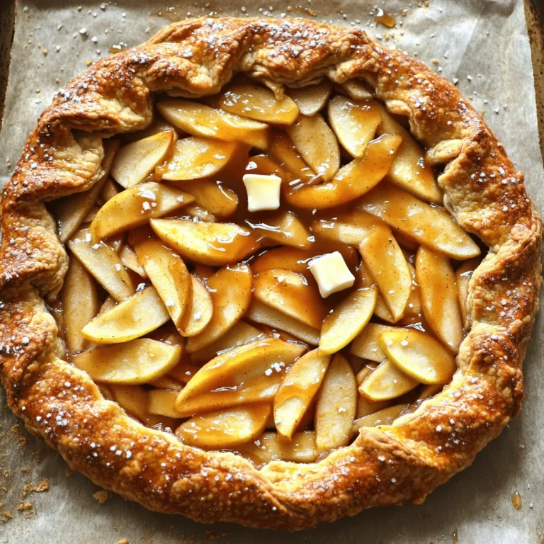 - 1 pie crust (store-bought or homemade) - 3 large apples (such as Granny Smith or Honeycrisp), peeled, cored, and thinly sliced - 1/3 cup brown sugar - 1 tablespoon fresh lemon juice - 1 teaspoon ground cinnamon - 1/4 teaspoon ground nutmeg - 1 tablespoon all-purpose flour - 1/3 cup salted caramel sauce (homemade or store-bought) - 1 egg, beaten (for egg wash) - Sea salt flakes (for garnish) - 1 tablespoon unsalted butter, cut into small cubes - Chopped nuts (like walnuts or pecans) for added crunch - Vanilla ice cream for serving - Fresh herbs (like thyme) for a unique twist - A mixing bowl for the apple filling - A rolling pin if you make your own crust - A baking sheet lined with parchment paper - A pastry brush for the egg wash - A sharp knife or pizza cutter for slicing - An oven for baking the galette In this recipe, the combination of sweet apples and rich caramel shines. The brown sugar creates a lovely depth, while the spices add warmth. You can choose to add nuts for crunch or serve it with ice cream for extra creaminess. Having the right tools helps make this process smooth and fun. Start by peeling and slicing three large apples. I like using Granny Smith or Honeycrisp for their sweet-tart flavor. In a big bowl, mix the apple slices with 1/3 cup of brown sugar, 1 tablespoon of fresh lemon juice, 1 teaspoon of ground cinnamon, 1/4 teaspoon of ground nutmeg, and 1 tablespoon of all-purpose flour. Toss everything well so each apple slice is coated. Let this sit for about 10 minutes. This helps the apples soak up all the yummy flavors. If you're making your own pie crust, roll it out into a circle about 12 inches wide. Use a lightly floured surface to prevent sticking. If you bought a crust, just unroll it and lay it flat on a baking sheet lined with parchment paper. This makes cleanup easy later. Spoon the apple filling right into the center of your rolled-out crust. Make sure to leave about a 2-inch border around the edges. Drizzle 1/3 cup of salted caramel sauce over the apples. Fold the edges of the crust over the apples, making nice pleats for that rustic look. It should look beautiful and inviting! Preheat your oven to 400°F (200°C). Place the assembled galette in the oven and bake for 25 to 30 minutes. You want the crust to turn golden brown and the apples to be tender. When it’s done, the smell will fill your kitchen, making it hard to wait! Pick apples that are crisp and slightly tart. Granny Smith and Honeycrisp are great choices. They hold their shape well during baking. Tart apples balance the sweetness of the caramel. For a sweeter galette, use Fuji or Gala apples. Mixing different types of apples adds depth to the flavor. For the best crust, keep your ingredients cold. Use chilled butter and ice water. This helps the crust stay flaky. Roll the dough evenly to avoid thick spots. Aim for about 12 inches in diameter. Make sure to fold the edges gently to create a rustic look. Brush the crust with egg wash for a golden finish. The salted caramel sauce is key. It adds a rich flavor that complements the apples. Use just the right amount of sea salt flakes on top. This enhances the sweetness without overpowering it. Taste your apple filling before baking. Adjust the brown sugar if needed, aiming for a nice balance. {{image_4}} You can switch up the apples for other fruits. Pears work well, too. Try using a mix of apples and pears for a nice twist. Berries, like blueberries or raspberries, add a sweet and tart flavor. Just remember, if you use softer fruits, reduce the baking time. This keeps them firm but still juicy. While salted caramel is a star, you can try other sauces. Chocolate sauce adds a rich touch. A drizzle of vanilla glaze gives a sweet finish. If you want something fruity, a warm berry sauce is a tasty option. Each sauce brings its own flair to the galette. Want a gluten-free galette? Use a gluten-free pie crust. Many store brands offer great options. For a vegan twist, swap the egg wash with almond milk. Use a plant-based butter in the filling for richness. These simple changes keep the flavor while meeting dietary needs. To keep your galette fresh, store it in an airtight container. Place it in the fridge if you have leftovers. The galette will stay good for about three days. Be sure to let it cool completely before sealing. This helps keep the crust from getting soggy. When you're ready to enjoy your galette again, preheat your oven to 350°F (175°C). Place the galette on a baking sheet. Heat it for about 10 to 15 minutes. This warms it through and keeps the crust crispy. You can also use a microwave, but the crust may not stay as crunchy. To freeze the galette, let it cool fully first. Wrap it tightly in plastic wrap, then place it in a freezer bag. It can last up to three months in the freezer. When you want to eat it, thaw it in the fridge overnight. Reheat it in the oven for the best texture. You’ll know your galette is done when the crust is golden brown. Check the apples, too. They should be soft but not mushy. Bake it for 25 to 30 minutes at 400°F (200°C). Keep an eye on it in the last few minutes. The smell will also guide you. You’ll catch that sweet, warm aroma of apples and caramel. Trust your senses! Absolutely! You can use any caramel sauce you like. If you have homemade caramel, that works great. Store-bought sauces are also fine. Just make sure it's salted for that extra flavor kick. You can experiment with flavors, too. Try a vanilla or coffee-infused caramel for a twist. The key is to enjoy your galette your way! You can serve this galette with vanilla ice cream for a classic touch. Whipped cream adds a light, airy feel. You might also consider a drizzle of additional caramel sauce on top. For a fancy twist, serve it with a sprinkle of sea salt. If you want something fresh, a scoop of yogurt works well, too. Each option enhances the galette's warm, sweet flavor. To make a delicious salted caramel apple galette, start with quality ingredients and tools. I outlined the steps for preparing the filling, rolling out the crust, and baking to perfection. Remember to experiment with different fruits and sauces for fun twists. Storing leftovers properly helps maintain flavor, and reheating is easy. I hope these tips and tricks empower you to create your own tasty galette. Enjoy the process, and don't hesitate to try new ideas! You’ll impress friends and family with your baking skills.