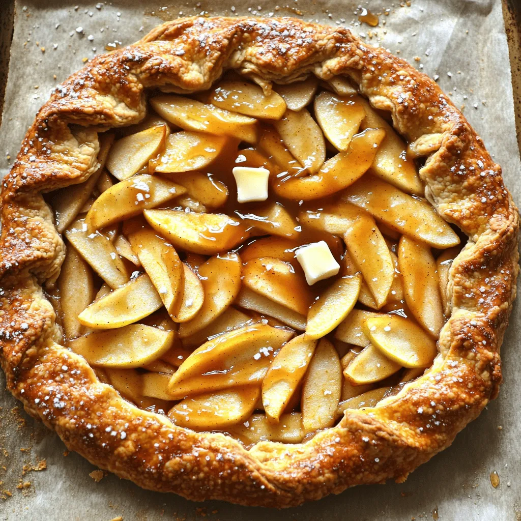 - 1 pie crust (store-bought or homemade) - 3 large apples (such as Granny Smith or Honeycrisp), peeled, cored, and thinly sliced - 1/3 cup brown sugar - 1 tablespoon fresh lemon juice - 1 teaspoon ground cinnamon - 1/4 teaspoon ground nutmeg - 1 tablespoon all-purpose flour - 1/3 cup salted caramel sauce (homemade or store-bought) - 1 egg, beaten (for egg wash) - Sea salt flakes (for garnish) - 1 tablespoon unsalted butter, cut into small cubes - Chopped nuts (like walnuts or pecans) for added crunch - Vanilla ice cream for serving - Fresh herbs (like thyme) for a unique twist - A mixing bowl for the apple filling - A rolling pin if you make your own crust - A baking sheet lined with parchment paper - A pastry brush for the egg wash - A sharp knife or pizza cutter for slicing - An oven for baking the galette In this recipe, the combination of sweet apples and rich caramel shines. The brown sugar creates a lovely depth, while the spices add warmth. You can choose to add nuts for crunch or serve it with ice cream for extra creaminess. Having the right tools helps make this process smooth and fun. Start by peeling and slicing three large apples. I like using Granny Smith or Honeycrisp for their sweet-tart flavor. In a big bowl, mix the apple slices with 1/3 cup of brown sugar, 1 tablespoon of fresh lemon juice, 1 teaspoon of ground cinnamon, 1/4 teaspoon of ground nutmeg, and 1 tablespoon of all-purpose flour. Toss everything well so each apple slice is coated. Let this sit for about 10 minutes. This helps the apples soak up all the yummy flavors. If you're making your own pie crust, roll it out into a circle about 12 inches wide. Use a lightly floured surface to prevent sticking. If you bought a crust, just unroll it and lay it flat on a baking sheet lined with parchment paper. This makes cleanup easy later. Spoon the apple filling right into the center of your rolled-out crust. Make sure to leave about a 2-inch border around the edges. Drizzle 1/3 cup of salted caramel sauce over the apples. Fold the edges of the crust over the apples, making nice pleats for that rustic look. It should look beautiful and inviting! Preheat your oven to 400°F (200°C). Place the assembled galette in the oven and bake for 25 to 30 minutes. You want the crust to turn golden brown and the apples to be tender. When it’s done, the smell will fill your kitchen, making it hard to wait! Pick apples that are crisp and slightly tart. Granny Smith and Honeycrisp are great choices. They hold their shape well during baking. Tart apples balance the sweetness of the caramel. For a sweeter galette, use Fuji or Gala apples. Mixing different types of apples adds depth to the flavor. For the best crust, keep your ingredients cold. Use chilled butter and ice water. This helps the crust stay flaky. Roll the dough evenly to avoid thick spots. Aim for about 12 inches in diameter. Make sure to fold the edges gently to create a rustic look. Brush the crust with egg wash for a golden finish. The salted caramel sauce is key. It adds a rich flavor that complements the apples. Use just the right amount of sea salt flakes on top. This enhances the sweetness without overpowering it. Taste your apple filling before baking. Adjust the brown sugar if needed, aiming for a nice balance. {{image_4}} You can switch up the apples for other fruits. Pears work well, too. Try using a mix of apples and pears for a nice twist. Berries, like blueberries or raspberries, add a sweet and tart flavor. Just remember, if you use softer fruits, reduce the baking time. This keeps them firm but still juicy. While salted caramel is a star, you can try other sauces. Chocolate sauce adds a rich touch. A drizzle of vanilla glaze gives a sweet finish. If you want something fruity, a warm berry sauce is a tasty option. Each sauce brings its own flair to the galette. Want a gluten-free galette? Use a gluten-free pie crust. Many store brands offer great options. For a vegan twist, swap the egg wash with almond milk. Use a plant-based butter in the filling for richness. These simple changes keep the flavor while meeting dietary needs. To keep your galette fresh, store it in an airtight container. Place it in the fridge if you have leftovers. The galette will stay good for about three days. Be sure to let it cool completely before sealing. This helps keep the crust from getting soggy. When you're ready to enjoy your galette again, preheat your oven to 350°F (175°C). Place the galette on a baking sheet. Heat it for about 10 to 15 minutes. This warms it through and keeps the crust crispy. You can also use a microwave, but the crust may not stay as crunchy. To freeze the galette, let it cool fully first. Wrap it tightly in plastic wrap, then place it in a freezer bag. It can last up to three months in the freezer. When you want to eat it, thaw it in the fridge overnight. Reheat it in the oven for the best texture. You’ll know your galette is done when the crust is golden brown. Check the apples, too. They should be soft but not mushy. Bake it for 25 to 30 minutes at 400°F (200°C). Keep an eye on it in the last few minutes. The smell will also guide you. You’ll catch that sweet, warm aroma of apples and caramel. Trust your senses! Absolutely! You can use any caramel sauce you like. If you have homemade caramel, that works great. Store-bought sauces are also fine. Just make sure it's salted for that extra flavor kick. You can experiment with flavors, too. Try a vanilla or coffee-infused caramel for a twist. The key is to enjoy your galette your way! You can serve this galette with vanilla ice cream for a classic touch. Whipped cream adds a light, airy feel. You might also consider a drizzle of additional caramel sauce on top. For a fancy twist, serve it with a sprinkle of sea salt. If you want something fresh, a scoop of yogurt works well, too. Each option enhances the galette's warm, sweet flavor. To make a delicious salted caramel apple galette, start with quality ingredients and tools. I outlined the steps for preparing the filling, rolling out the crust, and baking to perfection. Remember to experiment with different fruits and sauces for fun twists. Storing leftovers properly helps maintain flavor, and reheating is easy. I hope these tips and tricks empower you to create your own tasty galette. Enjoy the process, and don't hesitate to try new ideas! You’ll impress friends and family with your baking skills.