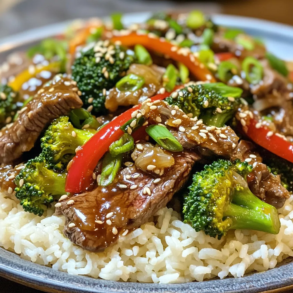 - 1 lb beef flank steak, thinly sliced against the grain - 4 cups fresh broccoli florets - 1 red bell pepper, thinly sliced - 3 tablespoons soy sauce - 2 tablespoons oyster sauce - 1 tablespoon cornstarch - 1 tablespoon sesame oil - 2 cloves garlic, minced - 1 teaspoon fresh ginger, grated - 1 tablespoon vegetable oil (for cooking) - Cooked jasmine rice, for serving - Sesame seeds and sliced green onions, for garnish Beef flank steak works best for this dish. It is tender and flavorful. Slice it against the grain for the best texture. Fresh broccoli keeps its crunch and bright color. Use red bell pepper for sweetness and a pop of color. Soy sauce and oyster sauce create a rich umami flavor. Cornstarch helps thicken the sauce and gives the beef a nice coating. Garlic and ginger add a fresh kick to the dish. You can add other veggies like carrots or snow peas for more color and texture. If you like heat, add red pepper flakes or sliced chili peppers. For a nutty flavor, sprinkle some toasted sesame seeds on top. You can also use brown rice instead of jasmine for a heartier option. To start, marinate the beef. Take 1 pound of flank steak and slice it thinly against the grain. This helps make the beef tender. In a medium bowl, mix the sliced beef with 3 tablespoons of soy sauce, 2 tablespoons of oyster sauce, and 1 tablespoon of cornstarch. Make sure the beef is well coated. Let it sit for at least 15 minutes. This step adds flavor and makes the beef juicy. Next, we will cook the beef and veggies. Heat 1 tablespoon of vegetable oil in a large skillet or wok over medium-high heat. Once the oil is hot, add 2 cloves of minced garlic and 1 teaspoon of grated ginger. Stir for about 30 seconds. This will fill your kitchen with a great smell. Now, add the marinated beef to the skillet. Spread it out in a single layer. Let it sear without stirring for 2 to 3 minutes. This will give the beef a nice brown color. Once it’s nearly cooked, remove the beef and set it aside. In the same skillet, add more oil if you need it. Toss in 4 cups of fresh broccoli florets and 1 thinly sliced red bell pepper. Stir-fry the veggies for about 5 minutes. They should be bright and tender but still crisp. Now, it’s time to bring everything together. Return the cooked beef to the skillet with the veggies. Drizzle 1 tablespoon of sesame oil over the mix. Toss everything together for 1 to 2 minutes. This ensures all the flavors blend well. Serve this delicious beef and broccoli over bowls of fluffy jasmine rice. For a nice touch, sprinkle sesame seeds and sliced green onions on top. Enjoy your homemade dish that tastes even better than takeout! To get a nice sear, start with a hot pan. Heat your skillet well before adding oil. Lay the beef in one layer and don’t stir for a few minutes. This helps the beef brown nicely. If you crowd the pan, the beef will steam and not sear. Use a good amount of heat but watch it closely to avoid burning. If you want a veggie version, swap the beef for tofu or tempeh. Both soak up flavors well and provide a great texture. Use the same marinade for tofu to keep the taste strong. You can also try adding mushrooms or bell peppers for more variety. This keeps the dish vibrant and tasty. To boost the flavors, add a splash of rice vinegar or lime juice. This adds a nice zing. Fresh herbs like cilantro can also brighten the dish. You might want to try adding chili flakes for some heat. Always taste as you go. This helps you find the perfect balance for your palate. {{image_4}} You can switch out beef for other proteins. Chicken works great and cooks fast. Thinly slice it like the beef. You can also use shrimp for a lighter dish. Cook shrimp just until pink and tender. Tofu is a nice option too for a vegetarian choice. Press and cube the tofu for best results. Feel free to add more veggies. Carrots add a nice crunch and color. Snow peas give a sweet bite. Mushrooms bring umami and soak up the sauces. Just make sure to cut all veggies into small pieces for even cooking. Mix and match based on what you have at home or what’s in season. Change up the sauces for a new taste. Try teriyaki sauce instead of soy sauce for a sweeter flavor. You can add a splash of rice vinegar for tang and brightness. Want some heat? Try adding chili paste or red pepper flakes. A dash of sesame oil at the end amps up the flavor too. Store any leftover beef and broccoli in an airtight container. Let it cool first. Place the container in the fridge. It will stay fresh for up to three days. If you want to enjoy it later, consider freezing. To reheat, you can use a microwave or a skillet. For the microwave, place your food in a bowl. Heat it for one to two minutes. Stir halfway to warm it evenly. If using a skillet, add a splash of water. Heat on medium until hot. This keeps the beef moist. To freeze beef and broccoli, portion it into freezer-safe bags. Remove as much air as you can before sealing. Label each bag with the date. It can last up to three months in the freezer. When ready to eat, thaw it overnight in the fridge. Then, reheat as mentioned above. Yes, you can use frozen broccoli. It saves time and still tastes good. Just add it to the pan for a few extra minutes. This will help it cook through and heat up. Remember, fresh broccoli gives a nice crunch, but frozen works fine in a pinch. The best cut for this dish is flank steak. It’s thin and tender when cooked right. You can also use sirloin or ribeye if you want something richer. Slice the beef thin against the grain. This makes it more tender and easier to chew. To make this dish gluten-free, swap soy sauce for tamari. Tamari is a great gluten-free substitute. Also, check the oyster sauce for gluten. Some brands offer gluten-free options. Using these swaps will keep your meal tasty and safe for gluten-free diets. This post covered all you need for a tasty meal. We explored essential ingredients, cooking steps, and helpful tips. I shared ways to vary the recipe and store leftovers correctly. Using these insights, you can impress anyone with your cooking skills. Remember, cooking should be fun and creative, so feel free to make this your own!