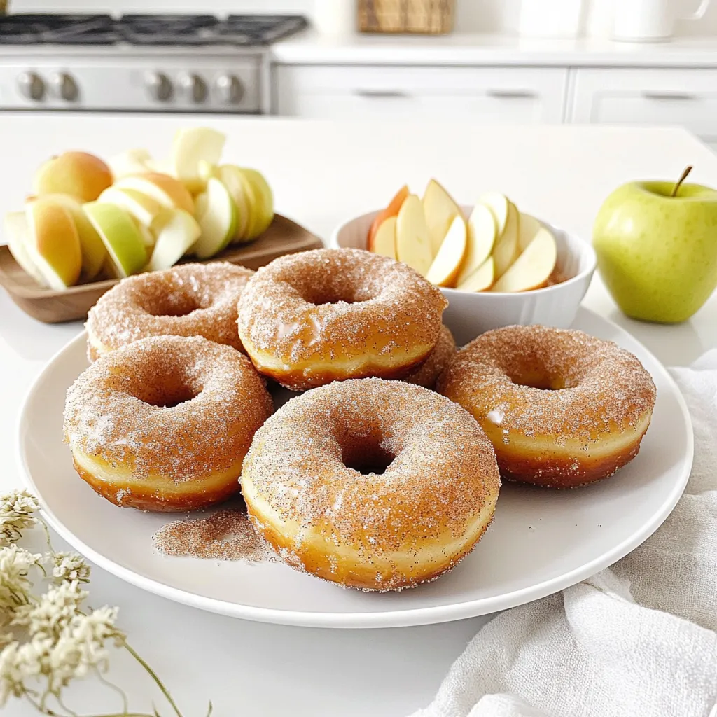 - 2 cups apple cider - 2 cups all-purpose flour - 1 cup granulated sugar Apple cider brings a sweet and tangy flavor to these donuts. All-purpose flour gives the donuts their structure, while granulated sugar helps them stay sweet and soft. - 1 teaspoon baking powder - 1 teaspoon baking soda - 1 teaspoon ground cinnamon - ½ teaspoon ground nutmeg - ½ teaspoon salt Baking powder and baking soda provide the rise. Ground cinnamon and nutmeg add warmth and spice, making each bite cozy. Salt enhances all the flavors, making them shine. - 2 large eggs - ½ cup buttermilk - 4 tablespoons unsalted butter, melted - 1 cup granulated sugar (for coating) - 3 tablespoons ground cinnamon (for coating) Eggs bind the mixture together, while buttermilk adds moisture and a slight tang. Melted butter keeps the donuts rich and flavorful. The coating of sugar and cinnamon creates a delightful crunch on the outside, making each bite irresistible. 1. Pour the apple cider into a small saucepan. 2. Bring the cider to a gentle boil over medium-high heat. 3. Once boiling, reduce the heat to low. 4. Let it simmer until the cider reduces to about ¾ cup. This usually takes 15-20 minutes. 5. Remove the saucepan from heat and let it cool slightly. 1. Preheat your oven to 375°F (190°C). 2. While the oven heats up, grease the donut pan well. 3. Use cooking spray or softened butter for easy release. 1. In a large mixing bowl, combine the following: - 2 cups all-purpose flour - 1 cup granulated sugar - 1 teaspoon baking powder - 1 teaspoon baking soda - 1 teaspoon ground cinnamon - ½ teaspoon ground nutmeg - ½ teaspoon salt 2. Whisk together until evenly mixed. 1. In a medium bowl, crack two large eggs and beat them lightly. 2. Add ½ cup buttermilk and 4 tablespoons melted unsalted butter. 3. Mix in the slightly cooled reduced apple cider. 4. Stir until the mixture is smooth and well combined. 1. Carefully pour the wet mixture into the bowl with the dry ingredients. 2. Gently stir the two mixtures together until just combined. 3. It’s fine if there are a few lumps in the batter. 1. Using a piping bag or a spoon, fill each cavity of the donut pan. 2. Fill them about ¾ full to allow for rising. 3. Place the donut pan in the preheated oven. 4. Bake for 10-12 minutes. 5. The donuts should be lightly golden. Test with a toothpick; it should come out clean. To get the best apple cider donuts, avoid overmixing the batter. Mix just until combined. This keeps your donuts tender and fluffy. Also, remember that a correct oven temperature is key. If your oven is too hot or too cold, it can ruin your donuts. Make sure to preheat to 375°F (190°C) for the best results. After baking, let the donuts cool for about five minutes in the pan. This step is important. If you coat them too soon, they may fall apart. For coating, mix granulated sugar and ground cinnamon in a shallow bowl. Roll each donut in this mix while they are still warm. This helps the sugar stick evenly. For a lovely display, arrange the donuts on a rustic wooden board. Dust them with powdered sugar to make them look fancy. You can also add thinly sliced fresh apples around them. This not only looks nice but adds a fresh touch. Place a small bowl of extra cinnamon sugar nearby for dipping, which makes serving even more fun! {{image_4}} You can make your apple cider donuts even more exciting by adding flavors. Consider adding extra spices like cloves or ginger. These spices give warmth and depth to each bite. You can also mix in fruits like raisins or chopped apples. These additions make your donuts unique and add natural sweetness. Plus, they boost the texture, giving you a delightful surprise in every bite. If you want a healthier donut, swap in whole wheat flour. This change gives you more fiber and nutrients. You can also reduce the sugar in the recipe. Using sugar substitutes like honey or maple syrup can work well, too. These options let you enjoy your favorite treat while keeping health in mind. For those avoiding gluten, you can use gluten-free flour alternatives. Almond flour or a store-bought gluten-free mix can work great. Just remember to adjust the moisture. Sometimes, you may need to add a bit more liquid. These changes help keep the texture light and fluffy, just like traditional donuts. Enjoy experimenting with these variations to find your perfect apple cider donut! To keep your apple cider donuts fresh, use airtight containers. This helps trap moisture and flavor. Store the donuts at room temperature for up to three days. If you want to keep them longer, place them in the fridge. Donuts stored in the fridge can last up to a week. Just note that refrigeration may change their texture a bit. You can freeze apple cider donuts for later enjoyment. First, let the donuts cool completely. Then, wrap each one in plastic wrap. Place the wrapped donuts in a freezer-safe bag. This method helps prevent freezer burn. You can freeze them for up to three months. When you're ready to enjoy them, remove a donut from the freezer. Let it thaw at room temperature for about 30 minutes. For a warm treat, reheat them in the oven. Preheat the oven to 350°F (175°C) and bake for about 5-7 minutes. This will bring back their lovely texture and taste. Enjoy your delicious apple cider donuts any time! Apple cider donuts taste best fresh. They last about 2 to 3 days at room temperature. Store them in an airtight container. This keeps them soft and tasty. If you want them to last longer, you can refrigerate them. They will stay good for about a week in the fridge. However, they may lose some of their fluffiness. Yes, you can make these donuts ahead of time! Bake them and let them cool completely. Then, place them in an airtight container. You can store them at room temperature for up to 3 days. If you want to keep them longer, freeze them. Wrap each donut in plastic wrap and put them in a freezer bag. They will last for about 2 months in the freezer. Just thaw and reheat before serving. Apple cider donuts are great on their own, but you can jazz them up! Here are some tasty ideas: - Caramel sauce for a sweet dip - Maple syrup for a classic touch - Cream cheese frosting for a rich flavor - Whipped cream for a light twist - Extra cinnamon sugar for a fun coating These options add flavor and fun to your apple cider donuts. You learned how to make delicious apple cider donuts. First, gather essential ingredients like apple cider, flour, and sugar. Then, follow simple steps to mix and bake. Remember, avoid overmixing for the best texture. Try fun variations or healthier swaps to suit your taste. Store your donuts properly to keep them fresh. Enjoy your treat with great toppings or dips. With these steps, you can impress friends and family. Make some today and savor the joy of fresh homemade donuts!