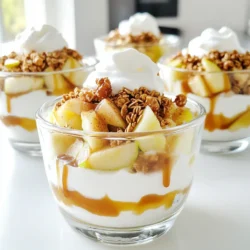 - 2 large apples (preferably Granny Smith or Honeycrisp), diced - 1 cup Greek yogurt (vanilla flavor recommended) - 1/2 cup granola (your favorite variety) - 1/4 cup caramel sauce (store-bought or homemade for a personal touch) - 1/2 teaspoon ground cinnamon - 1 tablespoon fresh lemon juice - Whipped cream (optional, for garnish) - Chopped nuts (optional, such as walnuts or pecans, for added crunch) You can switch up the apples based on your taste. Try Fuji or Gala for a sweeter bite. For yogurt, plain Greek works too if you want less sweetness. Use a flavored yogurt like caramel or cinnamon for a fun twist. Choose your favorite granola, or even use crushed cookies for a different crunch. To boost flavor, add a splash of vanilla extract to the yogurt. You could also mix in raisins or dried cranberries for a chewy texture. Consider using coconut flakes for an exotic touch. If you love spice, a dash of nutmeg or allspice can bring warmth to your parfait. Start by washing the apples. I love using Granny Smith or Honeycrisp apples for their sweet and tart flavors. Then, dice the apples into small bits. In a medium bowl, mix the diced apples with 1 tablespoon of fresh lemon juice and 1/2 teaspoon of ground cinnamon. Toss gently. This helps the apples taste better and keeps them from browning. You want those apples to shine in your parfait! Now, grab your parfait glasses or bowls. It's time to layer! Begin with about 1/4 cup of Greek yogurt at the bottom of each glass. This creamy base is essential. Next, add a third of the apple mixture on top of the yogurt. The cinnamon apples will give each spoonful great flavor. Now, drizzle 1 tablespoon of caramel sauce over the apples. Watch it flow down into the yogurt. After that, sprinkle about 2 tablespoons of granola for a crunchy bite. Repeat these steps until your glasses are full. Finish with a layer of yogurt topped with a generous drizzle of caramel sauce. To make your parfaits even prettier, consider adding a dollop of whipped cream on top. You can also sprinkle some chopped nuts, like walnuts or pecans, for extra crunch. Serve these right away for the best taste! If you prefer, you can chill them for up to an hour. This lets the flavors blend. Using clear glass cups shows off the colorful layers, making it a fun treat to enjoy! To keep your apples fresh and bright, use lemon juice. Toss the diced apples in a bowl with one tablespoon of fresh lemon juice. This simple step stops oxidation. You can also sprinkle ground cinnamon on the apples. It adds flavor and helps reduce browning too. Layering makes your parfait look amazing. Start with Greek yogurt at the bottom. You can add about 1/4 cup of yogurt first. Then, add a layer of apples, followed by caramel. Use clear glasses to show off the colors. Repeat the layers to fill the glass. Finish with yogurt on top and a drizzle of caramel for a beautiful touch. For the best taste, choose high-quality Greek yogurt. I recommend brands like Fage or Chobani. These brands have rich, creamy yogurt that complements the apples and caramel. They enhance the flavor of your parfait and make every bite delightful. {{image_4}} You can swap Greek yogurt for low-fat yogurt. This change cuts calories while keeping taste. It still gives you a creamy texture. You can also try non-dairy yogurt if you prefer. Almond or coconut yogurt works well too. Want to switch up the flavors? Try making a caramel apple pie parfait. Add a pinch of nutmeg and a dash of vanilla extract. You can also use spiced apple. Just mix some cinnamon and nutmeg into the diced apples. This makes every bite a warm hug. Seasonal flavors can really shine in this parfait. For fall, add a pumpkin spice mix to your yogurt. This gives a cozy twist to your treat. You might also try fresh cranberries or pears in winter. These additions make your parfaits festive and fun. To store leftover parfaits, cover them tightly with plastic wrap or a lid. This keeps them fresh and prevents drying out. You can also place them in an airtight container. Make sure to store them in the fridge. They should stay tasty for up to 24 hours. If you want to prep in advance, keep the components separate. Dice apples, mix them with lemon juice and cinnamon, and store them in a bowl. Store the yogurt, granola, and caramel sauce in their own containers. This way, you can quickly assemble the parfaits when you’re ready to eat. It saves time and keeps everything fresh. - Apples: Fresh apples can last about 1-2 weeks in the fridge. - Greek yogurt: Check the expiration date. It usually lasts 1-2 weeks after opening. - Granola: It can last for several months if stored in a sealed bag or container. - Caramel sauce: Store-bought caramel sauce can last for months if unopened. Once opened, use it within a few weeks. By keeping these tips in mind, you can enjoy your Caramel Apple Yogurt Parfaits at their best! Yes, you can make these parfaits ahead of time. Prepare them a few hours in advance. Store them in the fridge. This helps the flavors mix well. Just be careful with the apples. They can brown if left too long. If you want to keep them fresh, add lemon juice to the apples. This keeps them bright and tasty. For the best flavor, use Granny Smith or Honeycrisp apples. Granny Smith apples add a nice tartness. Honeycrisp apples are sweet and crunchy. Both types give a great balance to the parfait. You can also try other apples like Fuji or Gala. Just avoid mealy or soft apples, as they won’t hold up well. Making homemade caramel sauce is easy! You need just a few ingredients: sugar, butter, and cream. Start by melting sugar in a pan over medium heat. Stir until it turns golden brown. Then, add butter and mix well. Finally, pour in heavy cream. Stir until smooth. Let it cool before using it in your parfaits. This homemade touch makes your parfaits even more special. In this blog post, we explored how to make delicious Caramel Apple Yogurt Parfaits. We talked about the key ingredients, step-by-step instructions, and useful tips. You learned how to prepare apples, layer your parfaits, and garnish them for a beautiful finish. Plus, we shared variations for flavor and healthier options. Remember, making parfaits can be a fun activity. Enjoy crafting your own tasty versions and share them with friends and family! Your creativity will shine through every layer.