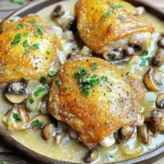For Creamy Mushroom Chicken Thighs, gather these key ingredients: - 4 bone-in chicken thighs, skin-on - 2 cups mushrooms, sliced (cremini or button varieties) - 1 medium onion, diced - 3 cloves garlic, minced - 1 cup heavy cream - 1 cup chicken broth - 2 tablespoons olive oil - 1 teaspoon dried thyme - 1 teaspoon paprika - Salt and freshly ground pepper to taste - Fresh parsley, chopped (for garnish) You can swap some ingredients based on what you have. If you want a lighter dish, use half-and-half instead of heavy cream. For a different flavor, substitute chicken thighs with chicken breasts. If you can't find cremini mushrooms, regular button mushrooms work just as well. This dish serves four people. Each serving has about: - Calories: 490 - Protein: 30g - Fat: 36g - Carbohydrates: 9g - Fiber: 1g This meal packs a tasty punch while still being rich in protein. It fits well into a balanced diet if you watch portion sizes. Enjoy every bite! Start by patting the chicken thighs dry. Use paper towels to remove excess moisture. This helps the skin get crispy. Next, season both sides with salt, pepper, and paprika. Make sure to cover every part. This step adds great flavor to your dish. Now, grab a large skillet and heat olive oil over medium-high heat. Carefully place the chicken thighs skin-side down in the hot oil. Sear them for about 6 to 7 minutes. You want the skin to be golden brown and crispy. After that, flip the thighs and cook for another 5 minutes. Once they are done, take them out of the skillet and set them aside. In the same skillet, do not clean it; add the diced onion and sliced mushrooms. Sauté for about 5 to 7 minutes. Stir occasionally until the onions look clear and the mushrooms are soft. Then, add the minced garlic and dried thyme. Cook for 1 to 2 more minutes until the garlic smells great. Pour in the chicken broth and let it simmer gently. Scrape the bottom of the skillet with a wooden spoon. This helps mix in all the tasty bits. Then, stir in the heavy cream to make a rich sauce. Return the chicken thighs to the skillet, skin-side up. Lower the heat and cover the skillet. Let it cook for about 25 to 30 minutes. This makes the chicken tender and full of flavor. When done, taste the sauce and adjust the seasoning as needed. Finally, sprinkle fresh parsley on top for a nice touch before serving. To get that perfect crispy skin, start by drying the chicken thighs with paper towels. This removes excess moisture. Next, season the skin side well with salt, pepper, and paprika. When you cook, heat your skillet with olive oil until hot. Place the thighs skin-side down carefully. Let them sear without moving them for about 6 to 7 minutes. The skin will turn golden and crispy. Flip them over and cook for an extra 5 minutes. You can play with flavors to make this dish your own. For a richer sauce, add a splash of white wine when you deglaze the pan. You can swap in different herbs, like rosemary or oregano, for variety. Try adding some spinach or sun-dried tomatoes for more color and taste. If you want a bit of heat, add a pinch of crushed red pepper flakes to the sauce. Using the right tools makes cooking easier. You'll need a large skillet to cook the chicken and sauce. A good wooden spoon helps scrape up those tasty bits stuck to the pan. Use a sharp knife for dicing the onion and mushrooms quickly. A meat thermometer ensures the chicken is cooked through. Finally, have a lid handy to cover the skillet while it simmers. {{image_4}} You can change up the mushrooms in this dish. Instead of cremini or button mushrooms, try using shiitake or portobello mushrooms. Shiitake mushrooms add a rich, earthy taste, while portobello mushrooms bring a meaty texture. Mix and match different types for a fun flavor twist! Not a fan of chicken? No problem! You can swap the chicken thighs for other proteins. Try using bone-in chicken breasts for a leaner option. If you want something different, use pork chops or even turkey thighs. Each protein will soak up the creamy sauce nicely, making dinner delicious! The cream sauce can easily change to suit your taste. If you want a lighter option, use half-and-half instead of heavy cream. For a tangy twist, add some Dijon mustard or white wine to the sauce. You can also stir in some grated cheese, like Parmesan, for extra flavor. Each variation will make your dish unique and exciting! To keep your creamy mushroom chicken thighs fresh, place leftovers in a shallow dish. Cover the dish tightly with plastic wrap or foil. You can also use an airtight container. Store it in the fridge for up to three days. This helps keep the flavors intact and the chicken juicy. When you're ready to enjoy your leftovers, reheat them gently. Place the chicken thighs in a skillet over low heat. Add a splash of chicken broth or cream to keep the dish moist. Cover the skillet to help warm it evenly. Heat for about 10-15 minutes, or until it's hot throughout. You can also use the microwave, but be careful not to overcook it. If you want to save some for later, freezing is a great option. Let the chicken cool completely before freezing. Place it in a freezer-safe bag or container, and remove as much air as possible. Label it with the date. You can freeze it for up to three months. When you're ready to eat, thaw it in the fridge overnight. Then, reheat as mentioned above. Yes, you can use boneless chicken thighs. They cook faster than bone-in thighs. Adjust the cooking time to about 20-25 minutes. They will still soak up all the tasty sauce. You can serve creamy mushroom chicken thighs with several sides. Here are some great options: - Fluffy rice - Buttery mashed potatoes - Steamed vegetables - Crusty bread Each of these pairs well with the rich sauce. They will soak up the flavors nicely. To check if the chicken is done, use a meat thermometer. The internal temperature should be at least 165°F. If you don’t have a thermometer, cut into the thickest part. The juices should run clear, not pink. Yes, you can make this recipe ahead of time. Cook the chicken and sauce and let it cool. Store it in the fridge for up to three days. When ready to eat, reheat it gently on the stove. Add a splash of cream for extra richness. In this blog post, we explored the ingredients, steps, and tips for creamy mushroom chicken thighs. You learned about ingredient substitutions and nutritional facts. I shared ways to achieve crispy skin and recommended useful cooking tools. We also covered variations, storage tips, and answered common questions. Now, you can cook this dish with confidence. Experiment with flavors and enjoy every bite. Cooking is fun, so make this recipe your own!