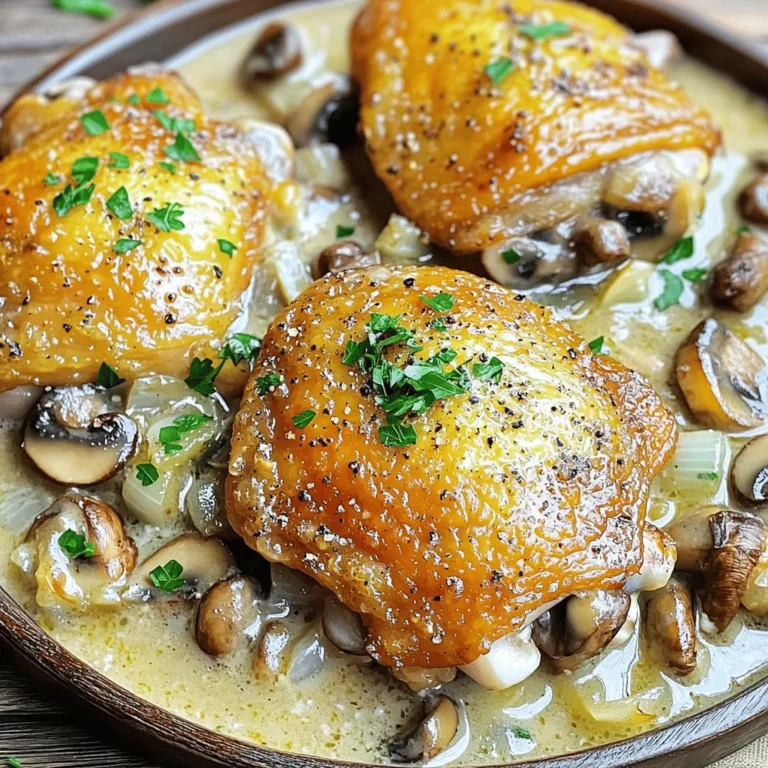 For Creamy Mushroom Chicken Thighs, gather these key ingredients: - 4 bone-in chicken thighs, skin-on - 2 cups mushrooms, sliced (cremini or button varieties) - 1 medium onion, diced - 3 cloves garlic, minced - 1 cup heavy cream - 1 cup chicken broth - 2 tablespoons olive oil - 1 teaspoon dried thyme - 1 teaspoon paprika - Salt and freshly ground pepper to taste - Fresh parsley, chopped (for garnish) You can swap some ingredients based on what you have. If you want a lighter dish, use half-and-half instead of heavy cream. For a different flavor, substitute chicken thighs with chicken breasts. If you can't find cremini mushrooms, regular button mushrooms work just as well. This dish serves four people. Each serving has about: - Calories: 490 - Protein: 30g - Fat: 36g - Carbohydrates: 9g - Fiber: 1g This meal packs a tasty punch while still being rich in protein. It fits well into a balanced diet if you watch portion sizes. Enjoy every bite! Start by patting the chicken thighs dry. Use paper towels to remove excess moisture. This helps the skin get crispy. Next, season both sides with salt, pepper, and paprika. Make sure to cover every part. This step adds great flavor to your dish. Now, grab a large skillet and heat olive oil over medium-high heat. Carefully place the chicken thighs skin-side down in the hot oil. Sear them for about 6 to 7 minutes. You want the skin to be golden brown and crispy. After that, flip the thighs and cook for another 5 minutes. Once they are done, take them out of the skillet and set them aside. In the same skillet, do not clean it; add the diced onion and sliced mushrooms. Sauté for about 5 to 7 minutes. Stir occasionally until the onions look clear and the mushrooms are soft. Then, add the minced garlic and dried thyme. Cook for 1 to 2 more minutes until the garlic smells great. Pour in the chicken broth and let it simmer gently. Scrape the bottom of the skillet with a wooden spoon. This helps mix in all the tasty bits. Then, stir in the heavy cream to make a rich sauce. Return the chicken thighs to the skillet, skin-side up. Lower the heat and cover the skillet. Let it cook for about 25 to 30 minutes. This makes the chicken tender and full of flavor. When done, taste the sauce and adjust the seasoning as needed. Finally, sprinkle fresh parsley on top for a nice touch before serving. To get that perfect crispy skin, start by drying the chicken thighs with paper towels. This removes excess moisture. Next, season the skin side well with salt, pepper, and paprika. When you cook, heat your skillet with olive oil until hot. Place the thighs skin-side down carefully. Let them sear without moving them for about 6 to 7 minutes. The skin will turn golden and crispy. Flip them over and cook for an extra 5 minutes. You can play with flavors to make this dish your own. For a richer sauce, add a splash of white wine when you deglaze the pan. You can swap in different herbs, like rosemary or oregano, for variety. Try adding some spinach or sun-dried tomatoes for more color and taste. If you want a bit of heat, add a pinch of crushed red pepper flakes to the sauce. Using the right tools makes cooking easier. You'll need a large skillet to cook the chicken and sauce. A good wooden spoon helps scrape up those tasty bits stuck to the pan. Use a sharp knife for dicing the onion and mushrooms quickly. A meat thermometer ensures the chicken is cooked through. Finally, have a lid handy to cover the skillet while it simmers. {{image_4}} You can change up the mushrooms in this dish. Instead of cremini or button mushrooms, try using shiitake or portobello mushrooms. Shiitake mushrooms add a rich, earthy taste, while portobello mushrooms bring a meaty texture. Mix and match different types for a fun flavor twist! Not a fan of chicken? No problem! You can swap the chicken thighs for other proteins. Try using bone-in chicken breasts for a leaner option. If you want something different, use pork chops or even turkey thighs. Each protein will soak up the creamy sauce nicely, making dinner delicious! The cream sauce can easily change to suit your taste. If you want a lighter option, use half-and-half instead of heavy cream. For a tangy twist, add some Dijon mustard or white wine to the sauce. You can also stir in some grated cheese, like Parmesan, for extra flavor. Each variation will make your dish unique and exciting! To keep your creamy mushroom chicken thighs fresh, place leftovers in a shallow dish. Cover the dish tightly with plastic wrap or foil. You can also use an airtight container. Store it in the fridge for up to three days. This helps keep the flavors intact and the chicken juicy. When you're ready to enjoy your leftovers, reheat them gently. Place the chicken thighs in a skillet over low heat. Add a splash of chicken broth or cream to keep the dish moist. Cover the skillet to help warm it evenly. Heat for about 10-15 minutes, or until it's hot throughout. You can also use the microwave, but be careful not to overcook it. If you want to save some for later, freezing is a great option. Let the chicken cool completely before freezing. Place it in a freezer-safe bag or container, and remove as much air as possible. Label it with the date. You can freeze it for up to three months. When you're ready to eat, thaw it in the fridge overnight. Then, reheat as mentioned above. Yes, you can use boneless chicken thighs. They cook faster than bone-in thighs. Adjust the cooking time to about 20-25 minutes. They will still soak up all the tasty sauce. You can serve creamy mushroom chicken thighs with several sides. Here are some great options: - Fluffy rice - Buttery mashed potatoes - Steamed vegetables - Crusty bread Each of these pairs well with the rich sauce. They will soak up the flavors nicely. To check if the chicken is done, use a meat thermometer. The internal temperature should be at least 165°F. If you don’t have a thermometer, cut into the thickest part. The juices should run clear, not pink. Yes, you can make this recipe ahead of time. Cook the chicken and sauce and let it cool. Store it in the fridge for up to three days. When ready to eat, reheat it gently on the stove. Add a splash of cream for extra richness. In this blog post, we explored the ingredients, steps, and tips for creamy mushroom chicken thighs. You learned about ingredient substitutions and nutritional facts. I shared ways to achieve crispy skin and recommended useful cooking tools. We also covered variations, storage tips, and answered common questions. Now, you can cook this dish with confidence. Experiment with flavors and enjoy every bite. Cooking is fun, so make this recipe your own!