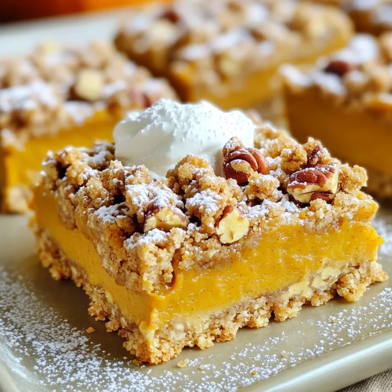 To make these tasty Pumpkin Pie Streusel Bars, you need some key ingredients. Here’s what you need: - 1 cup all-purpose flour - 1/2 cup brown sugar, packed - 1/2 cup rolled oats - 1/4 teaspoon salt - 1/2 teaspoon ground cinnamon - 1/2 cup unsalted butter, melted - 1 cup pumpkin puree - 1/2 cup sweetened condensed milk - 1/4 cup granulated sugar - 1 large egg, beaten - 1 teaspoon vanilla extract - 1 teaspoon ground nutmeg - 1/2 teaspoon ground ginger - 1/4 teaspoon ground cloves These ingredients create a rich flavor and a great texture. The pumpkin puree gives the bars their delicious autumn taste. The spices like cinnamon and nutmeg add warmth and depth. For a little twist, you can add some optional ingredients: - 1/4 cup chopped pecans Adding pecans gives a nice crunch and some nutty flavor. You can also consider adding chocolate chips or even a sprinkle of sea salt on top. These options can make your bars even more delightful. If you don’t have certain items, there are easy swaps. For instance: - Use whole wheat flour instead of all-purpose flour for a healthier option. - Swap brown sugar with coconut sugar for a different sweetness. - If you want to skip the egg, try 1/4 cup of applesauce. These substitutions can change the flavor and texture slightly, but they still taste great. Feel free to get creative based on what you have at home! First, preheat your oven to 350°F (175°C). Grab a 9x9 inch baking pan. Line it with parchment paper. Make sure to leave some paper hanging over the edges. This helps you lift the bars out later. In a medium bowl, mix together 1 cup of all-purpose flour, 1/2 cup of packed brown sugar, 1/2 cup of rolled oats, 1/4 teaspoon of salt, and 1/2 teaspoon of ground cinnamon. Then, pour in 1/2 cup of melted unsalted butter. Stir this mixture until it looks like coarse crumbs. Set aside 1/2 cup of this mix for later. Press the rest firmly into the bottom of the pan to create a crust. In another bowl, combine 1 cup of pumpkin puree, 1/2 cup of sweetened condensed milk, 1/4 cup of granulated sugar, and 1 large beaten egg. Add 1 teaspoon of vanilla extract, 1 teaspoon of ground nutmeg, 1/2 teaspoon of ground ginger, and 1/4 teaspoon of ground cloves. Mix everything until it is smooth and well combined. Next, pour the pumpkin filling over the crust in the baking pan. Use a spatula to spread the filling evenly, making sure to reach every corner. Now, take the reserved streusel and sprinkle it generously over the filling. If you want, add 1/4 cup of chopped pecans on top for extra crunch. Place the pan in your preheated oven. Bake for 30 to 35 minutes. You know they are done when the center is set and the edges are golden brown. Once baked, take the pan out and let it cool completely on a wire rack. Lift the bars out using the parchment paper and cut them into squares. To make the best streusel, you need the right texture. Mix flour, brown sugar, oats, salt, and cinnamon. Use cold butter for a crumbly finish. I like to melt the butter, but you can also cut it into small pieces. This gives a nice crunch. Reserve half the streusel for the top. Press the rest firmly into the pan for a solid base. One common mistake is overmixing the pumpkin filling. Just mix until smooth. Overmixing can add air and make the bars puffy. Also, make sure to measure your ingredients correctly. Too much liquid can make the filling runny. If the bars look too wet after baking, they might not set properly. These bars shine when served warm. A dollop of whipped cream adds a nice touch. Another great idea is to dust them with powdered sugar. You can also serve them with a scoop of vanilla ice cream. For an extra crunch, sprinkle more pecans on top right before serving. Enjoy these bars with a warm drink for a cozy fall treat! {{image_4}} You can make gluten-free pumpkin pie streusel bars. Swap all-purpose flour for a gluten-free blend. Many options work well, like almond flour or coconut flour. Just remember, each flour has a unique texture. You may need to add a bit more liquid to your mix. This keeps your bars moist and tasty. To create vegan pumpkin pie streusel bars, replace the egg with a flax or chia seed egg. Mix one tablespoon of seeds with three tablespoons of water. Let it sit until it thickens. Use a plant-based butter instead of regular butter. Also, swap sweetened condensed milk for coconut or almond milk. These changes keep the flavor while making it vegan-friendly. Adding nuts can boost flavor and crunch. Try walnuts or almonds in place of pecans. You can also mix in some chocolate chips for a sweet twist. For a unique touch, add a hint of maple syrup or honey to the filling. This adds depth and makes your bars even more special. To keep your Pumpkin Pie Streusel Bars fresh, store them in an airtight container. This helps keep moisture in and prevents them from drying out. I like to place a piece of parchment paper between layers to avoid sticking. You can store them at room temperature for up to three days. If you want to keep them longer, you should refrigerate them. Freezing these bars is a great idea for later enjoyment. First, let the bars cool completely. Then, cut them into squares. Wrap each square tightly in plastic wrap. Place the wrapped bars in a freezer-safe bag or container. Label it with the date. They can last in the freezer for up to three months. When you’re ready to enjoy them, just thaw in the fridge overnight. These bars stay fresh for about three days at room temperature. In the fridge, they can last up to a week. To reheat, place a bar in the microwave for 10-15 seconds. This warms it just enough to soften the streusel. You can also enjoy them cold if you prefer. Yes, you can use fresh pumpkin. Start by roasting or steaming the pumpkin until soft. Then, mash it until smooth. Make sure to drain any excess water. This keeps your bars from becoming too watery. Fresh pumpkin gives a rich flavor, but canned puree is convenient and consistent. You will know the bars are done when the center is set and the edges turn golden brown. Insert a toothpick into the center; it should come out clean or with a few moist crumbs. If it comes out wet, bake a little longer. Keep an eye on them, as oven times can vary. Absolutely! You can swap nutmeg and ginger with allspice or cardamom. Each spice will add its own twist to the flavor. Just keep the amounts similar to what the recipe calls for. Feel free to experiment based on your taste. A 9x9 inch square pan works best for these bars. It ensures even baking and easy cutting. Using a metal or glass pan is fine, but make sure to line it with parchment paper. This helps with easy removal and keeps the bars intact. In this post, we explored the key ingredients for Pumpkin Pie Streusel Bars. We covered essential and optional ingredients, plus substitutions. The detailed steps for making the bars included preparing the pan and baking. I shared tips for perfecting the topping and avoiding common mistakes. You also learned about gluten-free and vegan options. For storage, I provided methods for keeping your bars fresh. Pumpkin Pie Streusel Bars are a tasty treat worth trying. Enjoy every delicious bite!