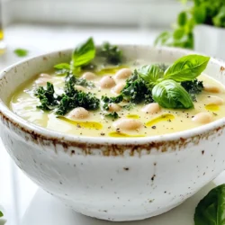 For this soup, you need a few key ingredients that blend well. Here’s what you will need: - 2 cans (15 oz each) cannellini beans, drained and rinsed - 4 cups vegetable broth - 1 cup heavy cream (or coconut cream for a vegan alternative) - 1 tablespoon extra-virgin olive oil - 1 medium onion, finely diced - 3 cloves garlic, minced - 2 cups kale, roughly chopped (stems discarded) - 1 teaspoon dried oregano - 1 teaspoon dried thyme - 1/2 teaspoon red pepper flakes (adjust to your spice preference) - Salt and freshly ground black pepper to taste - Fresh basil leaves, for garnish Using good quality olive oil makes a big difference. It adds flavor and richness. Fresh garlic and onion create a strong base that enhances the soup. The cannellini beans are creamy and filling, making them perfect for this dish. If you have dietary needs, you can easily adjust this recipe. Here are some options: - Use coconut cream for a vegan choice. - Substitute vegetable broth with chicken broth for added flavor. - Swap kale with spinach if you prefer a milder green. - Add chickpeas instead of beans for more protein. These swaps let you enjoy the soup without losing taste. They also cater to different diets. Herbs and spices bring the soup to life. I suggest using: - Fresh basil leaves for garnish, which add a nice touch. - Dried oregano and thyme are key flavors in this soup. - Adjust red pepper flakes based on how spicy you like it. You can also experiment with fresh herbs, like parsley or dill. Fresh herbs brighten the dish and add vibrant flavors. Using the right herbs enhances the overall experience of the soup. Start by heating olive oil in a large pot over medium heat. Once the oil is hot, add the diced onion. Sauté the onion for 5 to 7 minutes. It should turn soft and see-through. After that, add minced garlic and red pepper flakes. Stir this mixture for 1 to 2 minutes. It will smell great, but watch so the garlic doesn’t burn. Next, it’s time to add the main ingredients. Pour in the drained cannellini beans and vegetable broth. Then, add dried oregano, dried thyme, and a good pinch of salt and pepper. Stir everything well. Bring this mix to a gentle simmer. Once it starts simmering, lower the heat. Let it cook uncovered for 15 minutes. This step lets all the flavors blend together. Now, let’s make it creamy! Use an immersion blender to blend the soup. Blend it until it’s smooth but keep some bean chunks for texture. If you don’t have an immersion blender, you can use a regular blender. Just transfer some soup in batches and blend until smooth. After blending, return the soup to the pot. Stir in the heavy cream or coconut cream for a vegan option. Add the chopped kale next. Cook everything over low heat for 5 minutes. This step makes the kale tender and warms the soup through. Before serving, taste your soup. Adjust the salt and pepper as you like. To change the taste of your soup, you can add more herbs or spices. If you love garlic, add extra minced garlic for a bolder flavor. You can also use fresh herbs like basil or parsley. They add freshness and bright notes. For a tangy twist, mix in a splash of lemon juice before serving. Taste as you go to find your perfect balance! For a rich and creamy soup, blending is key. Use an immersion blender to create a smooth base. Leave some whole beans for texture. If you want a thicker soup, let it simmer longer. This lets the flavors deepen and the soup thicken. Always add the heavy cream or coconut cream at the end. This keeps it rich without boiling away its creaminess. Presentation can make your soup even more inviting! Ladle the hot soup into rustic bowls. Add fresh basil leaves on top for a pop of color. A light drizzle of extra-virgin olive oil adds shine. For extra crunch, sprinkle some homemade croutons or grated cheese on top. These small touches make your dish look and taste gourmet! {{image_4}} You can easily make this soup vegan. Just swap heavy cream for coconut cream. The coconut cream adds a rich, creamy texture. It also gives a hint of sweetness that pairs well with the savory flavors. You won’t miss the dairy at all! To make this soup heartier, consider adding protein. Chickpeas are a great option. They blend well and add a nice texture. If you prefer meat, try adding sausage. Slice it up and sauté it with the onions. This adds a savory depth to the soup. Either option boosts the nutritional value and makes the dish more filling. Short on time? Use an Instant Pot for a fast meal. Start by sautéing the onions and garlic using the sauté function. Then, add the beans, broth, and spices. Seal the lid and cook on high pressure for 10 minutes. After it’s done, quick-release the steam. Finally, blend the soup and add the cream and kale. This method saves time without sacrificing flavor. To store leftover creamy Tuscan white bean soup, let it cool first. Then, transfer it to an airtight container. This helps keep the soup fresh. You can store it in the fridge for up to four days. If you want to keep it longer, freezing is a great option. When ready to eat your soup, reheat it on the stove. Pour the soup into a pot and heat over low to medium heat. Stir often. This helps the flavors blend again. If the soup gets too thick, add a splash of vegetable broth or water. You want it creamy, not clumpy! Freezing creamy Tuscan white bean soup is easy. Use freezer-safe containers or bags. Be sure to leave some space for expansion. The soup can last in the freezer for up to three months. When you’re ready to enjoy it, thaw it in the fridge overnight. Then, reheat as mentioned above. This way, you can have a warm, delicious meal ready anytime! Yes, you can use dried beans. First, soak them overnight. Then, cook them until tender before adding to the soup. This will take more time, but it can deepen the flavor. Use about 1 cup of dried beans for this recipe. To add heat, use more red pepper flakes. You can also add diced jalapeños or hot sauce. Start with a small amount and taste as you go. This way, you can find the perfect spice level for you. This soup pairs well with crusty bread or a fresh salad. You can also serve it with homemade croutons for extra crunch. A sprinkle of cheese on top adds flavor too. Enjoy it with a glass of white wine for a nice touch! This blog covers everything about making creamy Tuscan white bean soup. We discussed key ingredients, cooking steps, and tasty variations. Remember to use fresh herbs for the best flavor. Adjust seasonings to fit your taste and enjoy it hot or cold. Store leftovers well to keep its creaminess. With these tips, you can create a soup that impresses every time. Enjoy your cooking adventure!