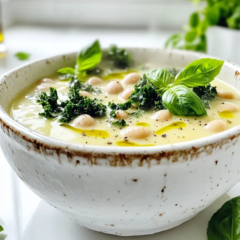 For this soup, you need a few key ingredients that blend well. Here’s what you will need: - 2 cans (15 oz each) cannellini beans, drained and rinsed - 4 cups vegetable broth - 1 cup heavy cream (or coconut cream for a vegan alternative) - 1 tablespoon extra-virgin olive oil - 1 medium onion, finely diced - 3 cloves garlic, minced - 2 cups kale, roughly chopped (stems discarded) - 1 teaspoon dried oregano - 1 teaspoon dried thyme - 1/2 teaspoon red pepper flakes (adjust to your spice preference) - Salt and freshly ground black pepper to taste - Fresh basil leaves, for garnish Using good quality olive oil makes a big difference. It adds flavor and richness. Fresh garlic and onion create a strong base that enhances the soup. The cannellini beans are creamy and filling, making them perfect for this dish. If you have dietary needs, you can easily adjust this recipe. Here are some options: - Use coconut cream for a vegan choice. - Substitute vegetable broth with chicken broth for added flavor. - Swap kale with spinach if you prefer a milder green. - Add chickpeas instead of beans for more protein. These swaps let you enjoy the soup without losing taste. They also cater to different diets. Herbs and spices bring the soup to life. I suggest using: - Fresh basil leaves for garnish, which add a nice touch. - Dried oregano and thyme are key flavors in this soup. - Adjust red pepper flakes based on how spicy you like it. You can also experiment with fresh herbs, like parsley or dill. Fresh herbs brighten the dish and add vibrant flavors. Using the right herbs enhances the overall experience of the soup. Start by heating olive oil in a large pot over medium heat. Once the oil is hot, add the diced onion. Sauté the onion for 5 to 7 minutes. It should turn soft and see-through. After that, add minced garlic and red pepper flakes. Stir this mixture for 1 to 2 minutes. It will smell great, but watch so the garlic doesn’t burn. Next, it’s time to add the main ingredients. Pour in the drained cannellini beans and vegetable broth. Then, add dried oregano, dried thyme, and a good pinch of salt and pepper. Stir everything well. Bring this mix to a gentle simmer. Once it starts simmering, lower the heat. Let it cook uncovered for 15 minutes. This step lets all the flavors blend together. Now, let’s make it creamy! Use an immersion blender to blend the soup. Blend it until it’s smooth but keep some bean chunks for texture. If you don’t have an immersion blender, you can use a regular blender. Just transfer some soup in batches and blend until smooth. After blending, return the soup to the pot. Stir in the heavy cream or coconut cream for a vegan option. Add the chopped kale next. Cook everything over low heat for 5 minutes. This step makes the kale tender and warms the soup through. Before serving, taste your soup. Adjust the salt and pepper as you like. To change the taste of your soup, you can add more herbs or spices. If you love garlic, add extra minced garlic for a bolder flavor. You can also use fresh herbs like basil or parsley. They add freshness and bright notes. For a tangy twist, mix in a splash of lemon juice before serving. Taste as you go to find your perfect balance! For a rich and creamy soup, blending is key. Use an immersion blender to create a smooth base. Leave some whole beans for texture. If you want a thicker soup, let it simmer longer. This lets the flavors deepen and the soup thicken. Always add the heavy cream or coconut cream at the end. This keeps it rich without boiling away its creaminess. Presentation can make your soup even more inviting! Ladle the hot soup into rustic bowls. Add fresh basil leaves on top for a pop of color. A light drizzle of extra-virgin olive oil adds shine. For extra crunch, sprinkle some homemade croutons or grated cheese on top. These small touches make your dish look and taste gourmet! {{image_4}} You can easily make this soup vegan. Just swap heavy cream for coconut cream. The coconut cream adds a rich, creamy texture. It also gives a hint of sweetness that pairs well with the savory flavors. You won’t miss the dairy at all! To make this soup heartier, consider adding protein. Chickpeas are a great option. They blend well and add a nice texture. If you prefer meat, try adding sausage. Slice it up and sauté it with the onions. This adds a savory depth to the soup. Either option boosts the nutritional value and makes the dish more filling. Short on time? Use an Instant Pot for a fast meal. Start by sautéing the onions and garlic using the sauté function. Then, add the beans, broth, and spices. Seal the lid and cook on high pressure for 10 minutes. After it’s done, quick-release the steam. Finally, blend the soup and add the cream and kale. This method saves time without sacrificing flavor. To store leftover creamy Tuscan white bean soup, let it cool first. Then, transfer it to an airtight container. This helps keep the soup fresh. You can store it in the fridge for up to four days. If you want to keep it longer, freezing is a great option. When ready to eat your soup, reheat it on the stove. Pour the soup into a pot and heat over low to medium heat. Stir often. This helps the flavors blend again. If the soup gets too thick, add a splash of vegetable broth or water. You want it creamy, not clumpy! Freezing creamy Tuscan white bean soup is easy. Use freezer-safe containers or bags. Be sure to leave some space for expansion. The soup can last in the freezer for up to three months. When you’re ready to enjoy it, thaw it in the fridge overnight. Then, reheat as mentioned above. This way, you can have a warm, delicious meal ready anytime! Yes, you can use dried beans. First, soak them overnight. Then, cook them until tender before adding to the soup. This will take more time, but it can deepen the flavor. Use about 1 cup of dried beans for this recipe. To add heat, use more red pepper flakes. You can also add diced jalapeños or hot sauce. Start with a small amount and taste as you go. This way, you can find the perfect spice level for you. This soup pairs well with crusty bread or a fresh salad. You can also serve it with homemade croutons for extra crunch. A sprinkle of cheese on top adds flavor too. Enjoy it with a glass of white wine for a nice touch! This blog covers everything about making creamy Tuscan white bean soup. We discussed key ingredients, cooking steps, and tasty variations. Remember to use fresh herbs for the best flavor. Adjust seasonings to fit your taste and enjoy it hot or cold. Store leftovers well to keep its creaminess. With these tips, you can create a soup that impresses every time. Enjoy your cooking adventure!