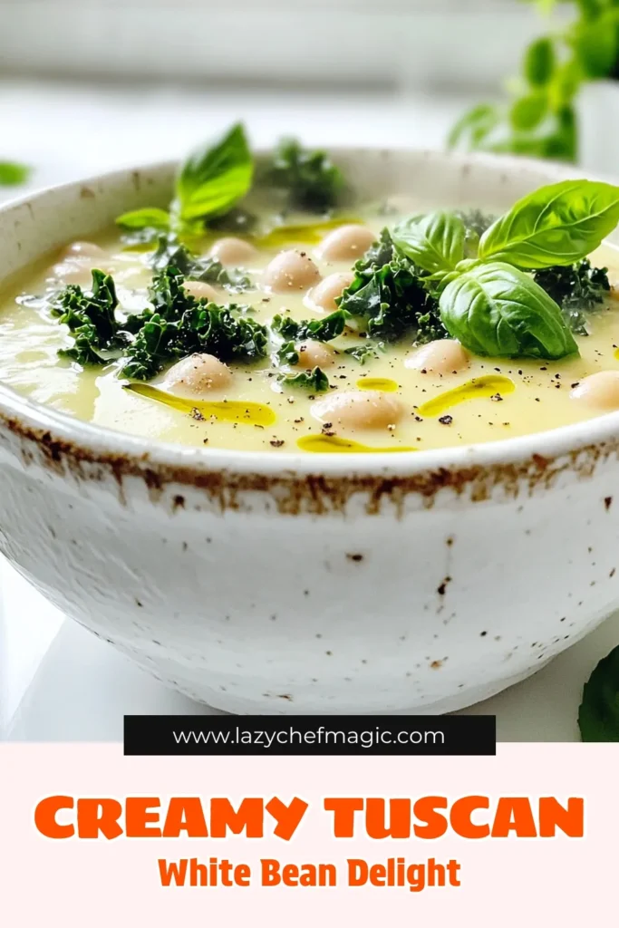 Warm up with this delightful Creamy Tuscan White Bean Soup, packed with flavor and the goodness of cannellini beans and kale. In just 35 minutes, you can create a creamy and comforting dish that’s perfect for any occasion. Whether you prefer it with heavy cream or a vegan twist using coconut cream, this soup will satisfy your cravings. Click to explore the full recipe and wow your family tonight! #CreamyTuscanWhiteBeanSoup #HealthyRecipes #ComfortFood #SoupSeason