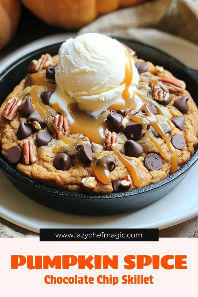 Indulge in the fall flavor with this Pumpkin Spice Chocolate Chip Cookie Skillet recipe! Easy to make and perfect for sharing, this warm, gooey cookie combines pumpkin puree and chocolate chips for a delightful treat. Serve it with ice cream for an extra special dessert. Ready to impress your family and friends? Click through for the full recipe and tips! #PumpkinSpice #CookieSkillet #FallBaking #DessertRecipes