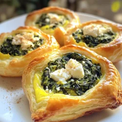 Gather these simple ingredients to make your savory spinach and feta breakfast puffs: - 1 sheet of puff pastry, thawed - 2 cups fresh spinach, roughly chopped - 1 cup feta cheese, crumbled - 1/2 cup cream cheese, softened - 1 small onion, finely chopped - 2 cloves garlic, minced - 1 egg, beaten (for egg wash) - 1 tablespoon olive oil - Salt and freshly ground black pepper to taste - Optional: 1/4 teaspoon freshly grated nutmeg Each ingredient plays a role in both flavor and texture. The puff pastry gives a flaky and airy base. Fresh spinach adds a vibrant green color and a subtle earthiness. Feta cheese brings a tangy and creamy element, while cream cheese adds smoothness. Onions and garlic provide aromatic depth, making the puffs irresistible. Feel free to adjust seasoning to your taste. Adding nutmeg enhances the flavors, but it is not required. Enjoy mixing and matching these ingredients to create your ideal breakfast treat! First, preheat your oven to 400°F (200°C). This step is key for a perfect bake. While the oven heats, grab a baking sheet. Line it with parchment paper to make cleanup easy. In a medium skillet, add one tablespoon of olive oil. Heat it on medium. Once hot, add one small, finely chopped onion. Sauté for around 3-4 minutes. You want the onions to get soft and clear. Next, add two cloves of minced garlic. Cook for one more minute. Stir often to keep the garlic from burning. Now, toss in two cups of roughly chopped fresh spinach. Cook for about 2-3 minutes. The spinach will wilt down nicely. Season with salt, pepper, and a pinch of nutmeg if you like. Once everything looks good, remove the skillet from heat. Let it cool for a bit. In a large mixing bowl, combine the cooled spinach mixture with one cup of crumbled feta and half a cup of softened cream cheese. Mix it well until creamy. This filling is where the magic happens. On a floured surface, roll out one thawed puff pastry sheet. Aim for a smooth, even surface. Cut the pastry into squares, about 4x4 inches each. Keep them uniform for even baking. Take a spoonful of the spinach and feta filling. Place it in the center of each pastry square. Don't overfill; you need to seal them. Fold the corners over the filling to form a pocket. Press the edges with a fork or pinch them closed. Brush the tops with a beaten egg for a golden finish. Place the puffs on your prepared baking sheet, leaving some space between them. Bake for 15-20 minutes. They should puff up and turn golden brown. Once done, let them cool slightly before serving. Enjoy your savory breakfast puffs! To get the best flaky puff pastry, keep your dough cold. Warm dough does not rise well. When rolling out the pastry, use flour to prevent sticking. This helps keep layers intact. The more layers you have, the flakier your puffs will be. If you feel the dough getting warm, chill it for a few minutes. It makes a big difference! You can change the flavors in your puffs. Try adding herbs like dill or parsley for freshness. Want a kick? Add red pepper flakes or crushed black pepper. If you like a richer taste, mix in some grated cheese, like mozzarella or cheddar. You can even swap spinach for kale or mushrooms for a different twist. The options are endless! For that beautiful golden brown finish, use an egg wash. Brush it on just before baking. This gives your puffs that shiny, appealing look. Bake them at 400°F (200°C) for 15 to 20 minutes. Keep an eye on them. When they puff up and turn golden, they’re done. Your friends and family will love this perfect finish! {{image_4}} You can swap some ingredients based on what you have. Use frozen spinach instead of fresh; just make sure to thaw and drain it well. Cream cheese can be replaced with ricotta or cottage cheese for a lighter filling. If you prefer a vegan option, use a plant-based cream cheese and egg substitute. Feta cheese gives a nice tang, but you can try other cheeses too. Goat cheese offers a creamy texture and a strong taste. Cheddar cheese adds a sharp flavor, while mozzarella brings a mild, stretchy quality. Mix different cheeses to create a unique flavor. Feel free to get creative with your fillings! Add diced bell peppers for sweetness or sun-dried tomatoes for a burst of flavor. Cooked mushrooms can bring umami, while fresh herbs like dill or parsley add freshness. You can even include cooked sausage or bacon for a heartier puff. To store your savory spinach and feta breakfast puffs, let them cool first. Place them in an airtight container. You can keep them in the fridge for up to three days. If you want to maintain their crispiness, reheat them in the oven instead of the microwave. This keeps the pastry flaky and fresh. If you want to save some for later, these puffs freeze well. After cooling, wrap each puff in plastic wrap. Then, place them in a freezer bag or airtight container. They can last in the freezer for up to three months. When you're ready to eat, you can bake them straight from the freezer. Reheat the puffs in the oven for the best results. Preheat your oven to 350°F (175°C). Place the puffs on a baking sheet and heat for about 10-15 minutes. This method warms them up without making them soggy. You can also use an air fryer for a quick reheat. Enjoy them warm for a tasty breakfast treat! Yes, you can prepare these breakfast puffs in advance. Make the filling and fill the pastry squares. Then, cover them tightly and store in the fridge for up to 24 hours. When ready, bake them straight from the fridge. This saves time on busy mornings and keeps your puffs fresh. These puffs pair well with various sides. Try serving them with a fresh salad. A simple green salad with lemon vinaigrette brightens the meal. You can also enjoy them with a yogurt dip or a chunky salsa for extra flavor. They work great as an appetizer too! You can tell the puffs are done when they are golden brown. Look for a nice puffed shape, indicating they are cooked through. The baking time is about 15-20 minutes at 400°F (200°C). If they're golden and crisp, they are ready to enjoy! You learned how to make tasty spinach and feta breakfast puffs from this post. We covered the key ingredients, step-by-step instructions, and useful tips. I shared ways to customize your puffs and store them for later. Remember, using high-quality puff pastry results in the best texture. Keep experimenting with flavors and fillings to find your favorites. Enjoy making these puffs as a fun meal or snack! Your kitchen is about to smell fantastic.
