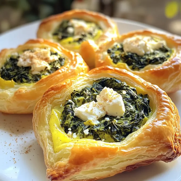 Gather these simple ingredients to make your savory spinach and feta breakfast puffs: - 1 sheet of puff pastry, thawed - 2 cups fresh spinach, roughly chopped - 1 cup feta cheese, crumbled - 1/2 cup cream cheese, softened - 1 small onion, finely chopped - 2 cloves garlic, minced - 1 egg, beaten (for egg wash) - 1 tablespoon olive oil - Salt and freshly ground black pepper to taste - Optional: 1/4 teaspoon freshly grated nutmeg Each ingredient plays a role in both flavor and texture. The puff pastry gives a flaky and airy base. Fresh spinach adds a vibrant green color and a subtle earthiness. Feta cheese brings a tangy and creamy element, while cream cheese adds smoothness. Onions and garlic provide aromatic depth, making the puffs irresistible. Feel free to adjust seasoning to your taste. Adding nutmeg enhances the flavors, but it is not required. Enjoy mixing and matching these ingredients to create your ideal breakfast treat! First, preheat your oven to 400°F (200°C). This step is key for a perfect bake. While the oven heats, grab a baking sheet. Line it with parchment paper to make cleanup easy. In a medium skillet, add one tablespoon of olive oil. Heat it on medium. Once hot, add one small, finely chopped onion. Sauté for around 3-4 minutes. You want the onions to get soft and clear. Next, add two cloves of minced garlic. Cook for one more minute. Stir often to keep the garlic from burning. Now, toss in two cups of roughly chopped fresh spinach. Cook for about 2-3 minutes. The spinach will wilt down nicely. Season with salt, pepper, and a pinch of nutmeg if you like. Once everything looks good, remove the skillet from heat. Let it cool for a bit. In a large mixing bowl, combine the cooled spinach mixture with one cup of crumbled feta and half a cup of softened cream cheese. Mix it well until creamy. This filling is where the magic happens. On a floured surface, roll out one thawed puff pastry sheet. Aim for a smooth, even surface. Cut the pastry into squares, about 4x4 inches each. Keep them uniform for even baking. Take a spoonful of the spinach and feta filling. Place it in the center of each pastry square. Don't overfill; you need to seal them. Fold the corners over the filling to form a pocket. Press the edges with a fork or pinch them closed. Brush the tops with a beaten egg for a golden finish. Place the puffs on your prepared baking sheet, leaving some space between them. Bake for 15-20 minutes. They should puff up and turn golden brown. Once done, let them cool slightly before serving. Enjoy your savory breakfast puffs! To get the best flaky puff pastry, keep your dough cold. Warm dough does not rise well. When rolling out the pastry, use flour to prevent sticking. This helps keep layers intact. The more layers you have, the flakier your puffs will be. If you feel the dough getting warm, chill it for a few minutes. It makes a big difference! You can change the flavors in your puffs. Try adding herbs like dill or parsley for freshness. Want a kick? Add red pepper flakes or crushed black pepper. If you like a richer taste, mix in some grated cheese, like mozzarella or cheddar. You can even swap spinach for kale or mushrooms for a different twist. The options are endless! For that beautiful golden brown finish, use an egg wash. Brush it on just before baking. This gives your puffs that shiny, appealing look. Bake them at 400°F (200°C) for 15 to 20 minutes. Keep an eye on them. When they puff up and turn golden, they’re done. Your friends and family will love this perfect finish! {{image_4}} You can swap some ingredients based on what you have. Use frozen spinach instead of fresh; just make sure to thaw and drain it well. Cream cheese can be replaced with ricotta or cottage cheese for a lighter filling. If you prefer a vegan option, use a plant-based cream cheese and egg substitute. Feta cheese gives a nice tang, but you can try other cheeses too. Goat cheese offers a creamy texture and a strong taste. Cheddar cheese adds a sharp flavor, while mozzarella brings a mild, stretchy quality. Mix different cheeses to create a unique flavor. Feel free to get creative with your fillings! Add diced bell peppers for sweetness or sun-dried tomatoes for a burst of flavor. Cooked mushrooms can bring umami, while fresh herbs like dill or parsley add freshness. You can even include cooked sausage or bacon for a heartier puff. To store your savory spinach and feta breakfast puffs, let them cool first. Place them in an airtight container. You can keep them in the fridge for up to three days. If you want to maintain their crispiness, reheat them in the oven instead of the microwave. This keeps the pastry flaky and fresh. If you want to save some for later, these puffs freeze well. After cooling, wrap each puff in plastic wrap. Then, place them in a freezer bag or airtight container. They can last in the freezer for up to three months. When you're ready to eat, you can bake them straight from the freezer. Reheat the puffs in the oven for the best results. Preheat your oven to 350°F (175°C). Place the puffs on a baking sheet and heat for about 10-15 minutes. This method warms them up without making them soggy. You can also use an air fryer for a quick reheat. Enjoy them warm for a tasty breakfast treat! Yes, you can prepare these breakfast puffs in advance. Make the filling and fill the pastry squares. Then, cover them tightly and store in the fridge for up to 24 hours. When ready, bake them straight from the fridge. This saves time on busy mornings and keeps your puffs fresh. These puffs pair well with various sides. Try serving them with a fresh salad. A simple green salad with lemon vinaigrette brightens the meal. You can also enjoy them with a yogurt dip or a chunky salsa for extra flavor. They work great as an appetizer too! You can tell the puffs are done when they are golden brown. Look for a nice puffed shape, indicating they are cooked through. The baking time is about 15-20 minutes at 400°F (200°C). If they're golden and crisp, they are ready to enjoy! You learned how to make tasty spinach and feta breakfast puffs from this post. We covered the key ingredients, step-by-step instructions, and useful tips. I shared ways to customize your puffs and store them for later. Remember, using high-quality puff pastry results in the best texture. Keep experimenting with flavors and fillings to find your favorites. Enjoy making these puffs as a fun meal or snack! Your kitchen is about to smell fantastic.