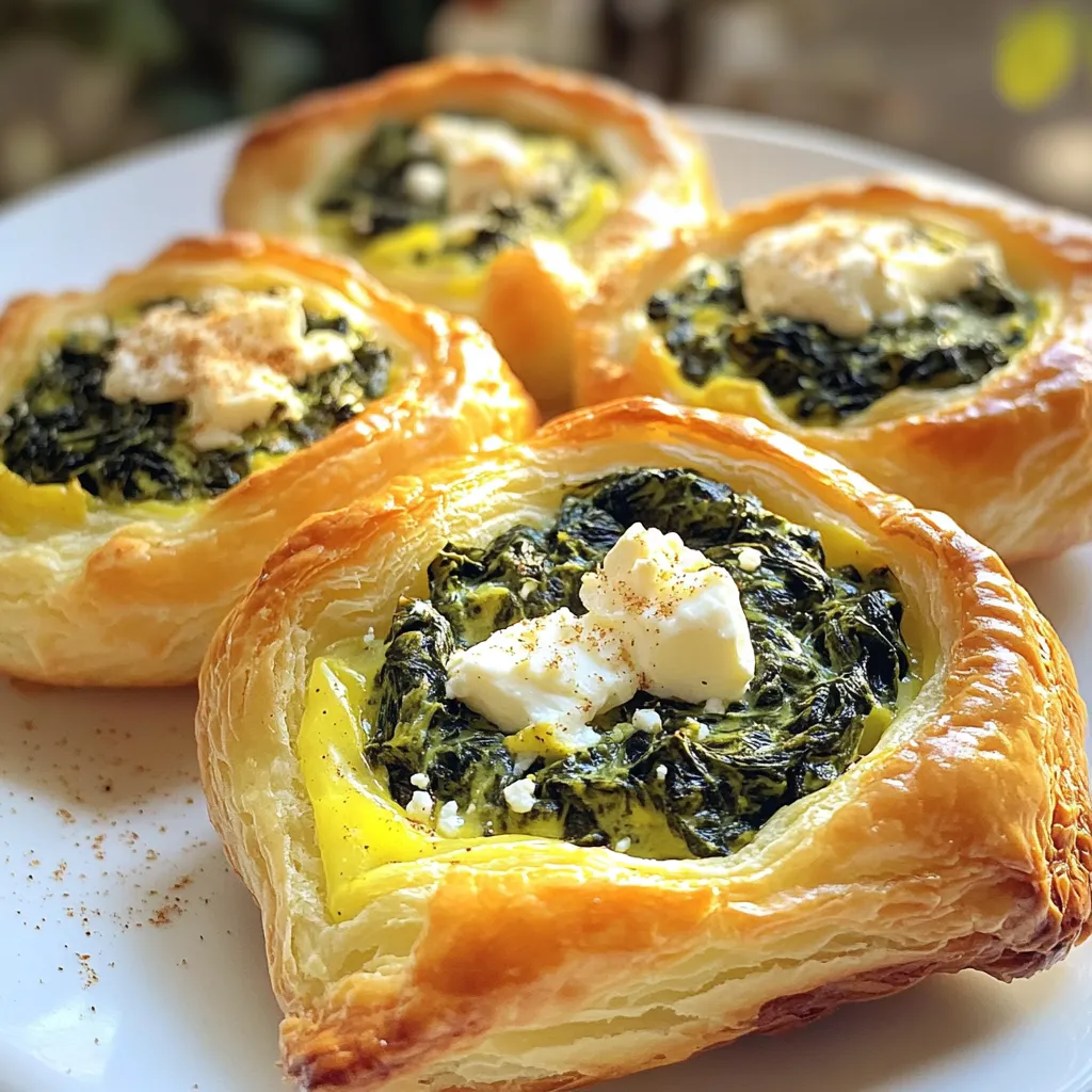 Gather these simple ingredients to make your savory spinach and feta breakfast puffs: - 1 sheet of puff pastry, thawed - 2 cups fresh spinach, roughly chopped - 1 cup feta cheese, crumbled - 1/2 cup cream cheese, softened - 1 small onion, finely chopped - 2 cloves garlic, minced - 1 egg, beaten (for egg wash) - 1 tablespoon olive oil - Salt and freshly ground black pepper to taste - Optional: 1/4 teaspoon freshly grated nutmeg Each ingredient plays a role in both flavor and texture. The puff pastry gives a flaky and airy base. Fresh spinach adds a vibrant green color and a subtle earthiness. Feta cheese brings a tangy and creamy element, while cream cheese adds smoothness. Onions and garlic provide aromatic depth, making the puffs irresistible. Feel free to adjust seasoning to your taste. Adding nutmeg enhances the flavors, but it is not required. Enjoy mixing and matching these ingredients to create your ideal breakfast treat! First, preheat your oven to 400°F (200°C). This step is key for a perfect bake. While the oven heats, grab a baking sheet. Line it with parchment paper to make cleanup easy. In a medium skillet, add one tablespoon of olive oil. Heat it on medium. Once hot, add one small, finely chopped onion. Sauté for around 3-4 minutes. You want the onions to get soft and clear. Next, add two cloves of minced garlic. Cook for one more minute. Stir often to keep the garlic from burning. Now, toss in two cups of roughly chopped fresh spinach. Cook for about 2-3 minutes. The spinach will wilt down nicely. Season with salt, pepper, and a pinch of nutmeg if you like. Once everything looks good, remove the skillet from heat. Let it cool for a bit. In a large mixing bowl, combine the cooled spinach mixture with one cup of crumbled feta and half a cup of softened cream cheese. Mix it well until creamy. This filling is where the magic happens. On a floured surface, roll out one thawed puff pastry sheet. Aim for a smooth, even surface. Cut the pastry into squares, about 4x4 inches each. Keep them uniform for even baking. Take a spoonful of the spinach and feta filling. Place it in the center of each pastry square. Don't overfill; you need to seal them. Fold the corners over the filling to form a pocket. Press the edges with a fork or pinch them closed. Brush the tops with a beaten egg for a golden finish. Place the puffs on your prepared baking sheet, leaving some space between them. Bake for 15-20 minutes. They should puff up and turn golden brown. Once done, let them cool slightly before serving. Enjoy your savory breakfast puffs! To get the best flaky puff pastry, keep your dough cold. Warm dough does not rise well. When rolling out the pastry, use flour to prevent sticking. This helps keep layers intact. The more layers you have, the flakier your puffs will be. If you feel the dough getting warm, chill it for a few minutes. It makes a big difference! You can change the flavors in your puffs. Try adding herbs like dill or parsley for freshness. Want a kick? Add red pepper flakes or crushed black pepper. If you like a richer taste, mix in some grated cheese, like mozzarella or cheddar. You can even swap spinach for kale or mushrooms for a different twist. The options are endless! For that beautiful golden brown finish, use an egg wash. Brush it on just before baking. This gives your puffs that shiny, appealing look. Bake them at 400°F (200°C) for 15 to 20 minutes. Keep an eye on them. When they puff up and turn golden, they’re done. Your friends and family will love this perfect finish! {{image_4}} You can swap some ingredients based on what you have. Use frozen spinach instead of fresh; just make sure to thaw and drain it well. Cream cheese can be replaced with ricotta or cottage cheese for a lighter filling. If you prefer a vegan option, use a plant-based cream cheese and egg substitute. Feta cheese gives a nice tang, but you can try other cheeses too. Goat cheese offers a creamy texture and a strong taste. Cheddar cheese adds a sharp flavor, while mozzarella brings a mild, stretchy quality. Mix different cheeses to create a unique flavor. Feel free to get creative with your fillings! Add diced bell peppers for sweetness or sun-dried tomatoes for a burst of flavor. Cooked mushrooms can bring umami, while fresh herbs like dill or parsley add freshness. You can even include cooked sausage or bacon for a heartier puff. To store your savory spinach and feta breakfast puffs, let them cool first. Place them in an airtight container. You can keep them in the fridge for up to three days. If you want to maintain their crispiness, reheat them in the oven instead of the microwave. This keeps the pastry flaky and fresh. If you want to save some for later, these puffs freeze well. After cooling, wrap each puff in plastic wrap. Then, place them in a freezer bag or airtight container. They can last in the freezer for up to three months. When you're ready to eat, you can bake them straight from the freezer. Reheat the puffs in the oven for the best results. Preheat your oven to 350°F (175°C). Place the puffs on a baking sheet and heat for about 10-15 minutes. This method warms them up without making them soggy. You can also use an air fryer for a quick reheat. Enjoy them warm for a tasty breakfast treat! Yes, you can prepare these breakfast puffs in advance. Make the filling and fill the pastry squares. Then, cover them tightly and store in the fridge for up to 24 hours. When ready, bake them straight from the fridge. This saves time on busy mornings and keeps your puffs fresh. These puffs pair well with various sides. Try serving them with a fresh salad. A simple green salad with lemon vinaigrette brightens the meal. You can also enjoy them with a yogurt dip or a chunky salsa for extra flavor. They work great as an appetizer too! You can tell the puffs are done when they are golden brown. Look for a nice puffed shape, indicating they are cooked through. The baking time is about 15-20 minutes at 400°F (200°C). If they're golden and crisp, they are ready to enjoy! You learned how to make tasty spinach and feta breakfast puffs from this post. We covered the key ingredients, step-by-step instructions, and useful tips. I shared ways to customize your puffs and store them for later. Remember, using high-quality puff pastry results in the best texture. Keep experimenting with flavors and fillings to find your favorites. Enjoy making these puffs as a fun meal or snack! Your kitchen is about to smell fantastic.