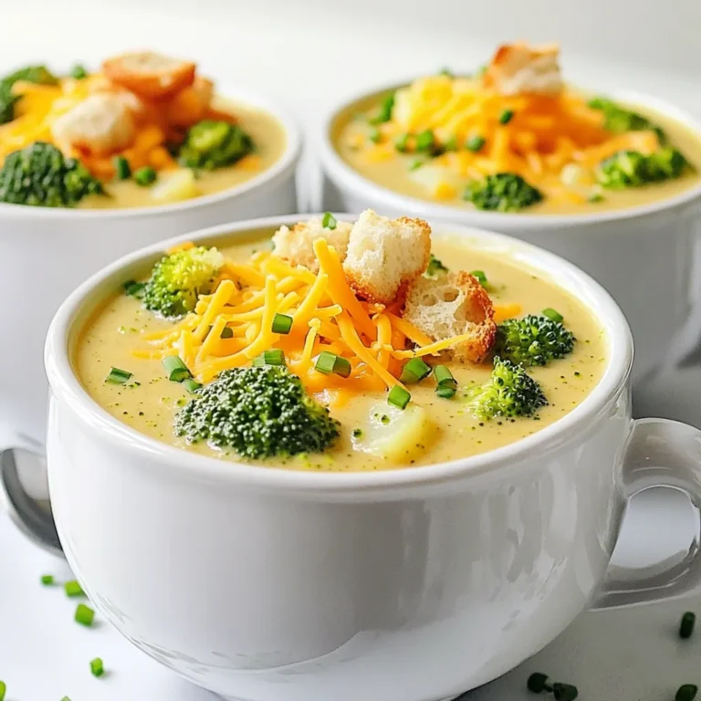 - 4 cups fresh broccoli florets - 1 medium onion, diced - 2 cloves garlic, minced - 1 medium potato, peeled and diced - 4 cups vegetable broth - 1 cup milk (or your choice of plant-based milk) - 2 tablespoons olive oil - 1 teaspoon thyme (dried or fresh) - 2 cups shredded sharp cheddar cheese - Salt and pepper to taste - Optional: Croutons and fresh chives, finely chopped, for garnish Gather these fresh ingredients to make a warm bowl of broccoli cheddar soup. The broccoli florets bring color and nutrition. The onion and garlic add depth to the flavor. The potato helps create a creamy texture. Use vegetable broth for a rich base. You can choose either milk or a plant-based milk for creaminess. Sharp cheddar cheese is key for that classic taste. Olive oil adds richness, while thyme gives a hint of earthiness. Don't forget salt and pepper to enhance all the flavors. If you like, top your soup with croutons and chives for a fun crunch and fresh touch. These ingredients work together to create a simple and flavorful dish that warms the heart. 1. Start by heating the olive oil in a large pot over medium heat. You want the oil to shimmer. 2. Add the diced onion to the pot. Sauté for about 5 minutes. The onion should become soft and translucent. 3. Stir in the minced garlic and thyme. Cook for one more minute. This step releases great flavor. 1. Add the diced potato and broccoli florets to the pot. Pour in the vegetable broth. Increase the heat to a rolling boil. 2. Once boiling, reduce the heat to low. Cover the pot and let it simmer for 15-20 minutes. The potatoes and broccoli should become tender. 1. Remove the pot from heat. Use an immersion blender to blend the soup until smooth and velvety. 2. If you don’t have one, carefully transfer the soup into a standard blender. Hot liquids can splatter, so be cautious. 3. Return the blended soup to the stove over low heat. Stir in the milk and shredded cheddar cheese. Mix until the cheese has melted. 4. Season the soup with salt and pepper to taste. If it feels too thick, add a little more milk until you like the creaminess. 5. Serve the soup hot. Garnish with croutons and finely chopped chives for a nice touch. To make the best broccoli cheddar soup, start with cheese. Use sharp cheddar for rich flavor. It melts well and gives a nice texture. Avoid mild cheese, as it may not have enough taste. When blending, use an immersion blender for ease. It lets you mix the soup right in the pot. If using a standard blender, blend in small batches. Be careful with hot liquids to prevent splatter. You can enhance the flavor by adding herbs. A pinch of nutmeg pairs well with the cheese. Try adding crushed red pepper for a little heat. Fresh herbs like parsley or basil can also brighten the soup. If you want to swap ingredients, consider using sweet potatoes instead of regular ones. They add a hint of sweetness. You can even use a different cheese, like gouda, for a unique taste. For serving, a crusty bread pairs nicely with the soup. You could also serve it with a fresh salad for crunch. For presentation, use deep bowls to showcase the vibrant color of the soup. Top each bowl with croutons and finely chopped chives. A drizzle of olive oil adds a nice touch, making it look gourmet. Enjoy your meal with friends and family for a cozy experience! {{image_4}} You can change the cheese in this soup for a new taste. If you want a twist, use gouda or fontina. They melt well and add a unique flavor. For a sharper taste, try aged cheddar. If you need a dairy-free option, there are vegan cheeses available. Look for brands that mimic cheddar. Nutritional yeast is another great choice. It adds a cheesy flavor without dairy. Want to make your soup heartier? Consider adding protein. Cooked chicken or shredded rotisserie chicken works well. If you prefer plant-based options, add canned beans like white beans or chickpeas. You can also throw in extra veggies. Carrots or peas blend nicely with broccoli. Adding spinach or kale boosts the nutrients too. Just chop them small and toss them in the pot. To cut calories, reduce the cheese and cream. You can use half the cheese for a lighter version. Swap out whole milk for almond or oat milk. This keeps the soup creamy without the extra calories. Another option is to use a broth-based approach. Instead of adding lots of cream, use more vegetable broth. This keeps the flavor strong while making it lighter. Enjoy your healthy version without losing taste! To keep your Broccoli Cheddar Soup fresh, follow these tips: - Refrigeration tips: Let the soup cool to room temperature. Transfer it to an airtight container. Store it in the fridge for up to 3-4 days. Make sure to label the container with the date. - Freezing guidelines: For longer storage, freeze the soup. Use freezer-safe containers or bags. It can last up to 3 months in the freezer. Make sure to leave some space for expansion. When you're ready to enjoy your soup again, here’s how to warm it up: - Best methods for warming up: The stovetop is ideal for reheating. Place the soup in a pot over low heat. Stir it often to ensure even warming. You can also use a microwave. Heat in short bursts, stirring in between. - Avoiding separation or curdling: To prevent the cheese from separating, add a splash of milk while reheating. This keeps the soup creamy and smooth. Knowing how long your soup lasts is key: - How long it stays fresh: In the fridge, the soup stays fresh for about 3-4 days. If frozen, it can last up to 3 months. - Signs of spoilage: Check for off smells or mold. If the soup looks or smells bad, it’s best to toss it. Always trust your senses when it comes to food safety. Yes, you can make this soup ahead of time. To prepare in advance, follow these steps: - Cook the soup as directed and let it cool. - Store it in an airtight container. - Keep it in the fridge for up to three days. - Reheat it on the stove over low heat, stirring often. Making it ahead of time helps the flavors meld together. If you want to serve it later, just reheat and adjust the seasoning. Yes, this broccoli cheddar soup is gluten-free. Here’s what to consider: - Use gluten-free vegetable broth. - Ensure that the cheese does not contain any gluten. - Check labels on packaged ingredients for gluten sources. By choosing the right ingredients, you can enjoy this creamy dish without the gluten. If your soup is too thin, there are easy ways to thicken it: - Add more diced potatoes while cooking. - Blend in a bit of cooked broccoli for extra texture. - Stir in cornstarch mixed with cold water. - Use a bit of heavy cream or more cheese. These tips will help you achieve your desired consistency and make your soup even more satisfying. This blog post covers everything you need for a delicious broccoli cheddar soup. We explored the key ingredients, like fresh veggies and flavorful cheese. You learned step-by-step instructions for perfecting the soup and tips to enhance its taste. We also discussed fun variations and how to store leftovers properly. Enjoy making this soup with your own spin! It’s easy to prepare, tasty, and satisfying. Share your own tips and variations, and enjoy a warm bowl of comfort food!
