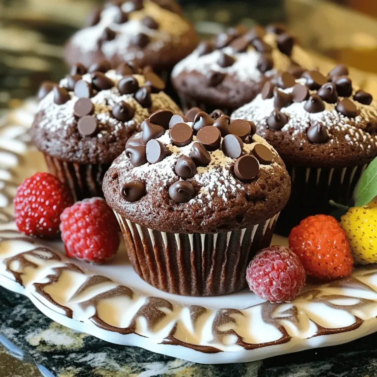 To make the best double chocolate chip bakery muffins, gather these ingredients: - 1 cup all-purpose flour - 1/2 cup unsweetened cocoa powder - 1 cup granulated sugar - 1/2 teaspoon baking soda - 1 teaspoon baking powder - 1/4 teaspoon salt - 1/2 cup unsalted butter, melted and slightly cooled - 2 large eggs, at room temperature - 1 teaspoon vanilla extract - 1/2 cup whole milk - 1 cup semi-sweet chocolate chips - 1/4 cup mini chocolate chips (for topping) Each ingredient plays a key role in creating those rich, chocolatey muffins. The all-purpose flour gives structure. Unsweetened cocoa powder adds deep chocolate flavor. The granulated sugar balances the cocoa’s bite. Baking soda and baking powder help the muffins rise. Salt enhances every sweet note. Melted butter gives moisture and richness, while eggs bind the batter. Vanilla extract adds warmth. Whole milk brings creaminess, and those chocolate chips create bursts of flavor. The mini chips on top make your muffins look even more tempting. With these ingredients, you’ll enjoy muffins that taste like they came from a bakery. First, preheat your oven to 350°F (175°C). Next, prepare a muffin tin. You can line it with paper liners or grease each cup with non-stick spray or butter. This step helps to prevent the muffins from sticking. In a large mixing bowl, sift together the following dry ingredients: - 1 cup all-purpose flour - 1/2 cup unsweetened cocoa powder - 1 cup granulated sugar - 1/2 teaspoon baking soda - 1 teaspoon baking powder - 1/4 teaspoon salt Use a whisk to mix them gently until fully combined. This ensures an even flavor in each muffin. In a separate bowl, mix the wet ingredients: - 1/2 cup unsalted butter, melted and slightly cooled - 2 large eggs, at room temperature - 1 teaspoon vanilla extract - 1/2 cup whole milk Whisk these ingredients together until the mix is smooth. Make sure everything is well blended for a rich taste. Carefully pour the wet mixture into the bowl with the dry ingredients. Stir gently with a spatula or wooden spoon. Mix until just combined; it's okay to have a few lumps. Then, gently fold in: - 1 cup semi-sweet chocolate chips This gives your muffins that gooey, chocolatey goodness. Using a 1/4 cup measuring cup, scoop the batter into the prepared muffin tin. Fill each cup about two-thirds full. This allows room for rising. Now, sprinkle: - 1/4 cup mini chocolate chips on top of each muffin for an extra treat. Bake in the preheated oven for 18-20 minutes. To check if they’re done, insert a toothpick into the center. If it comes out clean, your muffins are ready! After baking, let the muffins cool in the tin for about 5 minutes. This makes them easier to remove. Then, transfer them to a wire rack to cool completely. This keeps them moist and fluffy. To make great muffins, you should not overmix the batter. Overmixing makes muffins tough. Stir until just combined. Leave a few lumps for the best texture. Baking time and temperature matter too. Set your oven to 350°F (175°C) and bake for 18 to 20 minutes. Check with a toothpick; it should come out clean when the muffins are done. Serve your muffins warm for the best taste. A light dusting of powdered sugar adds a nice touch. For a colorful display, garnish with fresh berries. They bring freshness and look beautiful on the plate. This makes your muffins not just tasty but also appealing. {{image_4}} If you want to make nut-free muffins, skip any nuts in your mix. You can add more chocolate chips instead. This keeps every bite delicious and safe for those with nut allergies. You can make some easy swaps to make these muffins healthier. - Whole wheat flour: Use whole wheat flour instead of all-purpose flour. This adds fiber and nutrients. The muffins will still taste great! - Reduced sugar options: You can cut down the sugar by using natural sweeteners like honey or maple syrup. You may need to adjust the liquid in the recipe slightly. You can get creative with your muffins by adding extra flavors. - Nuts: If you are not going nut-free, try adding walnuts or pecans for crunch. - Fruits: Chopped bananas or berries can also brighten up the muffins. They add moisture and natural sweetness. - Other flavor extracts: A splash of almond or orange extract can give your muffins a fun twist. Just a little goes a long way! To keep your muffins fresh, store them in an airtight container. Place a paper towel at the bottom to absorb any moisture. Seal the container and keep it at room temperature for up to 2 days. If you want to keep them for longer, refrigerate them for about a week. This way, they stay soft and delicious. For long-term storage, freezing is the best option. Let the muffins cool completely. Wrap each muffin in plastic wrap tightly. Then, place them in a freezer bag or container. Label the bag with the date. They can last for up to 3 months in the freezer. When you are ready to eat them, just take out the muffins you need. Reheat muffins easily in the microwave. Place one muffin on a plate and microwave it for about 15-20 seconds. You can also heat them in the oven. Preheat the oven to 350°F (175°C) and warm the muffins for about 5-10 minutes. Enjoy them warm for the best taste! These muffins are bakery-style because they are large, fluffy, and have a rich taste. The combination of cocoa powder and chocolate chips gives them a deep chocolate flavor. The special baking method, like using high heat, helps create a nice dome shape. Plus, the mini chocolate chips on top add a sweet crunch. Yes! You can use dark chocolate or milk chocolate instead. Each type brings a unique flavor. If you like a sweeter muffin, go for milk chocolate. For a richer taste, dark chocolate works well. You can even mix different chocolates for a fun twist. To check if your muffins are done, insert a toothpick into the center of one. If it comes out clean or with a few moist crumbs, they are ready. If you see wet batter on the toothpick, bake them for another minute or two. Keep an eye on them to avoid overbaking. Yes, you can make these muffins gluten-free! Replace the all-purpose flour with a gluten-free flour blend. Make sure it contains xanthan gum for the right texture. Also, double-check that your baking powder and cocoa powder are gluten-free. This way, everyone can enjoy them. To make these muffins egg-free, use a substitute like applesauce or mashed banana. Use 1/4 cup of either for each egg. This will keep the muffins moist and tasty. You can also try a mix of ground flaxseed and water. Combine 1 tablespoon of flaxseed with 2.5 tablespoons of water, let it sit, and use it in place of one egg. You now know how to make delicious muffins with simple ingredients. The step-by-step guide helps you mix dry and wet items correctly. Remember to avoid overmixing for fluffier muffins. You can also try different flavors or healthier swaps. Store them well for fresh taste later. Enjoy the process and have fun baking! Share these muffins with friends and family, and they will love them. Your kitchen will smell amazing too. Happy baking!