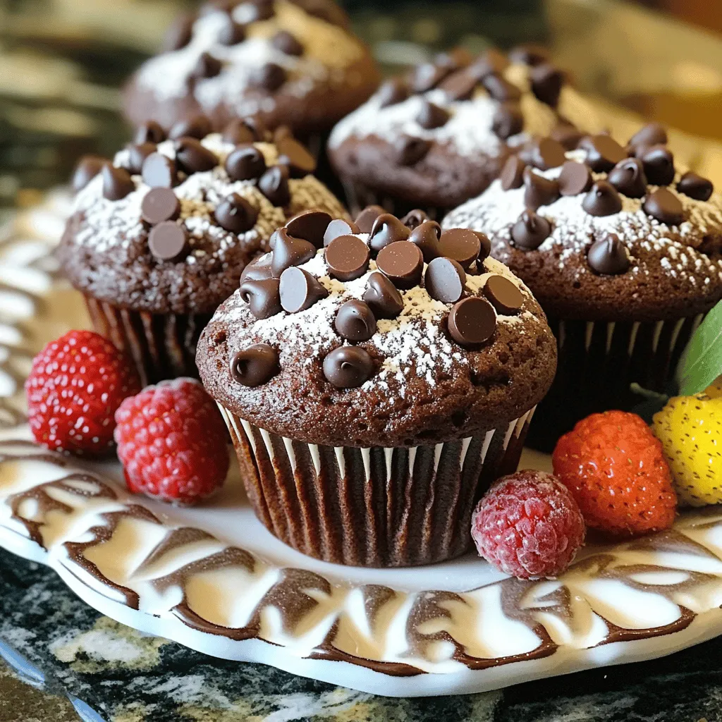 To make the best double chocolate chip bakery muffins, gather these ingredients: - 1 cup all-purpose flour - 1/2 cup unsweetened cocoa powder - 1 cup granulated sugar - 1/2 teaspoon baking soda - 1 teaspoon baking powder - 1/4 teaspoon salt - 1/2 cup unsalted butter, melted and slightly cooled - 2 large eggs, at room temperature - 1 teaspoon vanilla extract - 1/2 cup whole milk - 1 cup semi-sweet chocolate chips - 1/4 cup mini chocolate chips (for topping) Each ingredient plays a key role in creating those rich, chocolatey muffins. The all-purpose flour gives structure. Unsweetened cocoa powder adds deep chocolate flavor. The granulated sugar balances the cocoa’s bite. Baking soda and baking powder help the muffins rise. Salt enhances every sweet note. Melted butter gives moisture and richness, while eggs bind the batter. Vanilla extract adds warmth. Whole milk brings creaminess, and those chocolate chips create bursts of flavor. The mini chips on top make your muffins look even more tempting. With these ingredients, you’ll enjoy muffins that taste like they came from a bakery. First, preheat your oven to 350°F (175°C). Next, prepare a muffin tin. You can line it with paper liners or grease each cup with non-stick spray or butter. This step helps to prevent the muffins from sticking. In a large mixing bowl, sift together the following dry ingredients: - 1 cup all-purpose flour - 1/2 cup unsweetened cocoa powder - 1 cup granulated sugar - 1/2 teaspoon baking soda - 1 teaspoon baking powder - 1/4 teaspoon salt Use a whisk to mix them gently until fully combined. This ensures an even flavor in each muffin. In a separate bowl, mix the wet ingredients: - 1/2 cup unsalted butter, melted and slightly cooled - 2 large eggs, at room temperature - 1 teaspoon vanilla extract - 1/2 cup whole milk Whisk these ingredients together until the mix is smooth. Make sure everything is well blended for a rich taste. Carefully pour the wet mixture into the bowl with the dry ingredients. Stir gently with a spatula or wooden spoon. Mix until just combined; it's okay to have a few lumps. Then, gently fold in: - 1 cup semi-sweet chocolate chips This gives your muffins that gooey, chocolatey goodness. Using a 1/4 cup measuring cup, scoop the batter into the prepared muffin tin. Fill each cup about two-thirds full. This allows room for rising. Now, sprinkle: - 1/4 cup mini chocolate chips on top of each muffin for an extra treat. Bake in the preheated oven for 18-20 minutes. To check if they’re done, insert a toothpick into the center. If it comes out clean, your muffins are ready! After baking, let the muffins cool in the tin for about 5 minutes. This makes them easier to remove. Then, transfer them to a wire rack to cool completely. This keeps them moist and fluffy. To make great muffins, you should not overmix the batter. Overmixing makes muffins tough. Stir until just combined. Leave a few lumps for the best texture. Baking time and temperature matter too. Set your oven to 350°F (175°C) and bake for 18 to 20 minutes. Check with a toothpick; it should come out clean when the muffins are done. Serve your muffins warm for the best taste. A light dusting of powdered sugar adds a nice touch. For a colorful display, garnish with fresh berries. They bring freshness and look beautiful on the plate. This makes your muffins not just tasty but also appealing. {{image_4}} If you want to make nut-free muffins, skip any nuts in your mix. You can add more chocolate chips instead. This keeps every bite delicious and safe for those with nut allergies. You can make some easy swaps to make these muffins healthier. - Whole wheat flour: Use whole wheat flour instead of all-purpose flour. This adds fiber and nutrients. The muffins will still taste great! - Reduced sugar options: You can cut down the sugar by using natural sweeteners like honey or maple syrup. You may need to adjust the liquid in the recipe slightly. You can get creative with your muffins by adding extra flavors. - Nuts: If you are not going nut-free, try adding walnuts or pecans for crunch. - Fruits: Chopped bananas or berries can also brighten up the muffins. They add moisture and natural sweetness. - Other flavor extracts: A splash of almond or orange extract can give your muffins a fun twist. Just a little goes a long way! To keep your muffins fresh, store them in an airtight container. Place a paper towel at the bottom to absorb any moisture. Seal the container and keep it at room temperature for up to 2 days. If you want to keep them for longer, refrigerate them for about a week. This way, they stay soft and delicious. For long-term storage, freezing is the best option. Let the muffins cool completely. Wrap each muffin in plastic wrap tightly. Then, place them in a freezer bag or container. Label the bag with the date. They can last for up to 3 months in the freezer. When you are ready to eat them, just take out the muffins you need. Reheat muffins easily in the microwave. Place one muffin on a plate and microwave it for about 15-20 seconds. You can also heat them in the oven. Preheat the oven to 350°F (175°C) and warm the muffins for about 5-10 minutes. Enjoy them warm for the best taste! These muffins are bakery-style because they are large, fluffy, and have a rich taste. The combination of cocoa powder and chocolate chips gives them a deep chocolate flavor. The special baking method, like using high heat, helps create a nice dome shape. Plus, the mini chocolate chips on top add a sweet crunch. Yes! You can use dark chocolate or milk chocolate instead. Each type brings a unique flavor. If you like a sweeter muffin, go for milk chocolate. For a richer taste, dark chocolate works well. You can even mix different chocolates for a fun twist. To check if your muffins are done, insert a toothpick into the center of one. If it comes out clean or with a few moist crumbs, they are ready. If you see wet batter on the toothpick, bake them for another minute or two. Keep an eye on them to avoid overbaking. Yes, you can make these muffins gluten-free! Replace the all-purpose flour with a gluten-free flour blend. Make sure it contains xanthan gum for the right texture. Also, double-check that your baking powder and cocoa powder are gluten-free. This way, everyone can enjoy them. To make these muffins egg-free, use a substitute like applesauce or mashed banana. Use 1/4 cup of either for each egg. This will keep the muffins moist and tasty. You can also try a mix of ground flaxseed and water. Combine 1 tablespoon of flaxseed with 2.5 tablespoons of water, let it sit, and use it in place of one egg. You now know how to make delicious muffins with simple ingredients. The step-by-step guide helps you mix dry and wet items correctly. Remember to avoid overmixing for fluffier muffins. You can also try different flavors or healthier swaps. Store them well for fresh taste later. Enjoy the process and have fun baking! Share these muffins with friends and family, and they will love them. Your kitchen will smell amazing too. Happy baking!