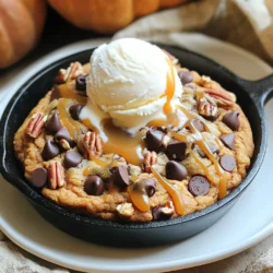 To make the perfect Pumpkin Spice Chocolate Chip Cookie Skillet, you'll need some key ingredients that create a delightful blend of flavors. Here’s what you will need: - 1 cup pumpkin puree - 1/2 cup unsalted butter, softened to room temperature - 1 cup brown sugar, tightly packed - 1/2 cup granulated sugar - 1 large egg - 1 teaspoon pure vanilla extract - 2 cups all-purpose flour - 1 teaspoon baking soda - 1 teaspoon baking powder - 1 teaspoon pumpkin pie spice - 1/2 teaspoon sea salt - 1 cup semi-sweet chocolate chips - 1/2 cup chopped pecans (optional) Each ingredient plays a role in creating a rich, warm, and comforting cookie. The pumpkin puree adds moisture and flavor, while the butter provides richness. Brown and granulated sugars sweeten the dough, giving it a lovely caramel note. The egg helps bind everything together, ensuring your cookie skillet holds its shape. Using all-purpose flour gives the cookie structure, while baking soda and baking powder help it rise. Pumpkin pie spice brings that signature fall flavor, and sea salt enhances all the tastes. The semi-sweet chocolate chips bring sweetness and texture, and if you choose to add pecans, they give a nice crunch. Gather these ingredients to start your baking adventure. You’ll soon enjoy a warm and gooey treat that smells like autumn! 1. First, preheat your oven to 350°F (175°C). This helps the cookie bake evenly. 2. In a large bowl, mix 1 cup of softened butter, 1 cup of brown sugar, and 1/2 cup of granulated sugar. Beat until light and fluffy. 3. Next, add 1 cup of pumpkin puree, 1 large egg, and 1 teaspoon of pure vanilla extract. Mix until smooth and well combined. 4. In another bowl, sift together 2 cups of all-purpose flour, 1 teaspoon of baking soda, 1 teaspoon of baking powder, 1 teaspoon of pumpkin pie spice, and 1/2 teaspoon of sea salt. 5. Slowly add the dry mix to the wet mix. Stir gently until just combined. Be careful not to overmix. 6. Finally, fold in 1 cup of semi-sweet chocolate chips and 1/2 cup of chopped pecans if you like. Make sure they are evenly distributed. 1. Now, transfer the cookie dough into a greased 10-inch cast iron skillet. Spread it evenly across the bottom. 2. Bake in your preheated oven for 25-30 minutes. Check doneness by inserting a toothpick in the center. It should come out clean. 1. Once done, take the skillet out of the oven. Let the cookie cool for about 10 minutes. This makes slicing easier. 2. Serve warm for the best taste. For a special treat, add a scoop of vanilla ice cream and drizzle with caramel sauce. You can also sprinkle extra pumpkin pie spice on top for a nice touch. - Ensuring a fluffy texture: Start with soft butter. Mixing it well with sugars helps create air pockets. This makes the cookie light and fluffy. Also, ensure you mix until just combined. - Avoiding overmixing: Mix wet and dry ingredients gently. Overmixing makes the cookie tough. Stop when you see no flour. The dough should look a little lumpy. - Serving suggestions: Serve your warm cookie with a scoop of vanilla ice cream. Drizzle rich caramel sauce on top for extra flavor. This adds creaminess and sweetness. - Garnishing ideas: Sprinkle some pumpkin pie spice over the top. This not only looks nice but also enhances the flavor. A few chocolate chips can add a nice touch, too. - Adding different types of chocolate: Try using dark chocolate chips. They balance the sweetness well. You can also mix in white chocolate for a fun twist. - Alternative mix-ins: Consider adding chopped nuts like walnuts or almonds. Dried fruit like cranberries can add a tart flavor. These options make your cookie even more exciting. {{image_4}} You can change the flavor of your skillet cookie in fun ways. One great option is to use Nutella. Just swirl it into the dough before baking. This adds a rich, chocolatey twist that everyone will love. Another option is to create an Autumn Spice Cookie Skillet. You can swap out the pumpkin pie spice for other spices like cinnamon, nutmeg, or ginger. These spices add warmth and depth, perfect for fall. If you need gluten-free options, use almond flour or a gluten-free flour blend. This will keep the texture nice and soft. Just make sure to check if your baking soda and powder are gluten-free. For vegan adaptations, replace the egg with a flax egg or applesauce. Use coconut oil instead of butter. You can also swap the chocolate chips for dairy-free ones. These changes make the cookie tasty and friendly for all diets. You might want to serve fewer or more people. To make a smaller portion, you can cut the recipe in half. This works well if you want a treat for yourself or a small group. If you need a larger batch, simply double the ingredients. Just remember to use a bigger skillet or bake in two skillets. This way, you can share this deliciousness with everyone! To keep your cookie skillet fresh, follow these easy steps. First, let the skillet cool completely. Once cool, cover it tightly with plastic wrap or aluminum foil. You can also transfer slices to an airtight container. Store the skillet in the fridge if you plan to eat it within a week. If you want to save it longer, freezing is a great option. Cut the cooled cookie into slices. Wrap each slice in plastic wrap. Then place the wrapped slices in a freezer-safe bag. This way, they stay fresh for up to three months. Reheating your cookie skillet properly is key to keeping its yummy texture. For the best results, use an oven. Preheat the oven to 350°F (175°C). Place the skillet in the oven for about 10 minutes. This warms it through and keeps it soft. If you choose to use a microwave, do so carefully. Place a slice on a microwave-safe plate. Heat it for about 15-20 seconds. Check if it’s warm enough. If not, heat in small bursts to avoid making it tough. For optimal freshness, store the cookie skillet correctly. When kept in the fridge, it lasts about 5 to 7 days. If frozen, aim to eat it within three months for the best taste. After that, it may lose its flavor and texture. Enjoy your pumpkin spice chocolate chip cookie skillet while it’s at its best! Yes, you can use fresh pumpkin. Just cook it down and puree it. Make sure it is smooth and not too watery. Canned pumpkin is easier, but fresh adds a nice touch. Check the edges of your cookie. They should be golden brown. Insert a toothpick into the center. If it comes out clean, your cookie is ready. Yes, you can prepare the dough ahead. Store it in the fridge for up to 24 hours. Just let it sit at room temperature for a bit before baking. You can top your skillet cookie with ice cream, whipped cream, or caramel sauce. Chopped nuts, like pecans or walnuts, also add a nice crunch. Absolutely! You can use any oven-safe skillet. Just adjust the baking time if your skillet is larger or smaller. Enjoy getting creative with your cooking tools! In this blog post, we explored a delicious skillet cookie made with simple ingredients like pumpkin puree, butter, and chocolate chips. I walked you through each step, from mixing to baking. I also shared tips to enhance flavor and options for dietary needs. Remember, this recipe is versatile, allowing customization and easy adaptations. As you bake this treat, enjoy the process and the warm aroma filling your kitchen. You’ll create something tasty to share or savor on your own. Happy baking!
