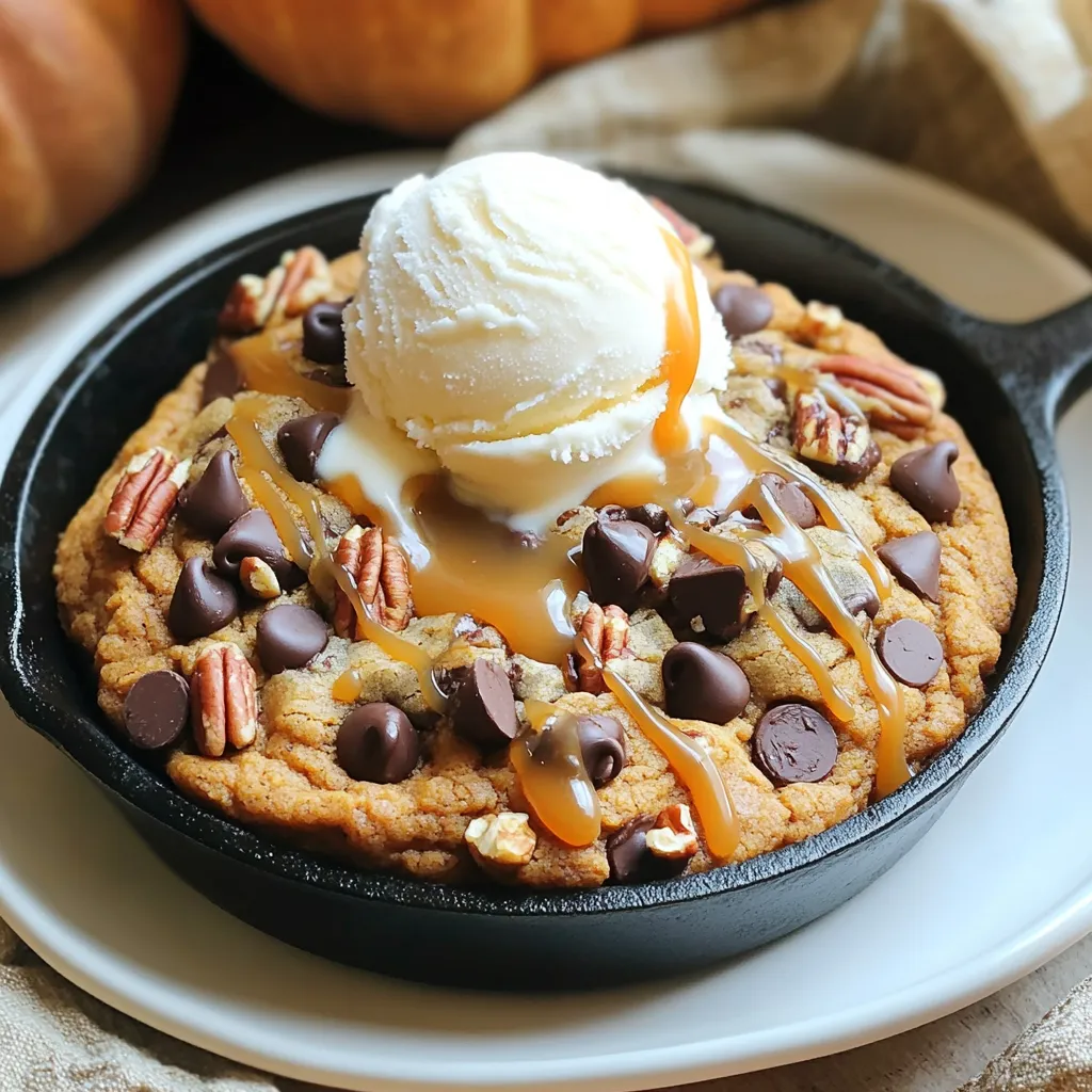 To make the perfect Pumpkin Spice Chocolate Chip Cookie Skillet, you'll need some key ingredients that create a delightful blend of flavors. Here’s what you will need: - 1 cup pumpkin puree - 1/2 cup unsalted butter, softened to room temperature - 1 cup brown sugar, tightly packed - 1/2 cup granulated sugar - 1 large egg - 1 teaspoon pure vanilla extract - 2 cups all-purpose flour - 1 teaspoon baking soda - 1 teaspoon baking powder - 1 teaspoon pumpkin pie spice - 1/2 teaspoon sea salt - 1 cup semi-sweet chocolate chips - 1/2 cup chopped pecans (optional) Each ingredient plays a role in creating a rich, warm, and comforting cookie. The pumpkin puree adds moisture and flavor, while the butter provides richness. Brown and granulated sugars sweeten the dough, giving it a lovely caramel note. The egg helps bind everything together, ensuring your cookie skillet holds its shape. Using all-purpose flour gives the cookie structure, while baking soda and baking powder help it rise. Pumpkin pie spice brings that signature fall flavor, and sea salt enhances all the tastes. The semi-sweet chocolate chips bring sweetness and texture, and if you choose to add pecans, they give a nice crunch. Gather these ingredients to start your baking adventure. You’ll soon enjoy a warm and gooey treat that smells like autumn! 1. First, preheat your oven to 350°F (175°C). This helps the cookie bake evenly. 2. In a large bowl, mix 1 cup of softened butter, 1 cup of brown sugar, and 1/2 cup of granulated sugar. Beat until light and fluffy. 3. Next, add 1 cup of pumpkin puree, 1 large egg, and 1 teaspoon of pure vanilla extract. Mix until smooth and well combined. 4. In another bowl, sift together 2 cups of all-purpose flour, 1 teaspoon of baking soda, 1 teaspoon of baking powder, 1 teaspoon of pumpkin pie spice, and 1/2 teaspoon of sea salt. 5. Slowly add the dry mix to the wet mix. Stir gently until just combined. Be careful not to overmix. 6. Finally, fold in 1 cup of semi-sweet chocolate chips and 1/2 cup of chopped pecans if you like. Make sure they are evenly distributed. 1. Now, transfer the cookie dough into a greased 10-inch cast iron skillet. Spread it evenly across the bottom. 2. Bake in your preheated oven for 25-30 minutes. Check doneness by inserting a toothpick in the center. It should come out clean. 1. Once done, take the skillet out of the oven. Let the cookie cool for about 10 minutes. This makes slicing easier. 2. Serve warm for the best taste. For a special treat, add a scoop of vanilla ice cream and drizzle with caramel sauce. You can also sprinkle extra pumpkin pie spice on top for a nice touch. - Ensuring a fluffy texture: Start with soft butter. Mixing it well with sugars helps create air pockets. This makes the cookie light and fluffy. Also, ensure you mix until just combined. - Avoiding overmixing: Mix wet and dry ingredients gently. Overmixing makes the cookie tough. Stop when you see no flour. The dough should look a little lumpy. - Serving suggestions: Serve your warm cookie with a scoop of vanilla ice cream. Drizzle rich caramel sauce on top for extra flavor. This adds creaminess and sweetness. - Garnishing ideas: Sprinkle some pumpkin pie spice over the top. This not only looks nice but also enhances the flavor. A few chocolate chips can add a nice touch, too. - Adding different types of chocolate: Try using dark chocolate chips. They balance the sweetness well. You can also mix in white chocolate for a fun twist. - Alternative mix-ins: Consider adding chopped nuts like walnuts or almonds. Dried fruit like cranberries can add a tart flavor. These options make your cookie even more exciting. {{image_4}} You can change the flavor of your skillet cookie in fun ways. One great option is to use Nutella. Just swirl it into the dough before baking. This adds a rich, chocolatey twist that everyone will love. Another option is to create an Autumn Spice Cookie Skillet. You can swap out the pumpkin pie spice for other spices like cinnamon, nutmeg, or ginger. These spices add warmth and depth, perfect for fall. If you need gluten-free options, use almond flour or a gluten-free flour blend. This will keep the texture nice and soft. Just make sure to check if your baking soda and powder are gluten-free. For vegan adaptations, replace the egg with a flax egg or applesauce. Use coconut oil instead of butter. You can also swap the chocolate chips for dairy-free ones. These changes make the cookie tasty and friendly for all diets. You might want to serve fewer or more people. To make a smaller portion, you can cut the recipe in half. This works well if you want a treat for yourself or a small group. If you need a larger batch, simply double the ingredients. Just remember to use a bigger skillet or bake in two skillets. This way, you can share this deliciousness with everyone! To keep your cookie skillet fresh, follow these easy steps. First, let the skillet cool completely. Once cool, cover it tightly with plastic wrap or aluminum foil. You can also transfer slices to an airtight container. Store the skillet in the fridge if you plan to eat it within a week. If you want to save it longer, freezing is a great option. Cut the cooled cookie into slices. Wrap each slice in plastic wrap. Then place the wrapped slices in a freezer-safe bag. This way, they stay fresh for up to three months. Reheating your cookie skillet properly is key to keeping its yummy texture. For the best results, use an oven. Preheat the oven to 350°F (175°C). Place the skillet in the oven for about 10 minutes. This warms it through and keeps it soft. If you choose to use a microwave, do so carefully. Place a slice on a microwave-safe plate. Heat it for about 15-20 seconds. Check if it’s warm enough. If not, heat in small bursts to avoid making it tough. For optimal freshness, store the cookie skillet correctly. When kept in the fridge, it lasts about 5 to 7 days. If frozen, aim to eat it within three months for the best taste. After that, it may lose its flavor and texture. Enjoy your pumpkin spice chocolate chip cookie skillet while it’s at its best! Yes, you can use fresh pumpkin. Just cook it down and puree it. Make sure it is smooth and not too watery. Canned pumpkin is easier, but fresh adds a nice touch. Check the edges of your cookie. They should be golden brown. Insert a toothpick into the center. If it comes out clean, your cookie is ready. Yes, you can prepare the dough ahead. Store it in the fridge for up to 24 hours. Just let it sit at room temperature for a bit before baking. You can top your skillet cookie with ice cream, whipped cream, or caramel sauce. Chopped nuts, like pecans or walnuts, also add a nice crunch. Absolutely! You can use any oven-safe skillet. Just adjust the baking time if your skillet is larger or smaller. Enjoy getting creative with your cooking tools! In this blog post, we explored a delicious skillet cookie made with simple ingredients like pumpkin puree, butter, and chocolate chips. I walked you through each step, from mixing to baking. I also shared tips to enhance flavor and options for dietary needs. Remember, this recipe is versatile, allowing customization and easy adaptations. As you bake this treat, enjoy the process and the warm aroma filling your kitchen. You’ll create something tasty to share or savor on your own. Happy baking!