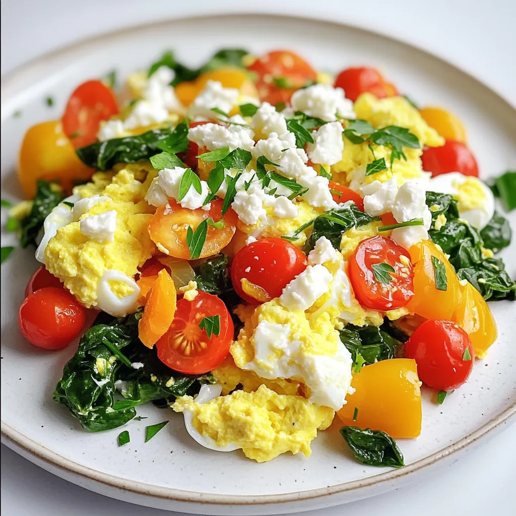 - 1 cup egg whites - Fresh spinach - Cherry tomatoes - Bell pepper - Low-fat feta cheese - Extra virgin olive oil - Garlic powder - Seasonings (salt, pepper) - Fresh herbs for garnish To create a high protein egg white scramble, you need just a few simple ingredients. Start with one cup of egg whites. This is about eight large eggs. Egg whites pack a protein punch without the extra fat. Next, grab some fresh spinach. It adds color and nutrients. Cherry tomatoes bring sweetness and a pop of flavor. You can use any color bell pepper. It adds crunch and color. Finally, low-fat feta cheese gives a creamy touch. You also need some cooking essentials. Extra virgin olive oil adds healthy fat. Garlic powder gives your dish depth. Don’t forget salt and pepper for basic seasoning. Fresh herbs, like parsley or chives, add a bright finish. This simple mix creates a tasty and healthy meal. It’s quick to make, and you can customize it easily! - Heat 1 tablespoon of extra virgin olive oil in a large non-stick skillet over medium heat. - Sauté 1/4 cup of diced bell peppers and 1/4 cup of halved cherry tomatoes for 2-3 minutes. - Add 1/2 cup of coarsely chopped spinach to the skillet and mix well. - In a bowl, whisk together 1 cup of egg whites, 1/4 teaspoon of garlic powder, salt, and pepper. - Pour the egg white mixture over the sautéed veggies and let it sit for a few minutes. - Stir gently until the eggs are fully cooked, about 3-4 minutes. - Sprinkle 1/4 cup of crumbled low-fat feta cheese on top and let it warm for 1 minute. - Garnish with fresh herbs before serving. - Use a non-stick skillet for easy cooking. - Don't overcrowd the skillet. This allows even cooking and prevents sticking. - Experiment with spices or sauces. Try adding cayenne pepper for heat or salsa for zest. - Add more veggies for variety. You can toss in zucchini, mushrooms, or even kale. This boosts nutrients and flavor. When you cook with a non-stick skillet, your egg whites slide out easily. It saves time and makes cleanup a breeze. Keeping the skillet clear of too many ingredients lets everything cook evenly. Each bite will taste just right. Don’t be afraid to play with flavors. Spices like cumin or smoked paprika can change the whole dish. Fresh herbs also brighten up the meal. They add color and aroma that makes your scramble pop. Adding extra vegetables not only makes the scramble more colorful but also packs in nutrients. You can mix in whatever you have at home. This way, you make the dish your own. Enjoy the fun of creating a meal that suits your taste! {{image_4}} You can boost your protein with lean turkey or ham. These meats add a savory taste and extra nutrients. If you prefer a plant-based option, try adding beans. Black beans or chickpeas work great. They give your scramble a hearty texture and are full of fiber. Want to change up your veggies? Use zucchini or mushrooms instead of spinach. They add moisture and a nice bite. If you want to swap spinach, kale or arugula are great choices. Both have a strong flavor and add more nutrients. If you like cheese, try goat cheese or cheddar for a different flavor. They melt well and add creaminess. If you're avoiding dairy, simply skip the cheese. Your scramble will still be tasty and satisfying! Store any leftovers in an airtight container. This helps keep your egg white scramble fresh. You can keep it in the fridge for up to 3 days. Make sure to let it cool before sealing. You can easily reheat the scramble in the microwave or on the stove. If using the microwave, heat in short bursts. Stir in between to avoid hot spots. If using the stove, add a splash of water to help steam it. This keeps the texture soft and fluffy. Remember, you want to warm it, not cook it again. Enjoy your meal, even on day two! Egg whites are a smart choice for many reasons: - Low-calorie and low-fat: They offer fewer calories than whole eggs, making them great for weight control. - High protein content: Egg whites pack a protein punch, providing about 26 grams of protein per cup. This helps build and repair muscles. Egg whites also have no cholesterol, which can be good for heart health. They are a clean source of protein, perfect for any meal. Yes, you can use whole eggs instead of just egg whites. Here’s how they compare: - Nutrition: Whole eggs have more calories and fat, but they also have essential nutrients like vitamin D and omega-3s. - Tips for adjusting the recipe: If you choose whole eggs, use about 4 large eggs to match the volume of 1 cup of egg whites. You may need to cook them a bit longer to ensure they are fully set. Using whole eggs adds richness and flavor, but be mindful of the extra calories and fat. To make your egg whites extra fluffy, follow these tips: - Whipping techniques: Whisk the egg whites vigorously until they form soft peaks. This adds air, making them light and airy. You can use a hand whisk or an electric mixer for speed. - Importance of freshness: Fresh egg whites whip better. So, always use eggs that are as fresh as possible for the best results. Fluffy egg whites create a lovely texture in your scramble, making each bite delightful. This dish combines simple ingredients and straightforward steps to create a healthy meal. You learned about the main ingredients like egg whites, spinach, and feta cheese. I shared tips for cooking and ways to customize your dish. You can add protein, swap veggies, or even change up the cheese. Storing and reheating leftovers keeps the meal easy and convenient. Eating healthy can be simple and fun! Now, get cooking and enjoy your tasty creation!