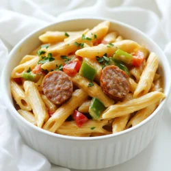 - 8 oz penne pasta - 1 pound smoked sausage (andouille or kielbasa), sliced - 1 medium onion, finely chopped - 2 cloves garlic, minced - 1 red bell pepper, diced - 1 green bell pepper, diced - 1 cup heavy cream - 1 cup chicken broth - 2 tablespoons Cajun seasoning - 1 teaspoon smoked paprika - Salt and fresh ground pepper, to taste - 1/2 cup grated Parmesan cheese - Fresh parsley, chopped, for garnish For this dish, I always start with penne pasta. This shape holds sauce well, making each bite flavorful. Next, I choose smoked sausage, like andouille or kielbasa. The smoky flavor adds depth. I finely chop a medium onion and mince two cloves of garlic to build a strong base. Then, I add diced red and green bell peppers for color and crunch. The creamy sauce comes from one cup of heavy cream and one cup of chicken broth. The Cajun seasoning and smoked paprika give the dish its signature spice, while salt and pepper enhance the flavors. Finally, I top it all with half a cup of grated Parmesan cheese and fresh parsley. This adds a rich finish and a pop of green. Each ingredient plays a role in making this dish a dinner delight. - Start by boiling salted water in a large pot. - Add 8 oz of penne pasta and cook it according to the package instructions. - Before draining, reserve a small cup of pasta water for later use. - In a large skillet, heat 2 tablespoons of olive oil over medium heat. - Once the oil is shimmering, add 1 pound of sliced smoked sausage. - Cook the sausage for about 5-6 minutes until it browns nicely. - Next, add 1 medium chopped onion and 2 minced garlic cloves to the skillet. - Include 1 diced red bell pepper and 1 diced green bell pepper. - Sauté these for about 4-5 minutes until they become tender and fragrant. - Pour in 1 cup of chicken broth and 1 cup of heavy cream. - Sprinkle in 2 tablespoons of Cajun seasoning and 1 teaspoon of smoked paprika. - Simmer the sauce for 3-4 minutes, stirring often until it thickens. - Toss in the cooked penne pasta and mix well to coat it with the sauce. - If the sauce is too thick, add a splash of reserved pasta water for the right consistency. - Stir in 1/2 cup of grated Parmesan cheese until it melts into the sauce. - Taste the dish and adjust seasoning with salt and fresh ground pepper. - Finally, garnish with chopped parsley before serving for a fresh look. - Ensure pasta is al dente for best texture. This means it should be firm to the bite. - Stir frequently to prevent burning. This keeps your sausage and veggies from sticking to the pan. - To increase spiciness, add more Cajun seasoning or a dash of hot sauce. You can also use cayenne pepper for extra heat. - Other herbs that complement Cajun flavors include thyme and oregano. Fresh herbs can really brighten the dish. - Serve in deep bowls or wide pasta plates for aesthetic appeal. It makes the dish look more inviting. - Use extra garnishes like a sprinkle of Parmesan cheese and a drizzle of olive oil for color and taste. Fresh parsley adds a nice touch too. {{image_4}} You can swap the sausage for other types. Try chicken, turkey, or shrimp. Each will change the flavor. For a vegetarian version, use plant-based sausage or mushrooms. They add great texture and taste. You can also add beans or lentils for protein. While penne works well, you can use other pasta types. Fusilli, rotini, or even fettuccine are great choices. Each shape holds the sauce differently. If you need gluten-free options, try rice pasta or quinoa pasta. These will still give you a tasty meal. If you want a lighter sauce, use milk instead of cream. It still tastes great and cuts calories. You can also add Greek yogurt for creaminess. To spice things up, add extra Cajun seasoning or a pinch of cayenne. Experiment with spices for unique flavors. To keep your Creamy Cajun Sausage Pasta fresh, follow these steps: - Cool down: Let the pasta cool to room temperature. - Use airtight containers: Store the pasta in airtight containers. - Refrigerate: Place containers in the fridge. For the best taste, eat leftovers within 3-4 days. After this, the flavors may fade. Want to save some for later? You can freeze this dish easily: - Portion it out: Divide the pasta into portions. - Use freezer-safe containers: Store each portion in a freezer-safe container. - Label and date: Write the date on each container for reference. You can freeze it for up to 3 months. When you’re ready to eat: - Thaw overnight: Move the container to the fridge to thaw. - Reheat in a skillet: Warm it on low heat, adding a splash of broth or cream to keep it creamy. These steps ensure your meal stays tasty and fresh for another day. Making Creamy Cajun Sausage Pasta takes about 30 minutes total. This includes 10 minutes for prep and 20 minutes for cooking. You can cook the pasta while you prepare the sauce. This makes it quick and easy. Yes, you can use many types of sausage. Andouille gives a nice kick, but kielbasa is milder. You can also try chicken sausage or turkey sausage for a lighter option. Each type adds its own flavor to the dish. This dish has a mild to medium heat level. The Cajun seasoning adds warmth, but it’s not overwhelming. If you want more spice, you can add extra seasoning or red pepper flakes. Adjust it to your taste. To reheat, use a skillet on low heat. Add a splash of cream or chicken broth to keep it creamy. Stir often to prevent sticking. You can also microwave it, but add a little liquid to help it stay smooth. This blog post covered the delicious journey of making Creamy Cajun Sausage Pasta. You learned about key ingredients and easy steps to cook this dish. With tips to enhance flavor and presentation, you can impress anyone. Don't forget to try variations, like different proteins or pasta types, for fun twists. Always store your leftovers well for another tasty meal. Now, it’s time to enjoy this dish and share it with friends! You’ll love how simple and satisfying it is.