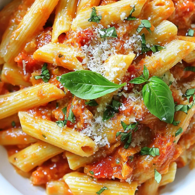 To make a great Spicy Penne Arrabbiata, you need the following: - 300g penne pasta - 4 cloves garlic, finely minced - 1 teaspoon red pepper flakes (adjust for heat) - 1 can (400g) crushed tomatoes - 1 tablespoon tomato paste - 3 tablespoons extra-virgin olive oil - Salt, to taste - Fresh basil leaves, to garnish These ingredients bring bold flavors to your dish. The garlic and red pepper flakes offer a punch, while the tomatoes provide a rich base. You can enhance your dish with these optional items: - Grated Parmesan cheese Adding Parmesan gives a creamy finish that balances the spice. It is not necessary, but it adds a nice touch. Choosing fresh ingredients is key to a tasty meal. Here are some tips: - For garlic, look for firm, plump cloves without sprouts. - Select tomatoes that are ripe and fragrant. They should feel heavy for their size. - Choose extra-virgin olive oil with a fresh, fruity smell. A good oil can elevate your sauce. Fresh ingredients make a big difference. They not only taste better but also make your cooking experience more enjoyable. {{ingredient_image_2}} To start, bring a large pot of salted water to a rolling boil. Salt helps add flavor to the pasta. Next, add 300g of penne pasta. Cook it according to the package directions. This usually takes about 10 to 12 minutes. You want the pasta to be al dente, which means it should have a little bite. Before draining, save about one cup of the pasta water. This water is starchy and helps the sauce stick. Drain the pasta and set it aside. In a large skillet, heat 3 tablespoons of extra-virgin olive oil over medium heat. You want the oil to shimmer but not smoke. Once hot, add 4 cloves of finely minced garlic and 1 teaspoon of red pepper flakes. Sauté for about 30 seconds. Stir continuously to avoid burning the garlic. If garlic burns, it will taste bitter. After the garlic is fragrant, pour in one can of crushed tomatoes and add 1 tablespoon of tomato paste. Stir this mixture well. Allow it to simmer gently for 10 to 15 minutes. Taste and add salt as needed. Stir occasionally to help the sauce thicken. Now it’s time to unite the pasta and sauce. Add the drained penne to the skillet with the sauce. Gently toss it to combine. If the sauce seems too thick, add a little of the reserved pasta water. This will help coat the pasta evenly. Ensure every piece of penne is covered in that spicy, rich sauce. Once mixed well, let it sit for a minute. This helps the flavors blend. Finally, serve your spicy penne Arrabbiata hot, garnished with fresh basil leaves. If you like, you can add some grated Parmesan cheese for an extra touch. Enjoy your bold and flavorful dish! You can change the heat in your Spicy Penne Arrabbiata easily. Start with one teaspoon of red pepper flakes. If you love heat, add more! Always taste your sauce before serving. This way, you can find the right spice for you. If it gets too spicy, add a little sugar. Sugar balances the heat and makes the sauce tasty. One big mistake is overcooking the garlic. Cook it just until it smells great. If it turns brown, it will taste bitter. Another mistake is not reserving pasta water. This water helps your sauce stick to the pasta. Finally, don’t skip the salt. It makes all the flavors pop. Always taste your sauce and adjust as needed. While Spicy Penne Arrabbiata is not a cream-based dish, you can make it feel creamy. Use some of the reserved pasta water. This water has starch that helps the sauce cling to the pasta. Stir it in slowly until you reach the texture you like. If you want, you can add a splash of cream for richness. Just remember, a little goes a long way! Pro Tips Adjusting Heat Level: Modify the amount of red pepper flakes based on your preference for spice. Start with a smaller amount and taste as you go to ensure the right balance for your palate. Fresh Tomatoes Option: If you prefer using fresh tomatoes, substitute the crushed tomatoes with about 6-8 ripe tomatoes. Blanch them, peel the skins, chop, and then proceed with the recipe. Cooking Pasta Perfectly: To achieve the perfect al dente texture, avoid overcooking the pasta. It should be firm to the bite, as it will continue cooking slightly once combined with the sauce. Enhancing Flavor: For a deeper flavor, consider adding a splash of red wine to the sauce after sautéing the garlic. Let it simmer for a few minutes to cook off the alcohol before adding the tomatoes. {{image_4}} You can easily make this dish vegetarian or vegan. Skip the Parmesan cheese to keep it vegan. Instead, add nutritional yeast for a cheesy flavor. You can also add more vegetables. Try bell peppers, zucchini, or spinach. These will add color and nutrients to your plate. Want to add some protein? Cooked chicken or shrimp works great. For chicken, use grilled or sautéed pieces. For shrimp, sauté them in the oil before adding garlic. Both options pair well with the spicy sauce. You can also use tofu for a vegetarian protein boost. Not a fan of penne? Use other pasta shapes like fusilli or rigatoni. They catch the sauce well, adding more flavor to each bite. Gluten-free pasta is also an option if you need it. Just be sure to follow cooking instructions on the package for best results. To store your leftover spicy penne Arrabbiata, cool it to room temperature first. Place it in an airtight container. You can keep it in the fridge for up to three days. Make sure to seal the container well. This helps lock in the flavors and keep the dish fresh. When reheating, I recommend using a skillet. Heat it over low to medium heat. Add a splash of olive oil or some reserved pasta water. This helps bring back the sauce's moisture. Stir gently to warm it through. Avoid high heat, as it can dry out the pasta and sauce. You can freeze spicy penne Arrabbiata for later. First, let the dish cool completely. Then, put it in a freezer-safe container. It can last up to three months in the freezer. When ready to eat, thaw it in the fridge overnight. Reheat it in a skillet, adding water if needed to keep it saucy. Arrabbiata means "angry" in Italian. The name reflects the spicy heat from red pepper flakes. This dish packs a punch, making it perfect for heat lovers. The red pepper gives it a bold flavor. You get that nice kick with each bite! Yes, you can make Spicy Penne Arrabbiata ahead of time. Cook the pasta and sauce separately. Store them in airtight containers in the fridge. When ready to eat, just reheat them together. This method keeps the pasta from getting soggy. To make it milder for kids, reduce the red pepper flakes. Start with just a pinch and taste as you go. You can also add more tomato sauce to balance the heat. Mixing in some cream can help too. This makes the dish creamy and less spicy. Spicy Penne Arrabbiata is a simple but tasty dish. We covered key ingredients, cooking steps, and helpful tips. You learned how to balance spice and enjoy creamy textures. Plus, we explored variations for different diets and how to store leftovers. Now, you can confidently cook this dish at home. Enjoy every bite, and share it with family and friends. Cooking can be fun and rewarding. Keep it spicy and keep experimenting!