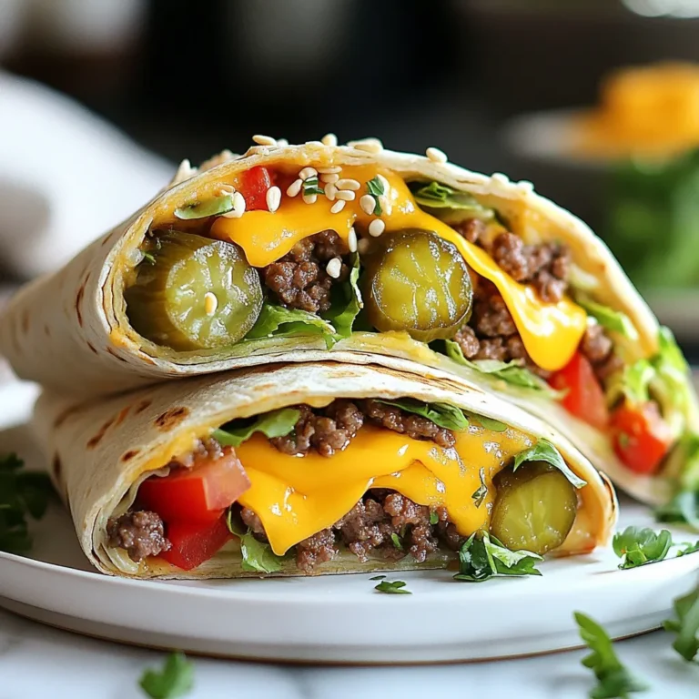 To make Big Mac Wraps, you'll need these key items: - 1 lb ground beef - 2 tablespoons onion powder - 2 tablespoons garlic powder - 1 tablespoon smoked paprika - Salt and pepper to taste - 4 large flour tortillas - 1 cup shredded lettuce - 1 cup diced tomatoes - 1 cup pickles, diced - ½ cup cheddar cheese, shredded - ½ cup Thousand Island dressing - Sesame seeds for garnish These ingredients create a delicious wrap that tastes just like the classic Big Mac. You can find these items in any grocery store. You can add your own twist to the wraps with these optional ingredients: - Sliced jalapeños for heat - Sliced avocado for creaminess - Red onion for crunch - Bacon bits for extra flavor These additions bring new flavors to your wraps. Feel free to mix and match to suit your taste. For the best taste, I recommend these brands: - Ground beef: Look for fresh, high-quality beef from local butchers. - Cheese: Use sharp cheddar for a bold flavor. - Thousand Island dressing: Try Kraft or Wish-Bone for great taste. Using quality ingredients makes a real difference. You will notice it in every bite. {{ingredient_image_2}} First, grab a large skillet and heat it over medium. Add 1 pound of ground beef. As it cooks, break it apart with a spatula. Sprinkle in 2 tablespoons of onion powder, 2 tablespoons of garlic powder, and 1 tablespoon of smoked paprika. Add salt and pepper to taste. Cook for 7 to 10 minutes until it's browned. If there is extra fat, drain it carefully so the beef stays flavorful. Next, warm your large flour tortillas. You can do this in a pan or microwave. Heat them for about 15 to 20 seconds. This makes them soft and easy to roll. A warm tortilla helps avoid tearing. Now, place each tortilla flat on a plate. In the center of each, add ½ cup of the cooked beef. Then, pile on shredded lettuce, diced tomatoes, pickles, and cheddar cheese. Drizzle with a good amount of Thousand Island dressing. Make sure to spread it evenly for great flavor. To wrap, fold the sides of the tortilla inward. Starting from the bottom, roll it upwards. Keep the filling snug inside. This helps prevent spills while eating. For a crispy finish, heat a greased skillet over medium heat. Place the wraps seam-side down. Cook for about 2 to 3 minutes on each side. You want them golden brown and slightly crispy. This step adds texture and makes them extra tasty. Once toasted, slice each wrap in half diagonally with a sharp knife. Sprinkle sesame seeds on top for a nice look. Serve the wraps on a bright platter. Add extra dill pickles around the edges. A small bowl of Thousand Island dressing in the center adds a fun touch for dipping. To make the best beef for your wraps, start with fresh ground beef. Use a lean blend for less fat. Cook it over medium heat to avoid burning. Break it apart well with a spatula. Add onion powder, garlic powder, and smoked paprika for great flavor. Taste and adjust with salt and pepper. Cook until brown and fully done, about 7-10 minutes. Drain any excess fat to keep the beef tasty. When wrapping, use warm tortillas. They are softer and easier to fold. Place the filling in the center and keep it neat. Fold the sides inward first, then roll from the bottom up. Press gently to keep everything inside. If you want a crispy wrap, toast it in a skillet after rolling. Cook seam-side down for a golden finish. Serve your Big Mac Wraps on a colorful plate. Add extra pickles around the edge for a fun touch. A small bowl of Thousand Island dressing makes a great dip. You can pair these wraps with fries or a side salad. Try adding chips for some crunch. These wraps are perfect for lunch, dinner, or even a snack! Pro Tips Cook the Beef Thoroughly: Ensure the ground beef is cooked all the way through and has a nice brown color for the best flavor and texture. Warm Tortillas Properly: Warming the tortillas makes them more pliable, reducing the chances of tearing when you roll them up. Customize Your Fillings: Feel free to add other toppings like onions, cheese, or even bacon bits to make the wraps your own! Perfect Your Rolling Technique: Tuck in the sides of the tortilla as you roll it up to create a tight wrap that holds all the delicious fillings inside. {{image_4}} You can make a tasty vegetarian version of Big Mac Wraps. Start by using plant-based ground meat. Look for brands like Beyond Meat or Impossible Burger. Cook it just like the beef. Add the same spices: onion powder, garlic powder, and smoked paprika. Use fresh veggies, like shredded carrots or cucumber, instead of beef. You can also add avocado for creaminess. Layer the fillings just like the original recipe. Don’t forget the Thousand Island dressing! This version is great for meat-free nights. If you want a low-carb option, swap flour tortillas for lettuce wraps. Use big, sturdy leaves of romaine or iceberg lettuce. They hold all the fillings well and cut carbs. For the filling, stick with ground beef cooked with spices. You can add cheese and veggies, too. Use a low-carb dressing, like a ranch or a homemade mustard mix. This keeps the taste while reducing carbs. It's a great choice for anyone on a keto diet. Do you like some heat? I love spicy food! To make spicy Big Mac Wraps, add chopped jalapeños to your beef. You can mix in some diced chipotle peppers for a smoky kick. Use spicy Thousand Island dressing or add hot sauce to your regular dressing. You can also sprinkle red pepper flakes on top for a little extra spice. This will make your wraps burst with flavor! Store leftover wraps in an airtight container. Place a piece of parchment paper between wraps to keep them fresh. This method helps to prevent sogginess. Keep them in the fridge for up to three days. If you need to store them longer, consider freezing. To reheat your wraps, use a skillet for the best texture. Heat the skillet over medium heat. Place the wrap seam-side down and cook for two to three minutes. Flip the wrap and heat for another two minutes. This method keeps the wrap crispy. You can also use a microwave, but it may make the wrap soft. To freeze your wraps, wrap each one tightly in plastic wrap. Place them in a freezer bag to prevent freezer burn. They can stay frozen for up to three months. When ready to eat, thaw in the fridge overnight before reheating. This keeps the flavor and texture intact. A Big Mac Wrap is a fun twist on the classic Big Mac. It takes all the key flavors of a Big Mac and wraps them in a soft tortilla. You get juicy beef, fresh veggies, and that tangy sauce, all in one bite. No, Big Mac Wraps are not sold at McDonald's. This recipe is a homemade version. You can enjoy the same great taste at home. A Big Mac Wrap has about 500 calories per serving. This can vary based on the ingredients you use. For a more accurate count, check the brands and amounts you choose. Yes, you can easily customize your Big Mac Wrap. Add your favorite veggies, switch the meat, or use a different sauce. Make it your own! To make Big Mac Wrap sauce, mix ½ cup of Thousand Island dressing with a dash of mustard and a bit of dill pickle juice. This gives it that classic taste. Serve Big Mac Wraps with crispy fries, a fresh salad, or extra pickles. You can also add a side of your favorite dipping sauce for extra flavor. In this article, we explored how to make delicious Big Mac wraps. We discussed the main and optional ingredients, plus tips for flavor. I provided clear steps for preparing the beef, warming tortillas, and rolling the wraps. You also found ideas for variations and storage tips. Now, you can enjoy tasty Big Mac wraps made at home. Experiment with flavors and get creative!