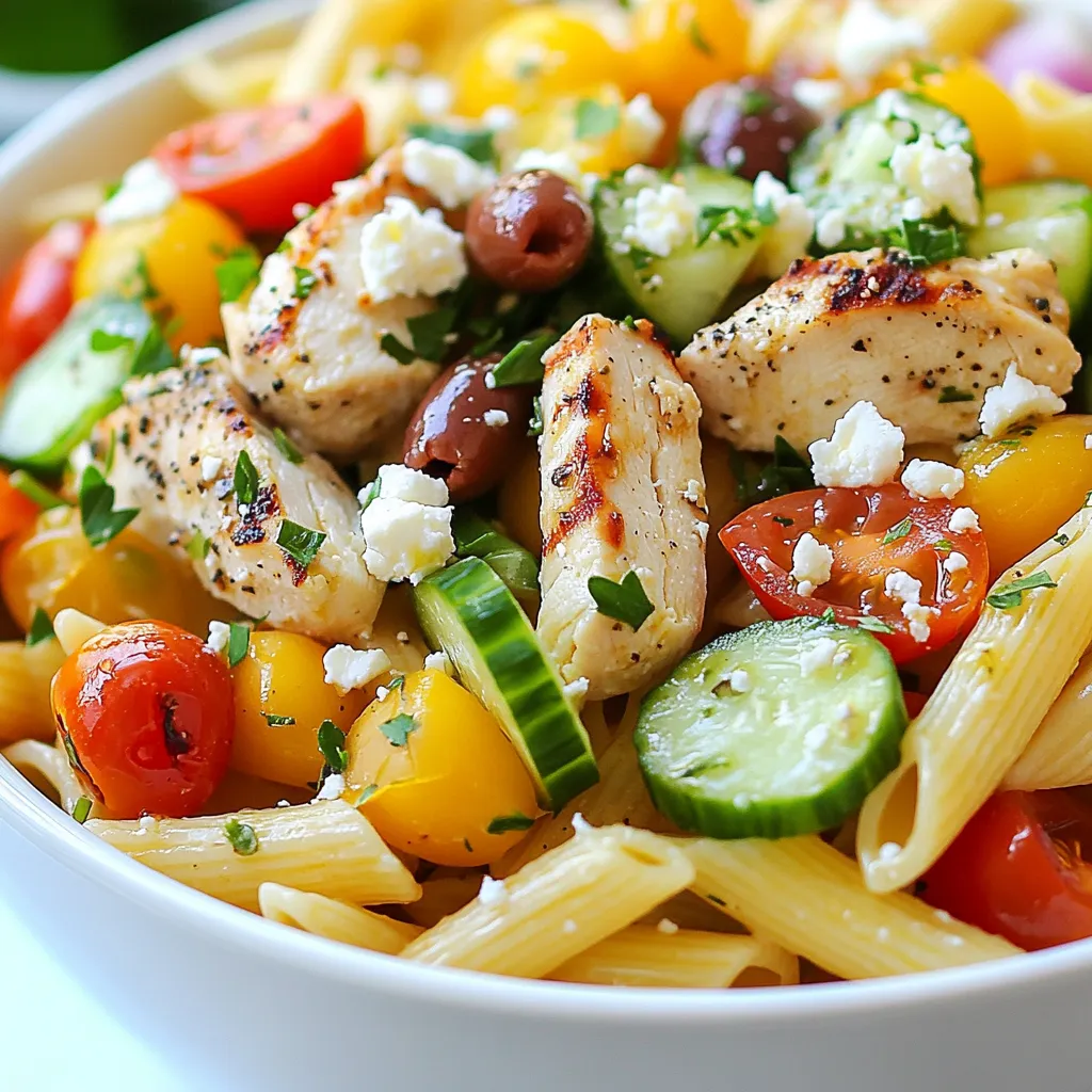 - 2 cups penne pasta - 1 lb boneless, skinless chicken breast, grilled and cubed - 1 cup cherry tomatoes, halved - 1 cup cucumber, diced - 1/2 cup Kalamata olives, pitted and sliced - 1/2 cup feta cheese, crumbled - 1/4 cup red onion, finely chopped - 1/4 cup fresh parsley, chopped - 1/4 cup extra virgin olive oil - 2 tablespoons freshly squeezed lemon juice - 1 teaspoon dried oregano - Salt and black pepper to taste The ingredients for Mediterranean chicken pasta salad make it fresh and tasty. Each component adds a burst of flavor. First, the penne pasta acts as a hearty base. It holds onto the dressing and flavors well. Grilled chicken brings protein and a smoky taste. I use boneless, skinless chicken breasts for a lean option. Next, the vegetables add color and crunch. Cherry tomatoes are sweet, while cucumbers are crisp. Kalamata olives give a salty, briny kick. Feta cheese adds creaminess and tang. Red onions bring sharpness, while parsley adds freshness. Now, let’s talk about the dressing. The extra virgin olive oil forms the base. It adds richness and a fruity note. Fresh lemon juice brightens the salad. Dried oregano gives an earthy flavor. Salt and black pepper enhance all the flavors. This mix of ingredients creates a balance of tastes and textures. Each bite is a delight that takes you to the Mediterranean. {{ingredient_image_2}} - Bring salted water to a rolling boil. - Cook penne pasta according to package instructions until al dente. - Drain pasta and rinse under cold water. Cooking pasta is easy. The boiling water helps the pasta cook evenly. When the pasta is done, rinsing it with cold water stops the cooking. This step keeps your pasta firm. It also keeps it from getting mushy. - Preheat your grill or grilling pan. - Season chicken breasts with salt, pepper, and a splash of olive oil. - Grill the chicken for 6-7 minutes on each side. Cut it into bite-sized cubes. Grilling adds great flavor to chicken. The heat seals in the juices. This makes the chicken tender and tasty. After grilling, let the chicken rest. Then cut it into cubes for easy mixing. - Mix cherry tomatoes, cucumber, Kalamata olives, red onion, and parsley in a bowl. - Whisk together olive oil, lemon juice, oregano, salt, and pepper. - Combine all components in a large bowl. Fresh vegetables give this salad a bright taste. Mixing them well ensures every bite is full of flavor. The dressing adds zest. Whisking it helps blend the flavors together. - Toss all ingredients gently in the large bowl. - Fold in crumbled feta cheese carefully. - Cover and refrigerate for 30 minutes. Tossing gently helps keep your salad looking nice. Folding in feta adds creaminess. Chilling the salad for 30 minutes lets the flavors blend. This makes each bite taste even better. - Alternative pasta types: You can use rotini, farfalle, or whole wheat pasta instead of penne. - Different protein options: Try shrimp, grilled tofu, or chickpeas if you want a change. - Substituting herbs and cheese: Use basil or mint instead of parsley. Swap feta for goat cheese or skip it for a lighter dish. - Adjusting flavors to taste: Start with less salt and pepper. Add more as you mix. - Using fresh versus dried herbs: Fresh herbs give a brighter flavor. Dried herbs work, too; just use less. - Emulsifying dressing for better taste: Whisk oil and lemon juice well. This makes the dressing smooth and tasty. - Serving in a large salad bowl or individual portions: A big bowl looks inviting. Individual bowls make it easy to serve. - Garnishing with parsley and feta: A sprinkle of parsley or feta on top adds color and style. - Recommended side dishes: Serve with crusty bread or a light soup to round out the meal. Pro Tips Cook Pasta Al Dente: Always cook your pasta to al dente for the perfect texture. It should have a slight bite to it, which will prevent it from becoming mushy when mixed with the other ingredients. Marinate Chicken: For extra flavor, consider marinating the chicken in olive oil, lemon juice, and herbs for at least 30 minutes before grilling. This will enhance the taste and juiciness of the chicken. Use Fresh Ingredients: Whenever possible, use fresh ingredients, especially herbs and vegetables. This will elevate the taste of your salad and provide a burst of freshness in every bite. Chill for Flavor: Allowing the salad to chill for at least 30 minutes before serving will help the flavors meld together, resulting in a more delicious dish. It’s worth the wait! {{image_4}} You can change up your Mediterranean chicken pasta salad with fun add-ins. Here are some tasty options to consider: - Artichoke hearts: These add a nice, tender bite and a unique flavor. - Sun-dried tomatoes: They bring a sweet and tangy taste that pairs well with the pasta. - Avocado: This creamy fruit adds richness and helps make the salad extra filling. Adding these ingredients not only enhances the taste but also adds more texture and color to your dish. Feel free to mix and match these add-ins based on your taste and what you have on hand. You can easily adapt the Mediterranean chicken pasta salad to fit different diets. Here are some great options: - Gluten-free options: Use gluten-free penne pasta. This simple swap lets everyone enjoy the salad without worry. - Vegan variations: Skip the chicken and feta cheese. You can add chickpeas for protein instead. Use a plant-based dressing to keep it vegan-friendly. - Low-carb adaptations: Swap the pasta for zucchini noodles or cauliflower rice. This keeps the salad fresh while cutting carbs. These adjustments allow anyone to enjoy this delicious dish, no matter their dietary needs. You can store leftovers of Mediterranean chicken pasta salad in the fridge. It stays fresh for about three days. To keep the salad fresh, store it in an airtight container. This helps prevent drying out and keeps flavors intact. Avoid adding the dressing until you're ready to eat. This keeps the pasta from getting soggy. You can freeze Mediterranean chicken pasta salad, but I don’t recommend it. Freezing can change the texture of the ingredients. If you still want to freeze it, do so without the dressing. Put it in a freezer-safe container. For defrosting, place it in the fridge overnight. This helps keep the salad from becoming mushy. To reheat grilled chicken, use the microwave or a skillet. Heat it gently to avoid drying it out. If using the microwave, cover it to keep moisture in. For the salad, it’s best to serve it cold. If you must reheat it, remove the feta and serve it warm, but it's not the same. Mediterranean Chicken Pasta Salad lasts about 3 to 5 days in the fridge. Store it in an airtight container to keep it fresh. The flavors will deepen as it sits, making it even tastier. Yes, you can make this salad ahead of time. In fact, it’s better if you prepare it a few hours or even a day in advance. This gives the flavors time to mix well. Just cover it tightly and keep it in the fridge. Grilling the chicken adds a nice flavor and texture. However, you can cook it in other ways. You can bake, sauté, or even poach the chicken. Just ensure it is cooked through and tender. If you don't like Kalamata olives, you can use green olives instead. You could also try capers or even sun-dried tomatoes for a different taste. Each option brings its own flavor to the salad. You can serve this salad warm if you prefer. Just mix all the ingredients when the chicken and pasta are still warm. The flavors will still taste great, but the salad is best chilled for a refreshing bite. This blog post covered a tasty Mediterranean Chicken Pasta Salad. We discussed essential ingredients and simple steps to make it. You learned about ingredient swaps and tips to perfect the dressing. Remember, you can change ingredients for your taste or dietary needs. This dish is fresh, filling, and perfect for any meal. You can enjoy it now or store it for later. I hope you try making this salad soon!