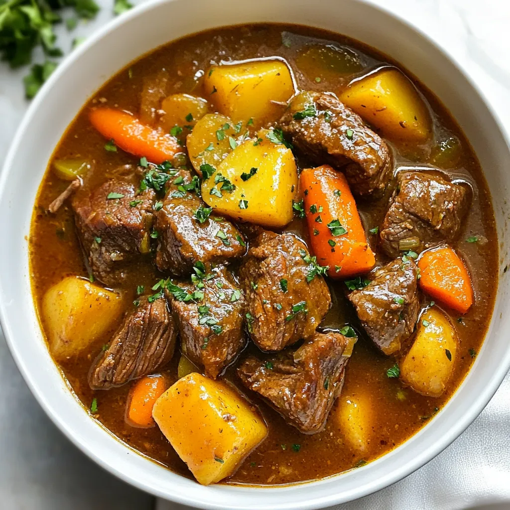 To make my cozy Instant Pot beef stew, I use simple, fresh ingredients. Each component adds its own flavor and texture. Here’s what you’ll need: - Beef and vegetables: - 2 lbs beef chuck, cut into 1-inch cubes - 4 medium carrots, sliced into rounds - 3 medium potatoes, diced into 1-inch pieces - 1 large onion, finely chopped - 3 cloves garlic, minced - 1 cup frozen peas - Broth and seasonings: - 4 cups beef broth - 2 tablespoons tomato paste - 2 teaspoons dried thyme - 1 teaspoon dried rosemary - 1 teaspoon smoked paprika - Salt and freshly ground black pepper, to taste - Optional thickening: - 2 tablespoons cornstarch - 2 tablespoons olive oil The beef chuck gives a rich flavor and tender texture. I love using carrots and potatoes for sweetness and heartiness. The onions and garlic add depth to the dish. Don't forget the herbs and spices; they bring warmth and aroma. If you want a thicker stew, you can use cornstarch. The olive oil helps in browning the beef, which adds a nice crust. Enjoy gathering these ingredients for a warm meal! {{ingredient_image_2}} Start by setting your Instant Pot to the 'Sauté' function. Add 2 tablespoons of olive oil and let it heat until it shimmers. Cut 2 lbs of beef chuck into 1-inch cubes. Add the beef in batches. Avoid crowding the pot. Brown each side for about 4-5 minutes. This step is key. It locks in flavor and gives your stew a rich taste. Once browned, transfer the beef to a plate and set it aside. Without wiping the pot, toss in 1 large chopped onion. Sauté it until it turns translucent, which takes about 3-4 minutes. Next, add 3 minced garlic cloves. Stir frequently for another minute. This helps release the garlic's lovely aroma. The onions and garlic add depth to your stew. Now, return the browned beef to the pot. Toss in 4 sliced carrots and 3 diced potatoes. Add 2 teaspoons of dried thyme, 1 teaspoon of dried rosemary, and 1 teaspoon of smoked paprika. Season with salt and pepper to taste. Mix in 2 tablespoons of tomato paste. Make sure everything is well coated. This blend of flavors creates a solid base for your stew. Carefully pour in 4 cups of beef broth. Use a wooden spoon or spatula to scrape the bottom of the pot. This releases any browned bits that cling to the pot. These bits add extra flavor and help prevent a burn notice during cooking. Secure the Instant Pot lid and set the pressure valve to Sealing. Select 'Manual' or 'Pressure Cook' on high pressure. Set the timer for 35 minutes. This pressure cooking method makes the beef tender and the flavors meld beautifully. When the cooking time is up, let the pressure release naturally for 10 minutes. After that, switch the valve to Venting to release any remaining pressure. Open the lid carefully. Stir in 1 cup of frozen peas for a pop of color and sweetness. If you want a thicker stew, mix 2 tablespoons of cornstarch with a small amount of cold water. Stir this slurry into the stew. Switch the Instant Pot back to 'Sauté' and let it simmer for a few more minutes until it thickens to your liking. To make your beef stew great, start by browning the meat. This step adds rich flavor. Brown the beef in batches, so it sears well. When the beef is nicely browned, set it aside. Next, sauté the onions and garlic. This helps build a strong base for your stew. Use fresh garlic for the best taste. Choose high-quality beef broth for a deep flavor. A good broth makes a big difference. Look for low-sodium options to control salt levels. Always check the label for natural ingredients. When serving your stew, crusty bread is a perfect match. It’s great for dipping and adds a nice crunch. A slice of sourdough or a baguette works well. Garnish your stew with fresh parsley. This adds color and a fresh taste. Just sprinkle some on top before serving. It’s a simple way to brighten up your dish. Setting the table can make your meal feel special. Use warm colors and nice dishes. Add cloth napkins for a cozy touch. Soft lighting helps create a warm vibe. To enhance the dining experience, play soft music. This sets a calm mood. Enjoying your meal with loved ones makes it even better. A warm drink, like tea or mulled cider, can add to the comfort. Pro Tips Brown the Beef Well: Ensure that you brown the beef cubes in batches to achieve a nice crust, which adds depth of flavor to the stew. Use Fresh Herbs: For an extra layer of flavor, consider using fresh thyme and rosemary instead of dried, as they can enhance the aroma and taste of the stew. Don’t Skip the Scraping: After adding the broth, make sure to scrape the bottom of the pot to release any browned bits, which are packed with flavor and prevent burning. Adjust Thickness to Taste: If you prefer a thicker stew, use the cornstarch slurry method, but remember to let it simmer for a few minutes for the best results. {{image_4}} You can change up the beef in your stew. Try using brisket or round. These cuts work well and can add different flavors. For veggies, you can use sweet potatoes, parsnips, or even squash. Seasonal vegetables add freshness and color to your dish. If you need a gluten-free option, check your beef broth. Some broth has gluten, so read the label. You can also use coconut flour or almond flour to thicken the stew instead of cornstarch. This keeps it low-carb and still tasty. To boost flavor, consider adding a splash of red wine. It gives depth and richness to the stew. You can also try different herbs like oregano or bay leaves for a nice twist. If you like heat, add chili powder or a dash of hot sauce. This will make your stew warm and exciting! To store your beef stew, allow it to cool first. Place the stew in airtight containers. This keeps the stew fresh and safe. In the fridge, beef stew lasts about 3 to 4 days. Make sure to label the container with the date. This way, you know when to eat it. Freezing beef stew is a smart way to save it for later. First, allow the stew to cool completely. Then, pour it into freezer-safe containers or bags. Remove as much air as possible to prevent freezer burn. Beef stew can last up to 3 months in the freezer. When you are ready to eat, thaw the stew in the fridge overnight. For reheating, use the stove or microwave. Stir well to keep the texture smooth and flavors rich. Preparing beef stew in advance is great for busy days. You can make a big batch and portion it out. Store each portion in individual containers. This makes it easy to grab a meal when you are in a rush. You can also pair the stew with side dishes like bread or salad. This way, you have a full meal ready to enjoy. Yes, you can. To cook on the stovetop, first brown the beef in a large pot. Use medium heat and add olive oil. After browning, remove the beef and sauté the onions and garlic. Add the rest of the ingredients, including the broth. Bring the stew to a boil, then reduce to a simmer. Cover and let it cook for about 1.5 to 2 hours. Stir occasionally. This method gives you a nice, rich flavor as well. You can thicken beef stew without cornstarch. One method is to mash some of the potatoes against the pot's side. This releases starch and thickens the stew naturally. Another option is to simmer the stew uncovered for a while to reduce the liquid. You can also add pureed vegetables, like carrots or beans, for extra body. Beef stew pairs well with many sides. Here are some great options: - Crusty bread for dipping - Mashed potatoes for added creaminess - Rice or noodles for a hearty meal - A fresh green salad to balance the dish Beef stew lasts about 3 to 4 days in the fridge. Store it in airtight containers. Signs of spoilage include off smells, changes in color, or mold. If you notice any, it's best to discard the stew. You can use frozen beef, but adjust the cooking time. When using frozen beef, add a few extra minutes to the pressure cooking time. Always make sure to brown the beef first, even if it's frozen. This adds flavor and depth to your stew. To sum it up, we explored how to make a delicious beef stew. We covered key ingredients, step-by-step cooking instructions, and tips to enhance flavor. You learned about ingredient swaps, dietary options, and storage advice to keep your stew fresh. Remember, cooking is about enjoyment and creativity. Use this guide to make your stew your own. Happy cooking!
