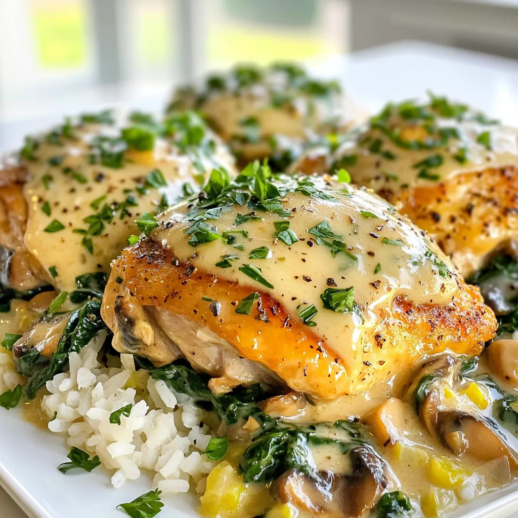- 4 boneless, skinless chicken thighs - 1 cup jasmine rice - 2 cups chicken broth - 1 cup heavy cream - 1 medium onion, diced - 3 cloves garlic, minced - 1 tablespoon olive oil - 1 teaspoon dried thyme - 1 teaspoon paprika - 1 cup mushrooms, sliced - 1 cup fresh spinach - Salt and pepper to taste For the best taste, I use salt and pepper to bring out the chicken's flavor. Dried thyme adds a warm, earthy note. Paprika gives a hint of smokiness and color. These simple spices elevate the dish without overwhelming it. Fresh parsley is a great choice for garnish. It adds color and a fresh taste. You can also use lemon zest for a bright kick. These garnishes make the dish look pretty and add extra flavor. {{ingredient_image_2}} Start by seasoning your chicken thighs. Use salt, pepper, thyme, and paprika. Rub the spices on all sides. This step boosts the flavor. Make sure every piece is coated well. Heat olive oil in a large skillet. Set the heat to medium. When the oil shimmers, add the chicken thighs. Sear them for 5-6 minutes on each side. You want a rich, golden-brown color. Once done, take the chicken out and set it aside. In the same skillet, lower the heat. Add the diced onion and minced garlic. Stir often for 2-3 minutes. The onions should turn translucent. Next, add sliced mushrooms. Cook for about 5 more minutes. They should soften and release their juices. Pour in chicken broth while stirring. Then, add heavy cream and mix well. Increase the heat a bit until it simmers. Let it cook for 3-4 minutes. The sauce will thicken slightly, which is perfect. Now, add jasmine rice to the skillet. Nestle the seared chicken thighs back into the sauce. Spread the rice around the chicken evenly. Cover the skillet with a lid. Reduce the heat to low. Let it simmer for 20-25 minutes. The rice should be tender and soak up most of the liquid. During the last 5 minutes, stir in fresh spinach. Mix gently until it wilts. The color will turn bright green. Taste the dish and adjust the salt and pepper if needed. Finally, remove the skillet from heat. Serve the creamy chicken and rice on plates. Garnish with chopped fresh parsley for a nice touch. To ensure your chicken is tender and juicy, start with chicken thighs. They have more fat than chicken breasts, which helps keep them moist. Season the chicken well with salt and pepper before cooking. This simple step boosts flavor. When you sear the chicken, let it cook without moving it for several minutes. This helps form a nice crust. For the creamiest sauce, use heavy cream. It thickens well and adds richness. When you add the cream, stir it into the broth slowly. This helps it mix in smoothly. Allow the sauce to simmer gently. A quick simmer helps the flavors develop without burning the cream. Taste it before serving and adjust with a bit of salt and pepper. If you want to use a different type of rice, note that cooking times will change. Jasmine rice cooks fairly quickly. If you use brown rice, add extra liquid and extend the cooking time. Brown rice needs about 10-15 more minutes. Always check the rice for doneness. It should be tender and fluffy when ready. Pro Tips Use Bone-In Chicken: For added flavor, consider using bone-in chicken thighs. The bones contribute to a richer taste in the sauce. Flavorful Rice: To infuse more flavor into the rice, consider toasting it in the skillet for a few minutes before adding the broth. Adjust Creaminess: Feel free to adjust the amount of heavy cream to your liking. For a lighter version, substitute with half-and-half. Fresh Herbs: Add herbs like thyme or rosemary at the end of cooking for a fresh flavor boost that brightens up the dish. {{image_4}} You can switch out chicken for turkey or tofu. Turkey gives a similar taste and stays juicy. Tofu is a great choice for a plant-based meal. Make sure to season it well. I recommend using firm tofu for the best texture. Cut it into cubes and sauté until golden. Adding seasonal vegetables can boost the dish's flavor and nutrition. In spring, try fresh asparagus or peas. In summer, bell peppers and zucchini are fantastic. In fall, consider adding carrots or butternut squash. In winter, kale or Brussels sprouts work well. Just sauté the veggies with onions and garlic for extra taste. You can easily change the spices and herbs to match your taste. Add a pinch of cayenne for heat. For a fresh twist, try adding basil or oregano. You can also experiment with cumin for a warm note. These small changes can make your dish unique and exciting! To keep your creamy smothered chicken and rice fresh, store it in an airtight container. Let it cool down before sealing it. This way, it won't trap moisture and make the dish soggy. You can keep the leftovers in the fridge for 3 to 4 days. When you're ready to enjoy your leftovers, reheat them gently. Use a microwave-safe dish and cover it with a lid or microwave-safe wrap. Heat in short bursts of 1 to 2 minutes. Stir in between to ensure even heating. You can also reheat it on the stove. Just add a splash of chicken broth or water. This helps keep the rice creamy and moist. If you want to save your creamy chicken and rice for later, freezing is a great option. Place it in a freezer-safe container, leaving some space at the top for expansion. It can stay fresh in the freezer for up to 3 months. When you're ready to eat, thaw it overnight in the fridge before reheating. Yes, you can use brown rice. Brown rice adds a nice nutty taste. However, it takes longer to cook. Adjust your broth and cooking time. Brown rice needs about 40-45 minutes to become tender. Make sure to check for doneness before serving. This dish is a meal on its own. You can serve it with a light salad or steamed veggies. A simple green salad adds freshness. You could also pair it with crusty bread. This helps soak up the creamy sauce. To make it dairy-free, swap heavy cream for coconut milk or a nut-based cream. Both options keep the dish rich and creamy. Make sure to check for any added sugar in coconut milk. It’s a great way to keep the flavor while avoiding dairy. Yes, you can make this dish in a slow cooker. First, sear the chicken as usual. Then, add all the ingredients to the slow cooker. Cook on low for 4-6 hours or high for 2-3 hours. The chicken will be tender and the rice flavorful. This blog post covered many key topics for making a creamy smothered chicken dish. We went over the ingredients needed, from main items to tasty seasonings. I shared step-by-step instructions to guide you through cooking. You learned tips for perfect chicken and sauce. We also explored variations, storage methods, and answered common questions. In summary, you now have the tools to create a delicious meal. Enjoy making this dish your own!