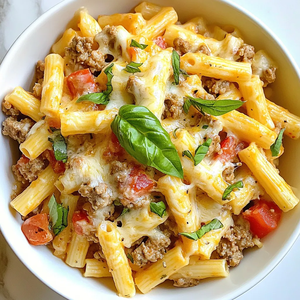 - 1 pound ground turkey - 12 ounces pasta (fusilli or penne) - 1 tablespoon olive oil - 1 small onion, finely chopped - 3 cloves garlic, minced The main ingredients create a solid base for this dish. Ground turkey is lean and tasty. It cooks well and soaks up flavors. Pasta adds heartiness and pairs nicely with the sauce. Olive oil helps sauté the onion and garlic, adding richness. The finely chopped onion and minced garlic bring depth to the meal. - 1 can (14.5 ounces) diced tomatoes, drained - 1 cup chicken broth - 1 teaspoon Italian seasoning - ½ teaspoon red pepper flakes (optional for spice) - 2 cups shredded mozzarella cheese - ½ cup grated Parmesan cheese - Salt and pepper to taste - Fresh basil leaves for garnish The additional ingredients enhance the dish. Diced tomatoes add sweetness and acidity. Chicken broth boosts the flavor of the sauce. Italian seasoning gives a classic taste. Red pepper flakes add heat if you like spice. The cheese creates a creamy texture and rich flavor. Salt and pepper balance everything out. Fresh basil adds a bright touch to the finished dish. {{ingredient_image_2}} To start, boil a large pot of salted water. This adds flavor to the pasta. Once the water boils, add 12 ounces of pasta. I like fusilli or penne for this dish. Cook the pasta according to the package instructions until it is al dente. This means it should be firm to the bite. After cooking, drain the pasta in a colander and set it aside. Next, grab a large skillet. Heat 1 tablespoon of olive oil over medium heat. When the oil is hot, add 1 small chopped onion. Also, add 3 cloves of minced garlic. Cook for about 3-5 minutes. You want the onion to become soft and translucent. The smell of the onion and garlic will fill your kitchen with flavor. Now, add 1 pound of ground turkey to the skillet. Use a spatula to break it apart as it cooks. Season the turkey with salt, pepper, and 1 teaspoon of Italian seasoning. If you like spice, add ½ teaspoon of red pepper flakes. Cook for around 7-10 minutes, stirring often. The turkey should be browned and fully cooked. Once the turkey is ready, stir in 1 can of drained diced tomatoes. Then add 1 cup of chicken broth to the skillet. Bring this mixture to a simmer. Let it cook for another 5 minutes. This allows the flavors to come together. After that, reduce the heat to low. Add the cooked pasta to the skillet. Stir well to mix everything evenly. Now for the best part: cheese! Sprinkle 2 cups of shredded mozzarella and ½ cup of grated Parmesan cheese over the pasta. Stir gently for about 2-3 minutes. This helps the cheese melt into the delicious pasta mix. Taste the dish and adjust seasoning if needed. Enjoy the warm, cheesy goodness! - Ensuring ground turkey is fully cooked: Use a meat thermometer. Make sure the turkey reaches 165°F. This step keeps your meal safe and tasty. - Tips for perfect pasta texture: Always boil salted water before adding pasta. Cook until al dente. This keeps the pasta firm and chewy, not mushy. Drain it right away to stop cooking. - Serving suggestions and garnishing: Use deep bowls for serving. This will help hold the sauce and pasta well. Garnish with fresh basil leaves. An extra sprinkle of grated Parmesan adds a nice touch. - Maintaining flavor balance: Taste your dish before serving. Adjust salt and pepper to your liking. A balance of flavors ensures each bite is satisfying and delicious. Pro Tips Use Lean Turkey: Choose lean ground turkey to keep the dish healthier and to avoid excess grease. This will also allow the flavors of the other ingredients to shine through. Customize Cheese: Experiment with different types of cheese like cheddar or gouda for a unique flavor twist. Mixing cheeses can also enhance the creaminess of the dish. Add Vegetables: Boost the nutrition by incorporating vegetables such as spinach, bell peppers, or zucchini. Sauté them along with the onions for added texture and flavor. Make it Ahead: This dish can be made ahead of time and stored in the refrigerator for up to 3 days. Reheat it on the stove with a splash of broth to keep it moist. {{image_4}} You can change the protein in this recipe. Ground turkey is great, but chicken or beef works too. For a veggie option, try lentils or chickpeas. Each choice adds its own flavor and texture. Cheese is another spot to mix it up. While mozzarella is creamy and melts well, you could use cheddar or gouda for a different taste. Mixing cheeses can elevate the dish even more. Adding vegetables brings color and nutrients. Spinach, bell peppers, or zucchini pair well with the pasta. Just sauté them with the onion and garlic. This step makes the dish more hearty and fun. You can also adjust the spice levels. If you like heat, add more red pepper flakes. For a milder taste, skip them or use a pinch. Taste as you go, so it fits your preference. You can store leftover cheesy ground turkey pasta in the fridge. Place it in an airtight container. This helps keep the flavors fresh. Make sure it cools down before sealing the lid. Use leftovers within three to four days. If you want to enjoy it later, consider freezing it. To freeze cheesy ground turkey pasta, let it cool completely. Then, divide it into portions. Use freezer-safe bags or containers. Press out extra air to avoid freezer burn. Label each bag with the date. It can stay fresh for about two to three months. When you’re ready to eat, thaw it in the fridge overnight. Reheat in a skillet over medium heat. Add a splash of chicken broth to keep it moist. Stir until it's hot all the way through. Enjoy your meal! Yes, you can swap pasta types easily. Whole grain pasta adds fiber and a nutty taste. Gluten-free pasta works great for those with gluten issues. When using these, follow the package instructions for cooking times. Just check the texture. You want it al dente, just like regular pasta. To add some heat, use red pepper flakes. Add half a teaspoon for a mild kick. Want more? Increase it to a full teaspoon. You can also add hot sauce or diced jalapeños. Mix them in when you cook the turkey. This way, the flavors blend well. This dish pairs well with a simple side salad. A fresh green salad with vinaigrette can brighten the meal. Garlic bread also makes a nice addition. It helps soak up the cheesy sauce. For a veggie boost, steamed broccoli or sautéed spinach work well too. You learned how to make delicious cheesy ground turkey pasta using easy steps. First, cook the pasta and sauté the onion and garlic. Then, brown the turkey and mix in fresh ingredients. Feel free to try ingredient swaps for variety. Storage tips will keep your leftovers tasty. Remember, cooking is about fun and creativity. Enjoy sharing this meal with family or friends. Your kitchen adventures can lead to great meals that everyone loves.