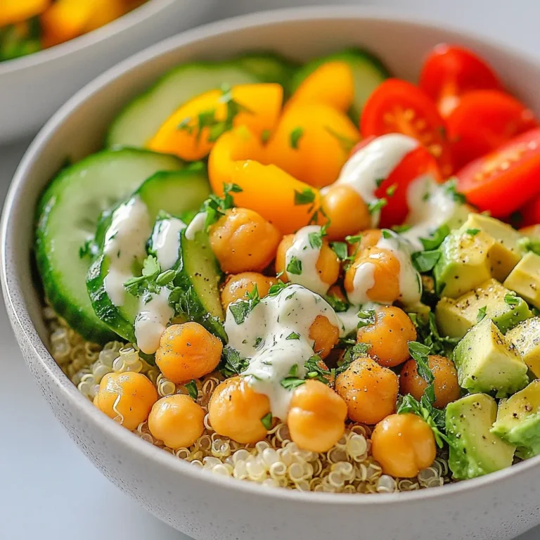 - 1 cup cooked quinoa - 1 can (15 oz) chickpeas, drained and rinsed - 1 cup edamame, shelled - 1 bell pepper, diced - 1 cup cherry tomatoes, halved - 1 ripe avocado, diced - ½ cup cucumber, chopped into bite-sized pieces - ½ cup Greek yogurt - 2 tablespoons tahini - 1 tablespoon fresh lemon juice - 1 teaspoon garlic powder - Salt and pepper to taste These ingredients make a colorful and filling lunch bowl. Each item packs a punch of flavor and nutrition. Quinoa serves as a great base. It gives you a good dose of protein and fiber. Chickpeas and edamame add even more protein. This means you stay full longer. Fresh vegetables bring in great taste and crunch. Bright bell peppers and juicy cherry tomatoes give you vitamins. Avocado adds healthy fats. Cucumber keeps things refreshing. For the dressing, Greek yogurt and tahini create a creamy texture. Fresh lemon juice brightens the taste. Garlic powder and seasoning add depth. You can easily adjust the flavors to fit your palate. This bowl is not just food; it’s a colorful work of art. You can mix and match ingredients as you like. Enjoy the process of creating your meal! {{ingredient_image_2}} Start by layering cooked quinoa in a large bowl. Quinoa is a superfood and a great protein source. It contains all nine essential amino acids. This makes it perfect for a vegetarian meal. Its fluffy texture provides a nice base for your lunch bowl. Next, distribute chickpeas and edamame evenly over the quinoa. Chickpeas pack protein and fiber, while edamame adds a unique crunch. Both are legumes, and they help you feel full longer. This combination boosts the protein content of your meal. Now, it’s time to add color. Arrange diced bell pepper, halved cherry tomatoes, diced avocado, and chopped cucumber on top. Aim for a rainbow of colors. This not only looks great but also increases nutrient diversity. Each color offers different vitamins and minerals. In a small bowl, mix Greek yogurt, tahini, fresh lemon juice, garlic powder, salt, and pepper. Whisk until smooth and creamy. You can adjust flavors to fit your taste. If you like it tangier, add more lemon juice. For a richer flavor, increase the tahini. Drizzle the creamy dressing over each bowl. This adds flavor and moisture to your meal. If you are prepping for later, pack the bowls in airtight containers. This keeps them fresh for easy lunches on-the-go. Enjoy your healthy, protein-packed lunch! To make your lunch bowls easy, prep ahead. Cook a big batch of quinoa. You can also rinse and drain chickpeas and edamame in advance. Store these proteins in separate containers. This keeps them fresh. Chop your veggies too. Keep them in the fridge for easy access. Want to switch things up? Try different herbs like basil or dill. They add fresh notes to your dish. You can spice up your dressing, too. Add a pinch of cayenne for heat or some paprika for smokiness. This little kick makes each bite exciting. Pair your lunch bowls with a side of whole grain bread. It adds more fiber to your meal. You can also enjoy some fresh fruit for dessert. When serving, use a small bowl to control portions. This helps you balance your nutrition and feel full. Pro Tips Use Fresh Ingredients: Whenever possible, opt for fresh vegetables and herbs to enhance the flavor and nutritional value of your lunch bowls. Fresh produce not only tastes better but also provides more vitamins and minerals. Customize Your Proteins: Feel free to swap out chickpeas and edamame for other protein sources like black beans, lentils, or grilled chicken for a different flavor profile and texture. Prep in Advance: To save time during the week, prepare the quinoa, chickpeas, and veggies in advance. Store them separately in airtight containers to maintain freshness until you're ready to assemble your bowls. Add Crunch: For an extra layer of texture, consider adding toppings like toasted nuts, seeds, or crispy chickpeas to your bowls just before serving. {{image_4}} You can swap chickpeas for other beans like black beans or kidney beans. This change adds new tastes and nutrients. Each bean has unique flavors and textures. You can also incorporate tofu or tempeh for more protein. Tofu is soft and absorbs flavors well. Tempeh has a nutty taste and adds crunch to your bowl. Using local produce makes your meal fresh and tasty. Seasonal veggies also often cost less. Try adding zucchini or sweet potatoes in the summer. In winter, use root vegetables like carrots or beets. Creative combinations keep your lunch bowl exciting. Mix and match colors and flavors for a fun meal. You can explore different dressings, like vinaigrettes made from olive oil and vinegar. These add bright flavors to your bowl. If you have dietary needs, customize your dressing. Use dairy-free yogurt or tahini for a creamy base. Adjust flavors by adding herbs or spices. This way, you can make your bowl just right for you. Use airtight containers for meal prep. Glass or BPA-free plastic works best. These containers keep your lunch bowls fresh and tasty. In the fridge, they can last up to four days. Make sure to let them cool before sealing to avoid moisture buildup. Yes, you can freeze these lunch bowls! They freeze well, but avoid adding the dressing before freezing. When you're ready to eat, thaw overnight in the fridge. Reheat in the microwave until warm. Stir well to combine the flavors again. To keep vegetables fresh, store them separately from the grains. Use paper towels to absorb extra moisture in your veggie storage. Rotate your ingredients often to use older items first. This helps prevent waste and maintains quality. You can boost protein in your lunch bowls by adding these ingredients: - Tofu or tempeh for a hearty plant-based option - Nuts like almonds or walnuts for crunch and flavor - Seeds such as pumpkin or sunflower for extra texture - More edamame or chickpeas for added legumes These options allow you to enjoy a protein-packed meal while keeping it tasty. Yes, you can make this dish gluten-free! Here are some easy swaps: - Use gluten-free grains like brown rice or quinoa instead of wheat. - Check labels on tahini and yogurt to ensure they are gluten-free. - Add gluten-free dressings or sauces to enhance flavors. These changes let you enjoy a delicious meal without gluten. This recipe is rich in protein, vitamins, and minerals. Here’s a quick breakdown: - Quinoa offers complete protein and fiber. - Chickpeas and edamame add more protein and iron. - Avocado provides healthy fats and potassium. - Fresh veggies like bell pepper and cucumber give vitamins and hydration. You’ll fuel your body and satisfy your taste buds with this mix. These side dishes complement your lunch bowls nicely: - A simple green salad with a light vinaigrette - Whole grain bread or pita for a filling addition - Fresh fruit like apples or berries for a sweet touch - A small serving of hummus or guacamole for dipping These options enhance flavor and keep your meal balanced. To store leftovers properly, follow these guidelines: - Use airtight containers to keep food fresh. - Refrigerate within two hours to prevent spoilage. - Consume within three to five days for best taste. - For longer storage, consider freezing individual portions. These steps ensure your meal stays delicious and safe to eat. This blog post covers how to create tasty vegetarian lunch bowls. We explored ingredients like quinoa, chickpeas, and fresh veggies. I shared steps for preparing the base, adding protein, and arranging colorful vegetables. We also discussed making dressings and tips for meal prep. In closing, these bowls are versatile and nutritious. They fit many tastes and diets. Enjoy experimenting with flavors and textures! Keep your meals fresh and feel great knowing you're eating well.