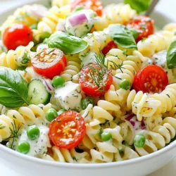 - 8 oz fusilli pasta - 1 cup cherry tomatoes, halved - 1 cup cucumber, diced - 1/2 cup red bell pepper, diced - 1/4 cup red onion, finely chopped - 1 cup frozen peas, thawed - 1/2 cup cream cheese, softened - 1/2 cup Greek yogurt - 2 tablespoons fresh lemon juice - 1 tablespoon extra-virgin olive oil - 1 teaspoon dried dill - Salt and pepper to taste - Fresh basil leaves (optional) When I make this creamy summer pasta salad, I find joy in its simple ingredients. Each part plays a role in the dish's vibrant flavors and textures. First, I choose fusilli pasta for its fun shape. It holds the dressing well and adds a nice bite. I like to use cherry tomatoes for their sweetness; halving them makes them easy to eat. The cucumber adds a cool crunch, while the red bell pepper brings a pop of color and sweetness. Next, I finely chop the red onion for a mild bite, and the frozen peas add a bright green color. I love using thawed peas because they are sweet and easy to mix in. For the dressing, I combine cream cheese and Greek yogurt for creaminess. The lemon juice gives a fresh zing, while olive oil adds richness. I mix in dried dill for an herbaceous touch, seasoning with salt and pepper to taste. Finally, I might add fresh basil leaves as a garnish. They add a lovely aroma and a fresh finish to the salad. Each ingredient works together, making this dish refreshing and delightful. {{ingredient_image_2}} To start, bring a large pot of salted water to a rolling boil. Add 8 oz of fusilli pasta. Cook it according to the package, usually 8 to 10 minutes, until it is al dente. Once done, drain the pasta in a colander. Rinse it under cold water. This stops the cooking and cools the pasta down. While the pasta cools, wash the vegetables well. You will need 1 cup of cherry tomatoes, 1 cup of diced cucumber, 1/2 cup of diced red bell pepper, and 1/4 cup of finely chopped red onion. Also, use 1 cup of thawed frozen peas. Chop all the veggies into small pieces. Place them into a spacious mixing bowl. Gently mix them together. In a separate bowl, combine 1/2 cup of softened cream cheese and 1/2 cup of Greek yogurt. Add 2 tablespoons of fresh lemon juice and 1 tablespoon of extra-virgin olive oil. Then, season with 1 teaspoon of dried dill, salt, and pepper. Use a whisk or fork to mix it well until smooth and creamy. Once the pasta is cool, add it to the bowl with the vegetables. Drizzle the creamy dressing over the pasta and veggies. Gently fold everything together using a spatula or wooden spoon. Make sure all the ingredients get coated evenly. Cover the bowl tightly with plastic wrap or a lid. Refrigerate for at least 30 minutes. This time allows the flavors to meld beautifully. When ready to serve, dish out portions into bowls. You can garnish with fresh basil leaves for a nice touch. To make a great pasta salad, cook the pasta al dente. This means it should be firm but not hard. Follow the package time closely. Once done, drain it and rinse under cold water. This stops the cooking and cools the pasta quickly. Even dressing distribution is key. When you prepare the dressing, mix it well to combine all flavors. After adding the dressing to the pasta and veggies, fold gently. This way, every bite has creamy goodness. A good chilling time is at least 30 minutes. This helps the flavors blend well. If you make it hours or a day before, it&rsquo;ll taste even better. Store it in the fridge, covered tightly. For gatherings, prepare the salad in advance. Just add fresh herbs right before serving for a pop of color and taste. For an attractive presentation, use a clear serving bowl. This shows off the bright colors of the pasta and veggies. You can also sprinkle extra dill or a squeeze of lemon juice on top before serving. Pair this salad with grilled chicken, shrimp, or crusty bread. Each of these adds a tasty touch to your meal. Enjoy! Pro Tips Tip Title 1: To enhance the flavor of your pasta salad, consider adding a pinch of red pepper flakes for a subtle kick. Tip Title 2: For added texture, you can include some toasted nuts or seeds, such as sunflower seeds or pine nuts. Tip Title 3: Feel free to swap out the vegetables based on what&rsquo;s in season or what you have on hand for a personalized touch. Tip Title 4: For a lighter dressing, you can replace some of the cream cheese with additional Greek yogurt, making it even healthier. {{image_4}} You can make this pasta salad heartier by adding protein. Here are some great options: - Grilled Chicken: Chop grilled chicken breasts and mix them in. They add a nice flavor. - Shrimp: Cook shrimp until pink and toss them in. They bring a lovely touch. - Tofu: For a plant-based choice, use firm tofu. Marinate and saut&eacute; it for more flavor. Adding protein makes the dish more filling and fun to eat. Using fresh summer veggies can change this salad&rsquo;s taste. Here are some swaps: - Zucchini: Slice or dice zucchini for a crunchy bite. It blends well with the other veggies. - Corn: Sweet corn adds a burst of flavor. Use fresh or frozen kernels for ease. - Mixed Herbs: Try basil, parsley, or mint for a twist. They brighten the salad and add freshness. These swaps keep the dish exciting and in tune with the season. Sometimes you may want to try different dressings. Here are a few ideas: - Creamy Alternatives: Swap cream cheese with avocado for a creamy texture. It&rsquo;s rich and healthy. - Vinaigrettes: A simple vinaigrette can lighten the dish. Use olive oil, vinegar, and herbs for a fresh taste. - Yogurt-Based Dressings: Combine Greek yogurt with spices. It gives a tangy taste and is lower in fat. These options help you customize the salad to your liking while keeping it delicious. To store leftovers safely, first let your pasta salad cool to room temperature. Then, transfer it to an airtight container. This keeps your salad fresh and tasty. Glass or BPA-free plastic containers work well for storage. Make sure the lid seals tightly to prevent air from entering. In the fridge, creamy summer pasta salad lasts about 3 to 5 days. After that, the flavors may fade, and the texture can change. Watch for signs that the salad has gone bad. If you see any mold or an off smell, it&rsquo;s best to throw it away. You can freeze pasta salad, but it may change in texture. To freeze it, scoop the salad into a freezer-safe container. Leave some space at the top for expansion. To thaw, move it to the fridge overnight. Stir well before serving, as some ingredients may separate. Yes, you can use whole wheat pasta in this recipe. Whole wheat pasta adds a nutty flavor and a chewier texture. It is also a healthier option, as it has more fiber than regular pasta. Just keep in mind that it may absorb more sauce, so you might need to adjust the dressing or add a bit more Greek yogurt. This salad is not gluten-free with regular pasta. To make it gluten-free, use gluten-free pasta. There are many options available, like rice or corn-based pasta. Just cook it according to the package instructions and follow the same steps for the salad. Yes, you can omit the cream cheese if you want. For a dairy-free version, use vegan cream cheese or extra Greek yogurt. This will keep the salad creamy while meeting dietary needs. You can also try using avocado for a rich texture without dairy. To add spice, consider including diced jalape&ntilde;os or a few dashes of hot sauce. You can also add a spicy dressing or some crushed red pepper flakes to the creamy mixture. Start with a small amount, and taste as you go to find your preferred level of heat. You can serve this pasta salad warm! Simply cook the pasta as usual and mix it with the veggies and dressing while it's still warm. This will give the salad a different feel and bring out the flavors. Just remember to adjust the chilling time, as it won't need long in the fridge before serving. This pasta salad is bright and fresh. You learned how to make it with simple ingredients. Cooking al dente pasta keeps it firm. Chilling improves the taste, so make it ahead. You can swap in seasonal veggies or proteins for variety. Remember to store leftovers safely. Enjoy this dish with friends or family. It&rsquo;s easy to make and full of flavor. Happy cooking!