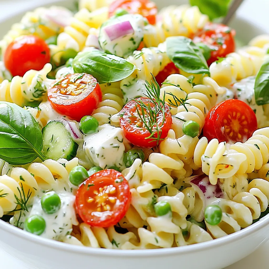 - 8 oz fusilli pasta - 1 cup cherry tomatoes, halved - 1 cup cucumber, diced - 1/2 cup red bell pepper, diced - 1/4 cup red onion, finely chopped - 1 cup frozen peas, thawed - 1/2 cup cream cheese, softened - 1/2 cup Greek yogurt - 2 tablespoons fresh lemon juice - 1 tablespoon extra-virgin olive oil - 1 teaspoon dried dill - Salt and pepper to taste - Fresh basil leaves (optional) When I make this creamy summer pasta salad, I find joy in its simple ingredients. Each part plays a role in the dish's vibrant flavors and textures. First, I choose fusilli pasta for its fun shape. It holds the dressing well and adds a nice bite. I like to use cherry tomatoes for their sweetness; halving them makes them easy to eat. The cucumber adds a cool crunch, while the red bell pepper brings a pop of color and sweetness. Next, I finely chop the red onion for a mild bite, and the frozen peas add a bright green color. I love using thawed peas because they are sweet and easy to mix in. For the dressing, I combine cream cheese and Greek yogurt for creaminess. The lemon juice gives a fresh zing, while olive oil adds richness. I mix in dried dill for an herbaceous touch, seasoning with salt and pepper to taste. Finally, I might add fresh basil leaves as a garnish. They add a lovely aroma and a fresh finish to the salad. Each ingredient works together, making this dish refreshing and delightful. {{ingredient_image_2}} To start, bring a large pot of salted water to a rolling boil. Add 8 oz of fusilli pasta. Cook it according to the package, usually 8 to 10 minutes, until it is al dente. Once done, drain the pasta in a colander. Rinse it under cold water. This stops the cooking and cools the pasta down. While the pasta cools, wash the vegetables well. You will need 1 cup of cherry tomatoes, 1 cup of diced cucumber, 1/2 cup of diced red bell pepper, and 1/4 cup of finely chopped red onion. Also, use 1 cup of thawed frozen peas. Chop all the veggies into small pieces. Place them into a spacious mixing bowl. Gently mix them together. In a separate bowl, combine 1/2 cup of softened cream cheese and 1/2 cup of Greek yogurt. Add 2 tablespoons of fresh lemon juice and 1 tablespoon of extra-virgin olive oil. Then, season with 1 teaspoon of dried dill, salt, and pepper. Use a whisk or fork to mix it well until smooth and creamy. Once the pasta is cool, add it to the bowl with the vegetables. Drizzle the creamy dressing over the pasta and veggies. Gently fold everything together using a spatula or wooden spoon. Make sure all the ingredients get coated evenly. Cover the bowl tightly with plastic wrap or a lid. Refrigerate for at least 30 minutes. This time allows the flavors to meld beautifully. When ready to serve, dish out portions into bowls. You can garnish with fresh basil leaves for a nice touch. To make a great pasta salad, cook the pasta al dente. This means it should be firm but not hard. Follow the package time closely. Once done, drain it and rinse under cold water. This stops the cooking and cools the pasta quickly. Even dressing distribution is key. When you prepare the dressing, mix it well to combine all flavors. After adding the dressing to the pasta and veggies, fold gently. This way, every bite has creamy goodness. A good chilling time is at least 30 minutes. This helps the flavors blend well. If you make it hours or a day before, it’ll taste even better. Store it in the fridge, covered tightly. For gatherings, prepare the salad in advance. Just add fresh herbs right before serving for a pop of color and taste. For an attractive presentation, use a clear serving bowl. This shows off the bright colors of the pasta and veggies. You can also sprinkle extra dill or a squeeze of lemon juice on top before serving. Pair this salad with grilled chicken, shrimp, or crusty bread. Each of these adds a tasty touch to your meal. Enjoy! Pro Tips Tip Title 1: To enhance the flavor of your pasta salad, consider adding a pinch of red pepper flakes for a subtle kick. Tip Title 2: For added texture, you can include some toasted nuts or seeds, such as sunflower seeds or pine nuts. Tip Title 3: Feel free to swap out the vegetables based on what’s in season or what you have on hand for a personalized touch. Tip Title 4: For a lighter dressing, you can replace some of the cream cheese with additional Greek yogurt, making it even healthier. {{image_4}} You can make this pasta salad heartier by adding protein. Here are some great options: - Grilled Chicken: Chop grilled chicken breasts and mix them in. They add a nice flavor. - Shrimp: Cook shrimp until pink and toss them in. They bring a lovely touch. - Tofu: For a plant-based choice, use firm tofu. Marinate and sauté it for more flavor. Adding protein makes the dish more filling and fun to eat. Using fresh summer veggies can change this salad’s taste. Here are some swaps: - Zucchini: Slice or dice zucchini for a crunchy bite. It blends well with the other veggies. - Corn: Sweet corn adds a burst of flavor. Use fresh or frozen kernels for ease. - Mixed Herbs: Try basil, parsley, or mint for a twist. They brighten the salad and add freshness. These swaps keep the dish exciting and in tune with the season. Sometimes you may want to try different dressings. Here are a few ideas: - Creamy Alternatives: Swap cream cheese with avocado for a creamy texture. It’s rich and healthy. - Vinaigrettes: A simple vinaigrette can lighten the dish. Use olive oil, vinegar, and herbs for a fresh taste. - Yogurt-Based Dressings: Combine Greek yogurt with spices. It gives a tangy taste and is lower in fat. These options help you customize the salad to your liking while keeping it delicious. To store leftovers safely, first let your pasta salad cool to room temperature. Then, transfer it to an airtight container. This keeps your salad fresh and tasty. Glass or BPA-free plastic containers work well for storage. Make sure the lid seals tightly to prevent air from entering. In the fridge, creamy summer pasta salad lasts about 3 to 5 days. After that, the flavors may fade, and the texture can change. Watch for signs that the salad has gone bad. If you see any mold or an off smell, it’s best to throw it away. You can freeze pasta salad, but it may change in texture. To freeze it, scoop the salad into a freezer-safe container. Leave some space at the top for expansion. To thaw, move it to the fridge overnight. Stir well before serving, as some ingredients may separate. Yes, you can use whole wheat pasta in this recipe. Whole wheat pasta adds a nutty flavor and a chewier texture. It is also a healthier option, as it has more fiber than regular pasta. Just keep in mind that it may absorb more sauce, so you might need to adjust the dressing or add a bit more Greek yogurt. This salad is not gluten-free with regular pasta. To make it gluten-free, use gluten-free pasta. There are many options available, like rice or corn-based pasta. Just cook it according to the package instructions and follow the same steps for the salad. Yes, you can omit the cream cheese if you want. For a dairy-free version, use vegan cream cheese or extra Greek yogurt. This will keep the salad creamy while meeting dietary needs. You can also try using avocado for a rich texture without dairy. To add spice, consider including diced jalapeños or a few dashes of hot sauce. You can also add a spicy dressing or some crushed red pepper flakes to the creamy mixture. Start with a small amount, and taste as you go to find your preferred level of heat. You can serve this pasta salad warm! Simply cook the pasta as usual and mix it with the veggies and dressing while it's still warm. This will give the salad a different feel and bring out the flavors. Just remember to adjust the chilling time, as it won't need long in the fridge before serving. This pasta salad is bright and fresh. You learned how to make it with simple ingredients. Cooking al dente pasta keeps it firm. Chilling improves the taste, so make it ahead. You can swap in seasonal veggies or proteins for variety. Remember to store leftovers safely. Enjoy this dish with friends or family. It’s easy to make and full of flavor. Happy cooking!